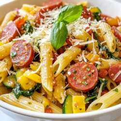 - 8 oz. penne pasta - 12 oz. kielbasa, sliced - 1 tablespoon extra virgin olive oil - 1 medium onion, finely diced - 3 cloves garlic, minced - 1 red bell pepper, thinly sliced - 1 medium zucchini, diced - 4 cups low-sodium chicken broth - 1 teaspoon dried Italian seasoning - 1/2 teaspoon red pepper flakes (optional) - Salt and freshly cracked pepper - 1 cup cherry tomatoes, halved - 1 cup fresh spinach, chopped - 1/2 cup finely grated Parmesan cheese - Fresh basil leaves for garnish This dish starts with simple ingredients. Each one plays a key role. First, the penne pasta gives a nice bite. Next, the kielbasa adds a rich, savory flavor. The olive oil helps the ingredients cook well. Then, we have the onion and garlic. They create a fragrant base. The red bell pepper and zucchini add color and crunch. Chicken broth is vital. It brings moisture and depth to the dish. Italian seasoning gives it a lovely, herby taste. If you like spice, the red pepper flakes are optional. Don't forget salt and pepper to taste. They enhance all the flavors. Cherry tomatoes add sweetness, while spinach brings freshness. Finally, Parmesan cheese makes it creamy and rich. Gather these ingredients, and you are ready to make a delicious meal. It’s simple, yet so flavorful! {{ingredient_image_2}} First, grab a large pot. Pour in one tablespoon of olive oil and heat it over medium heat. Watch for it to shimmer. Then, add the sliced kielbasa. Cook it for about 5-7 minutes. You want it browned and a bit crispy. This step adds great flavor. Next, add the finely diced onion, minced garlic, and thinly sliced red bell pepper to the pot. Stir well and cook for 3-4 minutes. The onion should turn translucent, and the peppers will soften. This mix will bring out a sweet aroma. Now, it’s time for the zucchini. Add the diced zucchini and stir everything together. Carefully pour in 4 cups of low-sodium chicken broth. Bring this to a gentle simmer. Once simmering, add the 8 oz. of penne pasta, 1 teaspoon of dried Italian seasoning, and 1/2 teaspoon of red pepper flakes if you like some heat. Season with salt and freshly cracked pepper. Make sure the pasta is fully submerged. Cover the pot and let it simmer for 10-12 minutes. Stir occasionally to keep the pasta from sticking. After the pasta cooks to your liking, fold in 1 cup of halved cherry tomatoes and 1 cup of chopped spinach. Cook for another 2-3 minutes until the spinach wilts and the tomatoes soften. Remove the pot from heat. Stir in 1/2 cup of finely grated Parmesan cheese. This makes the dish creamy. Taste and adjust the seasoning if needed. You can add more salt or pepper. To ensure even cooking of your pasta, always stir it during cooking. This helps prevent sticking and allows the pasta to absorb the rich flavors. Make sure the pasta is fully submerged in the broth. If it’s not, add a bit more broth or water. This will keep it from becoming dry. If you want to add some heat, increase the red pepper flakes. For a milder dish, skip them altogether. You can also add a splash of hot sauce for a different spice profile. Taste as you go, and adjust until you find your perfect level of heat. For a creamier sauce, use more Parmesan cheese. It melts beautifully and adds a rich flavor. You can also stir in a splash of heavy cream or a dollop of cream cheese after cooking. This will make your dish even more luscious and satisfying. Pro Tips Cook Pasta Al Dente: Make sure to cook the penne pasta until it is al dente to ensure the best texture. It will continue to absorb liquid while resting, so slightly undercooking it is a great strategy. Enhance Flavor: For an added depth of flavor, consider browning the kielbasa longer until it’s caramelized. This creates a rich, savory base for your dish. Vegetable Variations: Feel free to mix up the vegetables! Seasonal veggies like asparagus or mushrooms can be great substitutes in this recipe. Garnish for Freshness: Don’t skip the fresh basil leaves! They not only add a burst of color but also a fresh, aromatic touch that brightens the dish. {{image_4}} You can make your one pot kielbasa pasta even more colorful and healthy. Here are some great veggies to try: - Mushrooms: They add a nice earthy flavor. - Broccoli: Toss in some florets for crunch. - Carrots: Dice them for a sweet touch. - Peas: Add them for a pop of color and sweetness. Feel free to mix and match these vegetables. They not only boost nutrition but also add fun flavors to your dish. If you want to switch up the protein, there are many options. You can try: - Chicken: Use bite-sized pieces. Cook them until golden. - Turkey Sausage: A lighter option that still packs flavor. - Tofu: For a vegetarian choice, use firm tofu. Sauté it to add texture. These substitutes keep the meal exciting and cater to different diets. You can use other pasta shapes besides penne. Here are a few ideas: - Fusilli: Its twists hold sauce well. - Farfalle: These bow-ties add a fun look. - Shells: They catch the sauce nicely. Choosing different pasta shapes can change the meal's texture and fun. Enjoy experimenting! To store leftovers safely, let the dish cool down. Once cooled, place it in an airtight container. Make sure to cover it tightly to keep it fresh. This meal lasts about 3 to 4 days in the fridge. Always check for any bad smells or changes in color before eating leftovers. If you want to freeze your pasta, first allow it to cool completely. Then, transfer it to a freezer-safe container. You can also use heavy-duty freezer bags, removing as much air as you can. It will stay good for about 2 to 3 months in the freezer. When you're ready to eat it, just thaw it in the fridge overnight. To reheat your One Pot Kielbasa Pasta, the best method is on the stove. Place it in a pot over medium heat. Add a splash of chicken broth or water to prevent it from drying out. Stir it often until it's heated through. You can also use a microwave, but be sure to cover it to keep the moisture in. Heat in short bursts, stirring in between, for even warming. Yes, you can use other types of sausage. Try smoked sausage, Italian sausage, or turkey sausage. Each will change the flavor a bit. Just ensure you slice them thinly, so they cook well. You can also use plant-based sausage for a meat-free option. To keep pasta from sticking, stir it often while it cooks. You can also add a little olive oil to the pot. Make sure the pasta is fully submerged in the broth. This helps it cook evenly and stay separate. If you notice sticking, stir more while it simmers. One Pot Kielbasa Pasta pairs well with a fresh salad. A simple green salad with lemon vinaigrette works great. You can also serve it with garlic bread for a tasty side. If you like, add some roasted veggies for extra color and flavor. Enjoy your meal with a light dessert, like fruit or sorbet. This blog post revealed how to make a delightful one-pot kielbasa pasta. We explored necessary ingredients, easy steps, and helpful tips for success. Remember, you can swap ingredients or add veggies for a twist. Proper storage ensures your leftovers stay fresh and tasty. Whether you're a busy cook or a pasta lover, this meal shines. I hope you enjoy making this dish for yourself or loved ones. Happy cooking!