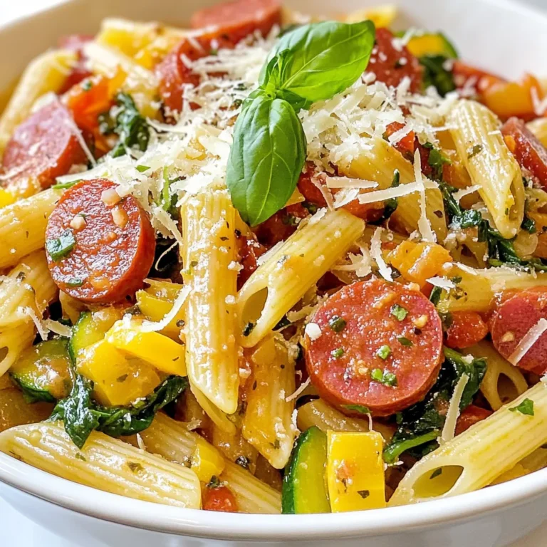 - 8 oz. penne pasta - 12 oz. kielbasa, sliced - 1 tablespoon extra virgin olive oil - 1 medium onion, finely diced - 3 cloves garlic, minced - 1 red bell pepper, thinly sliced - 1 medium zucchini, diced - 4 cups low-sodium chicken broth - 1 teaspoon dried Italian seasoning - 1/2 teaspoon red pepper flakes (optional) - Salt and freshly cracked pepper - 1 cup cherry tomatoes, halved - 1 cup fresh spinach, chopped - 1/2 cup finely grated Parmesan cheese - Fresh basil leaves for garnish This dish starts with simple ingredients. Each one plays a key role. First, the penne pasta gives a nice bite. Next, the kielbasa adds a rich, savory flavor. The olive oil helps the ingredients cook well. Then, we have the onion and garlic. They create a fragrant base. The red bell pepper and zucchini add color and crunch. Chicken broth is vital. It brings moisture and depth to the dish. Italian seasoning gives it a lovely, herby taste. If you like spice, the red pepper flakes are optional. Don't forget salt and pepper to taste. They enhance all the flavors. Cherry tomatoes add sweetness, while spinach brings freshness. Finally, Parmesan cheese makes it creamy and rich. Gather these ingredients, and you are ready to make a delicious meal. It’s simple, yet so flavorful! {{ingredient_image_2}} First, grab a large pot. Pour in one tablespoon of olive oil and heat it over medium heat. Watch for it to shimmer. Then, add the sliced kielbasa. Cook it for about 5-7 minutes. You want it browned and a bit crispy. This step adds great flavor. Next, add the finely diced onion, minced garlic, and thinly sliced red bell pepper to the pot. Stir well and cook for 3-4 minutes. The onion should turn translucent, and the peppers will soften. This mix will bring out a sweet aroma. Now, it’s time for the zucchini. Add the diced zucchini and stir everything together. Carefully pour in 4 cups of low-sodium chicken broth. Bring this to a gentle simmer. Once simmering, add the 8 oz. of penne pasta, 1 teaspoon of dried Italian seasoning, and 1/2 teaspoon of red pepper flakes if you like some heat. Season with salt and freshly cracked pepper. Make sure the pasta is fully submerged. Cover the pot and let it simmer for 10-12 minutes. Stir occasionally to keep the pasta from sticking. After the pasta cooks to your liking, fold in 1 cup of halved cherry tomatoes and 1 cup of chopped spinach. Cook for another 2-3 minutes until the spinach wilts and the tomatoes soften. Remove the pot from heat. Stir in 1/2 cup of finely grated Parmesan cheese. This makes the dish creamy. Taste and adjust the seasoning if needed. You can add more salt or pepper. To ensure even cooking of your pasta, always stir it during cooking. This helps prevent sticking and allows the pasta to absorb the rich flavors. Make sure the pasta is fully submerged in the broth. If it’s not, add a bit more broth or water. This will keep it from becoming dry. If you want to add some heat, increase the red pepper flakes. For a milder dish, skip them altogether. You can also add a splash of hot sauce for a different spice profile. Taste as you go, and adjust until you find your perfect level of heat. For a creamier sauce, use more Parmesan cheese. It melts beautifully and adds a rich flavor. You can also stir in a splash of heavy cream or a dollop of cream cheese after cooking. This will make your dish even more luscious and satisfying. Pro Tips Cook Pasta Al Dente: Make sure to cook the penne pasta until it is al dente to ensure the best texture. It will continue to absorb liquid while resting, so slightly undercooking it is a great strategy. Enhance Flavor: For an added depth of flavor, consider browning the kielbasa longer until it’s caramelized. This creates a rich, savory base for your dish. Vegetable Variations: Feel free to mix up the vegetables! Seasonal veggies like asparagus or mushrooms can be great substitutes in this recipe. Garnish for Freshness: Don’t skip the fresh basil leaves! They not only add a burst of color but also a fresh, aromatic touch that brightens the dish. {{image_4}} You can make your one pot kielbasa pasta even more colorful and healthy. Here are some great veggies to try: - Mushrooms: They add a nice earthy flavor. - Broccoli: Toss in some florets for crunch. - Carrots: Dice them for a sweet touch. - Peas: Add them for a pop of color and sweetness. Feel free to mix and match these vegetables. They not only boost nutrition but also add fun flavors to your dish. If you want to switch up the protein, there are many options. You can try: - Chicken: Use bite-sized pieces. Cook them until golden. - Turkey Sausage: A lighter option that still packs flavor. - Tofu: For a vegetarian choice, use firm tofu. Sauté it to add texture. These substitutes keep the meal exciting and cater to different diets. You can use other pasta shapes besides penne. Here are a few ideas: - Fusilli: Its twists hold sauce well. - Farfalle: These bow-ties add a fun look. - Shells: They catch the sauce nicely. Choosing different pasta shapes can change the meal's texture and fun. Enjoy experimenting! To store leftovers safely, let the dish cool down. Once cooled, place it in an airtight container. Make sure to cover it tightly to keep it fresh. This meal lasts about 3 to 4 days in the fridge. Always check for any bad smells or changes in color before eating leftovers. If you want to freeze your pasta, first allow it to cool completely. Then, transfer it to a freezer-safe container. You can also use heavy-duty freezer bags, removing as much air as you can. It will stay good for about 2 to 3 months in the freezer. When you're ready to eat it, just thaw it in the fridge overnight. To reheat your One Pot Kielbasa Pasta, the best method is on the stove. Place it in a pot over medium heat. Add a splash of chicken broth or water to prevent it from drying out. Stir it often until it's heated through. You can also use a microwave, but be sure to cover it to keep the moisture in. Heat in short bursts, stirring in between, for even warming. Yes, you can use other types of sausage. Try smoked sausage, Italian sausage, or turkey sausage. Each will change the flavor a bit. Just ensure you slice them thinly, so they cook well. You can also use plant-based sausage for a meat-free option. To keep pasta from sticking, stir it often while it cooks. You can also add a little olive oil to the pot. Make sure the pasta is fully submerged in the broth. This helps it cook evenly and stay separate. If you notice sticking, stir more while it simmers. One Pot Kielbasa Pasta pairs well with a fresh salad. A simple green salad with lemon vinaigrette works great. You can also serve it with garlic bread for a tasty side. If you like, add some roasted veggies for extra color and flavor. Enjoy your meal with a light dessert, like fruit or sorbet. This blog post revealed how to make a delightful one-pot kielbasa pasta. We explored necessary ingredients, easy steps, and helpful tips for success. Remember, you can swap ingredients or add veggies for a twist. Proper storage ensures your leftovers stay fresh and tasty. Whether you're a busy cook or a pasta lover, this meal shines. I hope you enjoy making this dish for yourself or loved ones. Happy cooking!