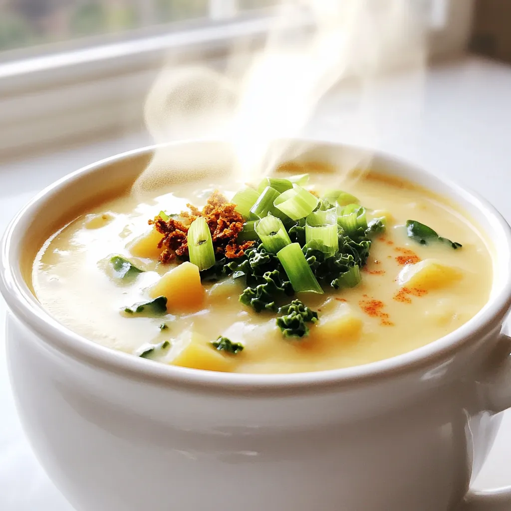 - 4 large russet potatoes, baked and cooled - 1 tablespoon olive oil - 1 medium onion, diced - 3 cloves garlic, minced - 4 cups vegetable broth - 1 cup heavy cream - 1 cup shredded sharp cheddar cheese - 1/2 cup sour cream - 1 teaspoon smoked paprika - Salt and pepper to taste - 4 green onions, chopped (for garnish) - Crumbled crispy kale or bacon bits (optional, for garnish) Russet potatoes are the star of this soup. They have a fluffy texture when baked. This gives the soup its creamy base. Heavy cream adds a rich, smooth flavor. It makes each bite feel like a warm hug. Sharp cheddar cheese brings a bold taste. This creates a nice contrast with the creaminess. Garlic and onion add depth and aroma. They make the soup smell divine as it cooks. Smoked paprika gives a subtle smoky flavor. It enhances the overall taste. You can switch russet potatoes for Yukon gold potatoes. They are creamy and sweet. If you want a lighter soup, use half-and-half instead of heavy cream. For a dairy-free version, try coconut milk or almond milk. Nutritional yeast can replace cheese for a cheesy flavor. You can also skip the sour cream and use cashew cream for a dairy-free option. If you like spice, add a dash of cayenne pepper. This gives the soup a nice kick. First, gather all your ingredients. You will need four large russet potatoes, olive oil, onion, garlic, vegetable broth, heavy cream, shredded cheddar cheese, sour cream, smoked paprika, salt, pepper, green onions, and optional toppings like crispy kale or bacon bits. Next, preheat your oven to 400°F (200°C). While it heats, wash the russet potatoes well. Place them directly on the oven rack. Bake the potatoes for about one hour. They are done when they feel soft when poked with a fork. Once done, take them out and let them cool. After cooling, cut each potato in half lengthwise. Use a spoon to scoop out the flesh into a bowl. Leave a thin layer of potato in the skins. This adds texture and support. Now, grab a large pot. Heat one tablespoon of olive oil over medium heat. Add the diced onion and sauté for five minutes. You want the onions to become soft and clear. Next, stir in the minced garlic. Cook it for one to two minutes until it smells great. Pour in four cups of vegetable broth. Bring the mixture to a gentle simmer. Now, add the scooped potato flesh, one cup of heavy cream, one cup of shredded cheddar cheese, and one teaspoon of smoked paprika. Season with salt and pepper. Stir the mix well. Cook until the cheese melts and the soup is creamy. If you like smooth soup, use an immersion blender to puree it. If you prefer chunks, leave some potato pieces intact. Finally, stir in half a cup of sour cream. This will make your soup even creamier. Taste it and adjust the salt and pepper as needed. Serve your soup hot in bowls. Garnish with chopped green onions. If you want, add crispy kale or bacon bits on top for extra crunch and flavor. Enjoy your creamy baked potato soup! To get that silky smooth texture, blend the soup well. Use an immersion blender for best results. If you want some texture, leave small potato chunks. Add heavy cream slowly to keep it creamy. Adjust the thickness by adding more broth if needed. Boost the flavor with sharp cheddar cheese. Smoked paprika adds depth and warmth. For extra zest, try adding a splash of lemon juice. Fresh herbs like thyme or chives can brighten the dish. Don't forget to season with salt and pepper to bring all the flavors together. Avoid overcooking the garlic; it can taste bitter. Also, don't skip the step of cooling the baked potatoes. If the potatoes are too hot, blending can be messy. Lastly, taste the soup before serving; you might need more salt or cream. {{image_4}} You can make a dairy-free version of baked potato soup. Start by using coconut milk instead of heavy cream. It gives a nice creamy taste without dairy. For cheese, use nutritional yeast. This adds a cheesy flavor. You can also add cashew cream for richness. Just blend soaked cashews with water until smooth. To make your soup loaded with toppings, think about adding crispy bacon bits, extra cheese, or sour cream. You can also toss in some broccoli or chives for a healthy twist. Try adding jalapeños if you like heat. Want more crunch? Top it with crispy kale or fried onions. The great news is that baked potato soup is naturally gluten-free! Just ensure your vegetable broth is gluten-free. If you want a thicker soup, use cornstarch mixed with water to thicken it up. This keeps it gluten-free while making it nice and creamy. Enjoy all the flavors without any worry! To store leftover baked potato soup, let it cool down first. Then, pour it into an airtight container. Seal it tightly to keep out air. You can keep it in the fridge for up to five days. Make sure to label the container with the date. This helps you know when to eat it. When you want to enjoy your soup again, reheat it slowly. Pour the soup into a pot over low heat. Stir it often to avoid burning. You can also use a microwave. Place the soup in a microwave-safe bowl. Heat it in short bursts, stirring in between. Make sure it is hot throughout before serving. Freezing baked potato soup is easy. First, cool the soup completely. Then, pour it into freezer-safe containers. Leave some space at the top, as soup expands when frozen. You can freeze it for up to three months. When you’re ready to eat, thaw it overnight in the fridge. Reheat it gently on the stove or in the microwave. The best type of potato is the russet potato. Russets have a high starch content. This makes them fluffy and creamy when cooked. Their texture works well in soup. You can use other potato types, but russets give the best result. Yes, you can make this soup in a slow cooker. Start by baking the potatoes as usual. Then scoop out the insides and add them to the slow cooker. Add the olive oil, onion, garlic, broth, cream, and spices. Cook on low for about 6 hours. Blend it all together and stir in the sour cream before serving. You can make it healthier by using low-fat dairy options. Swap heavy cream for milk or a plant-based milk. Use less cheese or choose a lighter cheese. You can also add more veggies like spinach or kale for extra nutrients. Reducing salt and using herbs for flavor is a great idea too. This article explored how to make delicious baked potato soup. We covered key ingredients, their details, and alternatives. The cooking process included step-by-step instructions for preparation and serving. Tips ensured creamy texture and flavor boosts while avoiding mistakes. We shared variations like dairy-free and gluten-free options. Finally, we discussed storing leftover soup and reheating it. With these insights, you can create your perfect baked potato soup every time. Enjoy the cooking!