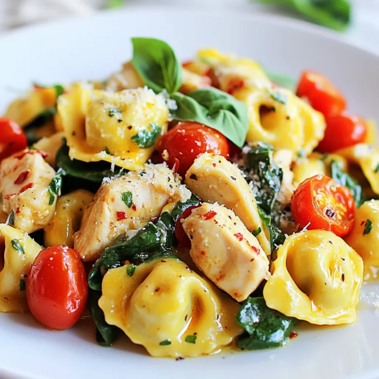 - 2 cups boneless, skinless chicken breast - 1 package (9 oz) tortellini - 4 tablespoons unsalted butter - 4 cloves garlic - 1 teaspoon red pepper flakes - 1/2 teaspoon smoked paprika - Salt and freshly cracked pepper - 1 cup cherry tomatoes - 2 cups fresh baby spinach leaves - Fresh basil leaves - Grated Parmesan cheese - You can use turkey or tofu instead of chicken. - Look for gluten-free tortellini made from rice or corn. - Use olive oil or vegan butter for a dairy-free option. - Store chicken in the fridge for up to two days. - Keep fresh produce in a cool, dry place. - Use cherry tomatoes within one week for the best taste. {{ingredient_image_2}} 1. First, fill a large pot with water and add salt. 2. Bring the water to a rolling boil. 3. Once boiling, add the tortellini. 4. Cook according to the package instructions, usually 4-5 minutes. 5. Check if they are al dente. They should be firm but tender. 6. Drain the tortellini and set them aside in a colander. 1. Next, heat a large skillet over medium heat. 2. Add 2 tablespoons of butter and let it melt. 3. Add the diced chicken to the skillet. 4. Season the chicken with salt, pepper, and smoked paprika. 5. Cook for 5-7 minutes, stirring occasionally. 6. The chicken should be golden brown and fully cooked. 1. In the same skillet, add the remaining 2 tablespoons of butter. 2. Allow the butter to melt completely. 3. Add the minced garlic and red pepper flakes. 4. Sauté for about 1 minute, stirring all the time. 5. This will help the garlic stay fragrant and not burn. 1. To the skillet, add the halved cherry tomatoes and fresh spinach. 2. Stir and sauté for 2-3 minutes. 3. The spinach should wilt and the tomatoes should soften. 4. Return the cooked chicken and drained tortellini to the skillet. 5. Toss everything gently together. 6. Make sure the chicken and tortellini are well-coated. 1. Use tongs to plate generous servings of the dish. 2. Garnish with fresh basil leaves for a pop of color. 3. Finish with grated Parmesan cheese on top. 4. Serve in shallow bowls or on plates for a nice look. 5. Pair with a side of crusty bread for a complete meal. - To avoid overcooked tortellini, watch the clock. Cook them for 4-5 minutes. Test them by tasting. They should be al dente, not mushy. - Keep chicken tender by not overcooking it. Cook until golden brown, around 5-7 minutes. Use medium heat for even cooking. - To balance flavors with spices, start with less. You can always add more. Taste as you go. Adjust salt and red pepper flakes to your liking. - For serving, use shallow bowls or nice plates. This showcases the dish well. - Add fresh herbs like basil on top. They add color and aroma. A few extra leaves make it pop. - Pair with sides like crusty bread or a fresh salad. This makes the meal feel complete and satisfying. - Meal prep your ingredients. Dice chicken and chop garlic ahead of time. This saves you time during cooking. - Use a food processor for quick chopping. It makes prep faster and easier. - Try one-pan cooking techniques. You can cook everything in the same skillet. This saves time on washing dishes. Pro Tips Use Fresh Ingredients: Fresh garlic, tomatoes, and spinach will enhance the flavor of the dish significantly. Avoid pre-minced garlic for the best aroma. Customize the Heat: Feel free to adjust the amount of red pepper flakes according to your spice tolerance. Adding a splash of hot sauce can also elevate the heat. Don’t Overcook the Tortellini: Be sure to follow the package instructions for cooking the tortellini. Overcooked pasta can become mushy, detracting from the dish’s texture. Garnish for Flavor: Don’t skip the fresh basil and Parmesan cheese. They add a burst of flavor and make the dish visually appealing. {{image_4}} You can switch up the protein in this dish. Instead of chicken, try shrimp or tofu. Both options add unique flavors. Adding more vegetables boosts nutrition and color. Consider bell peppers, zucchini, or peas. They cook quickly and enhance the meal. Different tortellini fillings can change the taste. Cheese tortellini pairs well with garlic butter. Spinach tortellini adds more greens and flavor. To make it healthier, use less butter or substitute with olive oil. This change reduces saturated fat without losing flavor. For vegan and vegetarian options, replace chicken with chickpeas or lentils. Use vegan butter and skip cheese for a tasty meal. Gluten-free adaptations are easy. Look for gluten-free tortellini made from rice or corn. This way, everyone can enjoy this dish. Adding more herbs and spices can elevate the taste. Try oregano, thyme, or a pinch of cayenne for extra kick. Incorporating citrus flavors, like lemon juice or zest, brightens the dish. It adds a fresh and zesty twist. Adding cream or broth gives richness to the sauce. A splash of heavy cream or chicken broth makes it more luxurious. To keep your Spicy Garlic Butter Chicken Tortellini fresh, use airtight containers. Glass containers work best. They keep your food safe and make it easy to see what you have. For short-term, refrigerate leftovers. They stay good for 3 to 4 days. If you want to store them longer, freezing is a great option. Your dish lasts up to 3 months in the freezer. Just make sure to cool it before freezing. When reheating tortellini, avoid mushiness. Use a skillet on medium heat. Add a splash of water or broth to help steam and warm the dish evenly. Stir gently to mix. If you prefer the microwave, use a safe dish. Add a few drops of water and cover it. Heat in short bursts, stirring in between. This keeps your tortellini firm and tasty. To keep basil fresh, store it upright in a glass of water. Cover it loosely with a plastic bag. Change the water every few days to keep it lively. For cream sauces, store them in a sealed container in the fridge. Use them within a week for the best flavor. If you freeze them, try to use them within a month. Tortellini is a type of pasta. It is shaped like a small ring or a hat. Traditionally, it is filled with cheese or meat. You can find it fresh or dried at many stores. To make fresh tortellini, you roll out dough. Then, you cut it into small circles. Place filling in the center and fold it over. Pinch the edges to seal it. Cooking tortellini is easy. Boil it in salted water until it floats, usually 4-5 minutes. Yes, you can make this recipe in advance. Cook the chicken and tortellini, but do not mix them with the sauce. Store the chicken, tortellini, and sauce separately in the fridge. When you’re ready to eat, reheat everything gently. This keeps the flavors fresh and the pasta from getting mushy. To adjust the spice level, play with the red pepper flakes. Use less if you prefer a milder dish. You can also skip them entirely if you want no heat. For more spice, add more flakes or use fresh chili peppers. Taste as you go to find your perfect balance. This dish is great for meal prep! You can cook it all and store it in portions. Use airtight containers for easy grab-and-go meals. Reheat in the microwave or on the stove. Just be careful not to overcook the tortellini while reheating. This dish pairs well with several sides. A simple green salad adds freshness. You can also serve garlic bread for dipping. Roasted vegetables make a healthy addition, too. For a cozy feel, try a warm bowl of soup. Enjoy mixing and matching your sides! This dish combines simple, tasty ingredients, making it a family favorite. You can tweak the recipe with substitutes, variations, and tips to suit your needs. Make it unique with different proteins or veggies. Remember to store leftovers properly to enjoy later. Follow the steps for a delightful meal that’s easy to prep and cook. Enjoy the rich flavors that will impress everyone at the table. Happy cooking!