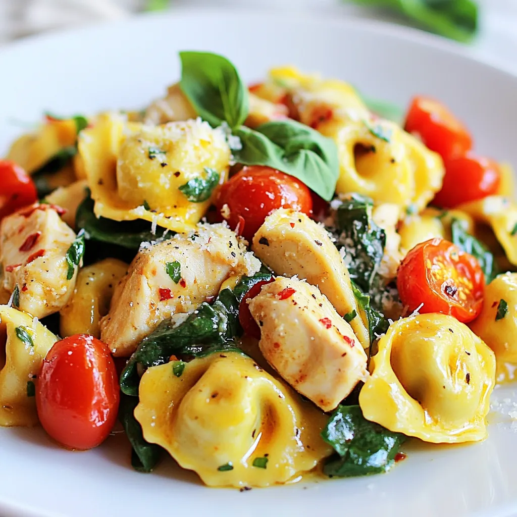 - 2 cups boneless, skinless chicken breast - 1 package (9 oz) tortellini - 4 tablespoons unsalted butter - 4 cloves garlic - 1 teaspoon red pepper flakes - 1/2 teaspoon smoked paprika - Salt and freshly cracked pepper - 1 cup cherry tomatoes - 2 cups fresh baby spinach leaves - Fresh basil leaves - Grated Parmesan cheese - You can use turkey or tofu instead of chicken. - Look for gluten-free tortellini made from rice or corn. - Use olive oil or vegan butter for a dairy-free option. - Store chicken in the fridge for up to two days. - Keep fresh produce in a cool, dry place. - Use cherry tomatoes within one week for the best taste. {{ingredient_image_2}} 1. First, fill a large pot with water and add salt. 2. Bring the water to a rolling boil. 3. Once boiling, add the tortellini. 4. Cook according to the package instructions, usually 4-5 minutes. 5. Check if they are al dente. They should be firm but tender. 6. Drain the tortellini and set them aside in a colander. 1. Next, heat a large skillet over medium heat. 2. Add 2 tablespoons of butter and let it melt. 3. Add the diced chicken to the skillet. 4. Season the chicken with salt, pepper, and smoked paprika. 5. Cook for 5-7 minutes, stirring occasionally. 6. The chicken should be golden brown and fully cooked. 1. In the same skillet, add the remaining 2 tablespoons of butter. 2. Allow the butter to melt completely. 3. Add the minced garlic and red pepper flakes. 4. Sauté for about 1 minute, stirring all the time. 5. This will help the garlic stay fragrant and not burn. 1. To the skillet, add the halved cherry tomatoes and fresh spinach. 2. Stir and sauté for 2-3 minutes. 3. The spinach should wilt and the tomatoes should soften. 4. Return the cooked chicken and drained tortellini to the skillet. 5. Toss everything gently together. 6. Make sure the chicken and tortellini are well-coated. 1. Use tongs to plate generous servings of the dish. 2. Garnish with fresh basil leaves for a pop of color. 3. Finish with grated Parmesan cheese on top. 4. Serve in shallow bowls or on plates for a nice look. 5. Pair with a side of crusty bread for a complete meal. - To avoid overcooked tortellini, watch the clock. Cook them for 4-5 minutes. Test them by tasting. They should be al dente, not mushy. - Keep chicken tender by not overcooking it. Cook until golden brown, around 5-7 minutes. Use medium heat for even cooking. - To balance flavors with spices, start with less. You can always add more. Taste as you go. Adjust salt and red pepper flakes to your liking. - For serving, use shallow bowls or nice plates. This showcases the dish well. - Add fresh herbs like basil on top. They add color and aroma. A few extra leaves make it pop. - Pair with sides like crusty bread or a fresh salad. This makes the meal feel complete and satisfying. - Meal prep your ingredients. Dice chicken and chop garlic ahead of time. This saves you time during cooking. - Use a food processor for quick chopping. It makes prep faster and easier. - Try one-pan cooking techniques. You can cook everything in the same skillet. This saves time on washing dishes. Pro Tips Use Fresh Ingredients: Fresh garlic, tomatoes, and spinach will enhance the flavor of the dish significantly. Avoid pre-minced garlic for the best aroma. Customize the Heat: Feel free to adjust the amount of red pepper flakes according to your spice tolerance. Adding a splash of hot sauce can also elevate the heat. Don’t Overcook the Tortellini: Be sure to follow the package instructions for cooking the tortellini. Overcooked pasta can become mushy, detracting from the dish’s texture. Garnish for Flavor: Don’t skip the fresh basil and Parmesan cheese. They add a burst of flavor and make the dish visually appealing. {{image_4}} You can switch up the protein in this dish. Instead of chicken, try shrimp or tofu. Both options add unique flavors. Adding more vegetables boosts nutrition and color. Consider bell peppers, zucchini, or peas. They cook quickly and enhance the meal. Different tortellini fillings can change the taste. Cheese tortellini pairs well with garlic butter. Spinach tortellini adds more greens and flavor. To make it healthier, use less butter or substitute with olive oil. This change reduces saturated fat without losing flavor. For vegan and vegetarian options, replace chicken with chickpeas or lentils. Use vegan butter and skip cheese for a tasty meal. Gluten-free adaptations are easy. Look for gluten-free tortellini made from rice or corn. This way, everyone can enjoy this dish. Adding more herbs and spices can elevate the taste. Try oregano, thyme, or a pinch of cayenne for extra kick. Incorporating citrus flavors, like lemon juice or zest, brightens the dish. It adds a fresh and zesty twist. Adding cream or broth gives richness to the sauce. A splash of heavy cream or chicken broth makes it more luxurious. To keep your Spicy Garlic Butter Chicken Tortellini fresh, use airtight containers. Glass containers work best. They keep your food safe and make it easy to see what you have. For short-term, refrigerate leftovers. They stay good for 3 to 4 days. If you want to store them longer, freezing is a great option. Your dish lasts up to 3 months in the freezer. Just make sure to cool it before freezing. When reheating tortellini, avoid mushiness. Use a skillet on medium heat. Add a splash of water or broth to help steam and warm the dish evenly. Stir gently to mix. If you prefer the microwave, use a safe dish. Add a few drops of water and cover it. Heat in short bursts, stirring in between. This keeps your tortellini firm and tasty. To keep basil fresh, store it upright in a glass of water. Cover it loosely with a plastic bag. Change the water every few days to keep it lively. For cream sauces, store them in a sealed container in the fridge. Use them within a week for the best flavor. If you freeze them, try to use them within a month. Tortellini is a type of pasta. It is shaped like a small ring or a hat. Traditionally, it is filled with cheese or meat. You can find it fresh or dried at many stores. To make fresh tortellini, you roll out dough. Then, you cut it into small circles. Place filling in the center and fold it over. Pinch the edges to seal it. Cooking tortellini is easy. Boil it in salted water until it floats, usually 4-5 minutes. Yes, you can make this recipe in advance. Cook the chicken and tortellini, but do not mix them with the sauce. Store the chicken, tortellini, and sauce separately in the fridge. When you’re ready to eat, reheat everything gently. This keeps the flavors fresh and the pasta from getting mushy. To adjust the spice level, play with the red pepper flakes. Use less if you prefer a milder dish. You can also skip them entirely if you want no heat. For more spice, add more flakes or use fresh chili peppers. Taste as you go to find your perfect balance. This dish is great for meal prep! You can cook it all and store it in portions. Use airtight containers for easy grab-and-go meals. Reheat in the microwave or on the stove. Just be careful not to overcook the tortellini while reheating. This dish pairs well with several sides. A simple green salad adds freshness. You can also serve garlic bread for dipping. Roasted vegetables make a healthy addition, too. For a cozy feel, try a warm bowl of soup. Enjoy mixing and matching your sides! This dish combines simple, tasty ingredients, making it a family favorite. You can tweak the recipe with substitutes, variations, and tips to suit your needs. Make it unique with different proteins or veggies. Remember to store leftovers properly to enjoy later. Follow the steps for a delightful meal that’s easy to prep and cook. Enjoy the rich flavors that will impress everyone at the table. Happy cooking!