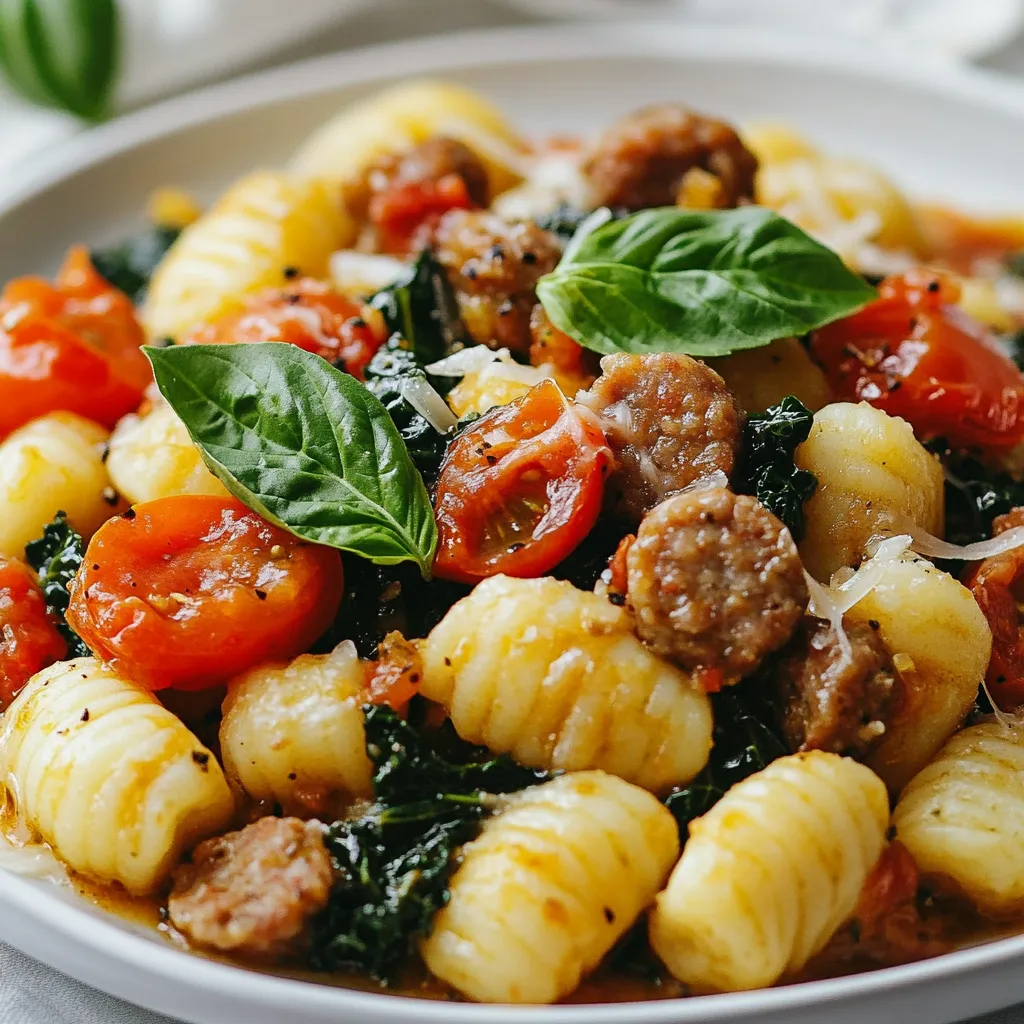 To make this dish, you need a few key ingredients: - 400g potato gnocchi - 250g Italian sausage, casings removed - 1 small onion, finely chopped - 2 garlic cloves, minced - 1 can (400g) diced tomatoes - 1 cup kale, chopped (or substitute with spinach) - 1/2 cup heavy cream - 1 teaspoon dried oregano - Salt and black pepper to taste - Olive oil for cooking These ingredients come together to create a warm, hearty meal. The potato gnocchi adds a soft texture that pairs well with the rich sauce. The Italian sausage brings bold flavor, while the kale adds some nice greens. You can adjust the dish to your taste with optional ingredients: - Red pepper flakes for heat - Fresh herbs like thyme or parsley - A splash of white wine for depth These extras can elevate the dish. Red pepper flakes add a spicy kick. Fresh herbs bring brightness, while white wine adds a layer of flavor. Garnishing makes your dish look inviting. Here are some great options: - Fresh basil leaves - Grated Parmesan cheese Basil adds a fresh note. Parmesan brings saltiness and creaminess. A garnish not only enhances the look but also boosts flavor. {{ingredient_image_2}} Start by gathering your ingredients. Here’s what you need: - 400g potato gnocchi - 250g Italian sausage, casings removed - 1 small onion, finely chopped - 2 garlic cloves, minced - 1 can (400g) diced tomatoes - 1 cup kale, chopped (or spinach) - 1/2 cup heavy cream - 1 teaspoon dried oregano - Salt and freshly cracked black pepper - Olive oil for cooking - Fresh basil leaves for garnish - Grated Parmesan cheese for serving Chop the onion and garlic. Set them aside. This saves time later. If you use kale, wash and chop it. Heat a good amount of olive oil in a large skillet over medium heat. Add the chopped onion. Cook it for about 3 to 4 minutes until it is soft and clear. Next, add the minced garlic. Cook it for one more minute. You want it to smell great, but don’t burn it. Now, add the Italian sausage. Use a wooden spoon to break it up as it cooks. Brown it for about 5 to 7 minutes. Make sure it is no longer pink. Pour in the can of diced tomatoes along with the juices. Add the dried oregano and mix well. Bring this mix to a gentle simmer. Let it cook for 5 minutes. This helps the flavors blend. Then, stir in the chopped kale or spinach. Cook it for about 2 minutes until it wilts. Reduce the heat to low. Carefully stir in the heavy cream. Mix it until everything is combined. Let it heat for another 2 to 3 minutes. This makes a creamy sauce. While the sauce heats, bring a large pot of salted water to a boil. Once boiling, add the potato gnocchi. Cook per the package instructions, about 2 to 3 minutes. They are done when they float to the surface. Drain the gnocchi well. Add the drained gnocchi into the skillet with the sausage and sauce. Toss gently to coat the gnocchi with the rich sauce. Taste the dish and add salt and black pepper if needed. Remove the skillet from heat. Serve the gnocchi right away. Garnish each plate with fresh basil leaves and a sprinkle of grated Parmesan cheese. Enjoy your delicious Tuscan sausage gnocchi! To cook gnocchi, start with a large pot of salted water. Bring it to a boil. Once boiling, add the potato gnocchi. They usually cook for 2-3 minutes. You know they are done when they float to the top. Floating means they are ready to be drained. After cooking, drain them well but don’t rinse. This keeps the starch for better sauce adherence. Herbs and spices can boost the flavor of your gnocchi. Dried oregano adds a nice touch. Fresh basil is perfect for garnish, adding aroma and color. You can also try red pepper flakes for a kick. If you like a milder taste, substitute kale with spinach. This keeps the dish light while still flavorful. Avoid overcooking your gnocchi. They should be soft but not mushy. Another mistake is not seasoning the water. Salting the water enhances flavor. When adding the gnocchi to the sauce, do it gently. Tossing too hard can break them apart. Always taste and adjust the seasoning at the end. This ensures that each bite is delicious. Pro Tips Use Fresh Ingredients: For the best flavor, opt for fresh garlic, onions, and herbs. Fresh ingredients enhance the overall taste of the dish. Don't Overcook the Gnocchi: Gnocchi are done when they float to the surface. Overcooking can make them mushy, so keep an eye on them! Adjust the Creaminess: If you prefer a lighter sauce, reduce the amount of heavy cream or substitute with half-and-half for a lower fat option. Garnish for Flavor: Fresh basil and Parmesan not only add visual appeal but also enhance the flavor profile of the dish, so don’t skip this step! {{image_4}} You can make a tasty vegetarian version of Tuscan sausage gnocchi. Replace the Italian sausage with a plant-based sausage. You can also use mushrooms for a hearty texture. Add extra veggies like bell peppers or zucchini for more flavor. This keeps the dish rich and filling without meat. If you have dietary needs, you can still enjoy this dish. Use gluten-free gnocchi made from rice or corn. For dairy-free options, swap heavy cream with coconut milk or cashew cream. Adjusting the recipe ensures everyone can enjoy the meal without worry. Seasonal produce can change the dish's flavor. In spring, add fresh asparagus or peas for a bright taste. In summer, use ripe tomatoes and basil for a fresh twist. Autumn brings squash or pumpkin for a cozy feel. These variations keep the dish exciting all year round. To store your Tuscan sausage gnocchi, let it cool first. Place leftovers in an airtight container. Make sure to seal it well. You can keep it in the fridge for about 3 to 4 days. This helps keep the flavors fresh. When reheating, use a skillet on low heat. Add a splash of water or broth to keep it moist. Stir regularly to heat it evenly. If you prefer, you can also use the microwave. Just cover the dish with a lid or a paper towel. Heat in short bursts, checking often. To freeze, pack the gnocchi and sauce in separate bags. This helps keep the gnocchi from getting mushy. Use freezer-safe bags and squeeze out excess air. Label the bags with the date. You can freeze for up to 3 months. When ready to eat, thaw overnight in the fridge. Reheat as mentioned above. Enjoy your meal! You can use turkey sausage or chicken sausage. These options are leaner and still taste great. If you want a vegetarian choice, try crumbled tempeh or lentils. Both add protein and texture. Season them with Italian herbs to mimic the sausage flavor. Yes, you can make gnocchi from scratch! Use potatoes, flour, and egg. Boil the potatoes, mash them, then mix with flour and egg to form a dough. Roll into small pieces and shape them. Boil until they float, and you have fresh gnocchi. It's fun and tastes amazing! Gnocchi is done when it floats to the top of the boiling water. This usually takes 2-3 minutes. Once they float, give them another minute to cook fully. Drain them carefully and add to your dish. Perfectly cooked gnocchi should be soft and light. In this article, we explored how to make Tuscan Sausage Gnocchi step by step. We covered key ingredients, cooking methods, tips, variations, and storage. Each section offers valuable insights for a tasty dish. Remember, cooking is about fun and trying new things. Don’t hesitate to adapt recipes to your taste. With these tips, you’ll create a meal your family will love. Enjoy your cooking journey!