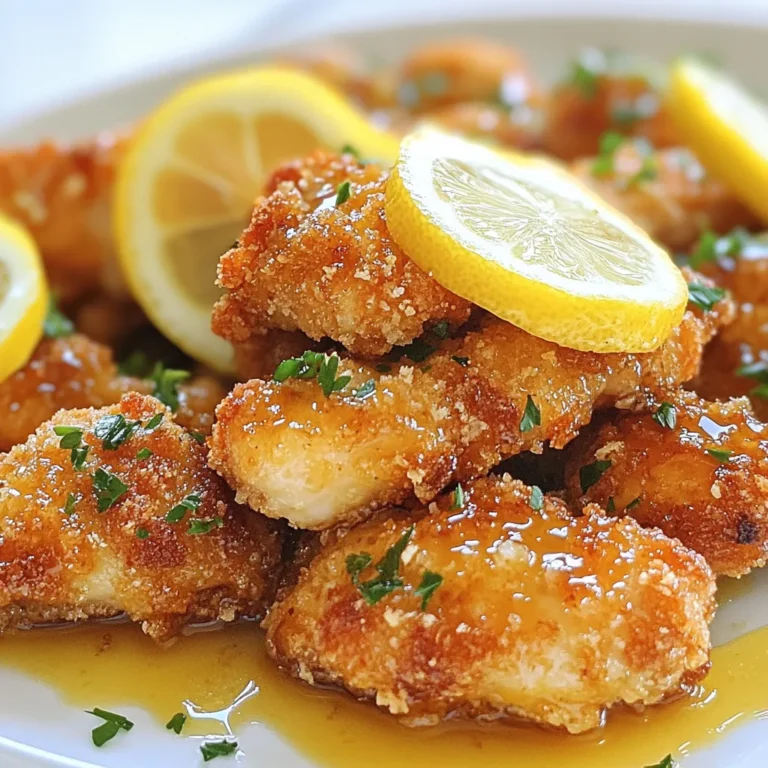 To make crispy honey lemon chicken, gather these ingredients: - 1 lb chicken breast, cut into bite-sized pieces - 1 cup all-purpose flour - 2 large eggs, beaten - 1 cup panko breadcrumbs - 1/4 cup honey - 1/4 cup freshly squeezed lemon juice - Zest of 1 lemon - 1 tablespoon soy sauce - 1 teaspoon garlic powder - 1 teaspoon ginger powder - Salt and freshly ground black pepper to taste - Oil for frying (vegetable or canola works well) - Optional: lemon slices and fresh parsley for garnish Garnishing adds color and flair. Here are some fun ideas: - Fresh lemon slices for a zesty touch - Chopped parsley for a pop of green - Sesame seeds for a crunchy finish If you don't have an ingredient, here are some swaps: - Use chicken thighs instead of breasts for more flavor. - Swap all-purpose flour with cornstarch for a gluten-free option. - Maple syrup can replace honey if you need a vegan option. - Lemon juice can be swapped with lime juice for a different zing. {{ingredient_image_2}} Start by mixing the dry ingredients. In a shallow dish, combine 1 cup of all-purpose flour, 1 teaspoon of garlic powder, 1 teaspoon of ginger powder, salt, and pepper. Mix well to ensure even flavor. This mixture will coat the chicken and give it a great base. Next, prepare your chicken. Cut 1 pound of chicken breast into bite-sized pieces. Take each piece, dredge it in the flour mixture first. Make sure it gets a light coat. Then, dip it in 2 beaten eggs, allowing any extra egg to drip off. Finally, roll it in 1 cup of panko breadcrumbs. This step makes the chicken extra crispy. Now, let’s make the sauce. In a medium bowl, whisk together 1/4 cup of honey, 1/4 cup of freshly squeezed lemon juice, lemon zest from 1 lemon, and 1 tablespoon of soy sauce. Mix until it’s smooth and well combined. Set this delicious sauce aside for later. Heat oil in a large skillet over medium-high heat. Use vegetable or canola oil for the best results. Once the oil is shimmering, carefully add the breaded chicken pieces. Do this in batches to avoid crowding the pan. Fry each piece for about 4-5 minutes on each side until golden brown and crispy. Transfer cooked chicken to a plate lined with paper towels to soak up extra oil. Once all the chicken is fried, it’s time to sauce it up. While the chicken is still warm, drizzle the honey lemon sauce over the pieces. Toss gently to make sure every piece is coated. For a nice touch, arrange the chicken on a serving platter. Garnish with lemon slices and fresh parsley. This adds color and makes it look inviting. Enjoy your crispy honey lemon chicken! To get your chicken super crispy, follow a few key steps. First, use panko breadcrumbs. They create a great crunch. When breading, make sure to shake off extra flour and egg. This keeps the coating light. Fry in hot oil. The oil should shimmer but not smoke. Cook in batches to avoid overcrowding. This ensures even cooking and crispiness. Choosing the right oil is important. Vegetable oil or canola oil works best for frying. These oils have a high smoke point. This means they can handle the heat without burning. Make sure to heat enough oil, about half an inch deep in the pan. This allows the chicken to fry evenly. Always check the temperature with a small piece of bread. If it sizzles, the oil is ready. Serve your crispy honey lemon chicken with fresh lemon slices. They add a nice touch and extra zing. You can also sprinkle fresh parsley on top for color. Pair it with rice or a light salad to balance the flavors. This dish is perfect for family dinners or gatherings. It looks great on a platter and tastes even better! Pro Tips Use Cold Chicken: For extra crispiness, consider using chicken that has been refrigerated. The cold meat helps the coating adhere better and fry up crispier. Double Dredge for Extra Crunch: If you want an even crunchier coating, try double dredging the chicken. After the first coating of flour, egg, and breadcrumbs, repeat the process for a thicker crust. Rest After Frying: Let the fried chicken rest on a wire rack instead of paper towels. This prevents steam from making the coating soggy and keeps it crispy longer. Adjust Sauce to Taste: Taste your honey lemon sauce before drizzling. If you prefer it sweeter or more tart, adjust the honey or lemon juice accordingly for a perfect balance. {{image_4}} For a quick and easy meal, try a stir-fry. Use the same chicken pieces. Instead of frying, sauté them in a hot pan with a bit of oil. Add your favorite veggies like bell peppers, broccoli, and snap peas. Toss in the honey lemon sauce near the end. Serve over rice or noodles for a complete meal. If you prefer a healthier option, bake the chicken instead. Preheat your oven to 400°F (200°C). After coating the chicken, place it on a baking sheet lined with parchment paper. Spray the chicken lightly with cooking spray. Bake for about 20-25 minutes or until golden brown and crispy. Drizzle the honey lemon sauce on top before serving. To enhance the flavor, add spices to the breading. Try paprika or cayenne for some heat. You can also mix in fresh herbs like thyme or rosemary for a fresh touch. For a tropical twist, add pineapple juice to the honey lemon sauce. These small changes can make a big difference in taste. To keep your crispy honey lemon chicken fresh, let it cool first. Place the chicken in an airtight container. Make sure to separate any sauce from the chicken to prevent sogginess. Store it in the fridge for up to three days. This way, you can enjoy it later without losing its crunch. When you want to enjoy your leftovers, use the oven for the best results. Preheat your oven to 350°F (175°C). Place the chicken on a baking sheet. Bake for about 10-15 minutes until it is heated through. This method keeps the chicken crispy. You can also use an air fryer, which works well to reheat and restore that crunch. If you want to freeze your chicken, do it right after cooking. Let it cool completely before packing it. Use a freezer-safe bag or container. It can last for up to three months in the freezer. When ready to eat, thaw it overnight in the fridge. Reheat it in the oven for a crispy finish. Avoid microwaving, as it can make the chicken soggy. I recommend using vegetable or canola oil for frying. Both oils have a high smoke point. This means they can handle heat well without burning. This helps keep your chicken crispy and golden. Other oils, like peanut oil, also work well if you prefer their flavor. Yes, you can use chicken thighs if you like. Thighs have more fat, making them juicier and more flavorful. Just cut them into bite-sized pieces, like the breasts. The cooking time may be similar, but check they are cooked through. To make this dish gluten-free, use gluten-free flour and breadcrumbs. Many brands offer these options now. You can also check the soy sauce label for gluten-free varieties. This way, you can enjoy the same great taste without gluten. This recipe is not spicy at all. It focuses on sweet and tangy flavors from honey and lemon. If you like a kick, add some chili flakes or hot sauce to the honey lemon sauce. This will give your chicken a nice heat without overpowering the dish. We explored the ingredients and steps to make crispy honey lemon chicken. You learned ingredient options, garnishes, and helpful tips for the best results. Consider variations like stir-fries or baked versions for new twists. Proper storage and reheating keep leftovers fresh. Use the FAQs for answers to common questions. Cooking this dish can bring joy and flavor to your table. Embrace these tips, and enjoy your meal!