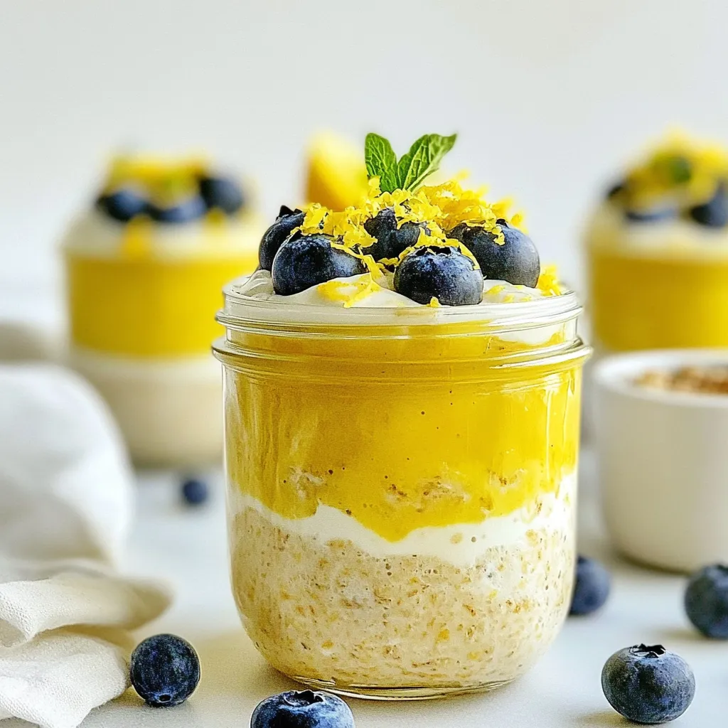 To make Lemon Blueberry Overnight Oats, gather these key items: - 1 cup rolled oats - 1 cup almond milk (or any milk type you prefer) - 1/2 cup Greek yogurt (or your favorite plant-based yogurt) - 1 tablespoon honey or maple syrup (adjust sweetness according to your taste) - Zest from 1 lemon - 2 tablespoons freshly squeezed lemon juice - 1/2 cup fresh blueberries (reserve extra for topping) - 1 tablespoon chia seeds - A pinch of salt These ingredients create a tasty and healthy breakfast. The oats provide fiber and energy. The yogurt adds protein and creaminess. The blueberries give a sweet burst and antioxidants. Lemon zest brightens the flavor and adds freshness. You can customize the sweetness with honey or maple syrup. If you want it less sweet, use less. For dairy-free options, try coconut milk or oat milk. You can also use almond yogurt or cashew yogurt if you prefer plant-based dairy. Each ingredient brings health perks: - Rolled oats: Great for digestion and heart health. - Chia seeds: Packed with fiber and omega-3 fatty acids. - Blueberries: Low in calories, high in vitamins and antioxidants. - Greek yogurt: Supports gut health with probiotics and adds protein. - Lemon juice: Boosts vitamin C and aids digestion. These ingredients come together to make a balanced meal. It's tasty, filling, and good for you. Enjoy your Lemon Blueberry Overnight Oats knowing they fuel your day! {{ingredient_image_2}} Start by grabbing a medium mixing bowl. Add 1 cup of rolled oats, 1 tablespoon of chia seeds, and a pinch of salt. Stir them well. This helps the chia seeds mix evenly with the oats. Make sure you break up any lumps as you mix. It only takes a minute, but it sets the base for creamy oats. In a separate bowl, combine 1 cup of almond milk, 1/2 cup of Greek yogurt, and 1 tablespoon of honey or maple syrup. Add the zest from 1 lemon and 2 tablespoons of lemon juice. Whisk everything together until smooth. This mixture gives your oats a sweet and tangy flavor. The lemon adds a bright taste that wakes up your senses. Now it's time to combine the wet and dry mixtures. Slowly pour the wet mixture over the oats. Stir gently but thoroughly to coat all the oats. Make sure there are no dry bits left. Next, fold in 1/2 cup of fresh blueberries, saving some for later. Scoop the oat mixture into jars or airtight containers. Seal them up tight and place them in the fridge for at least 4 hours, or overnight if you can wait. The next morning, stir your oats well. If they are too thick, add a splash of almond milk. Top with reserved blueberries and a sprinkle of lemon zest for a tasty finish. Enjoy! To make your oats creamy, choose rolled oats. They absorb the liquid well. Mix the oats with chia seeds and a pinch of salt first. This helps with texture. Use enough liquid, like almond milk, to coat each oat. If your oats are too thick, add a splash of milk before serving. Stir them well for a smooth finish. You can easily customize your oats. Try different fruits like strawberries or raspberries. Use flavored yogurt for an extra twist. If you like it sweeter, add more honey or maple syrup. You can swap almond milk for coconut milk for a tropical vibe. Don’t forget to experiment with spices, like cinnamon or nutmeg, for more flavor. Serve your oats in clear glass jars. This shows off the bright colors of the blueberries and lemon zest. For a fresh touch, add a mint sprig on top. You can layer the oats with extra fruit for a fun look. Just before eating, sprinkle some lemon zest on top for added flavor. This makes your meal look as good as it tastes! Pro Tips Use Fresh Ingredients: Always opt for fresh blueberries and high-quality yogurt to enhance the flavor and texture of your overnight oats. Adjust Sweetness: Feel free to taste the mixture before refrigerating. Adjust the sweetness by adding more honey or maple syrup according to your preference. Experiment with Milk Alternatives: Try different milk alternatives like coconut milk or oat milk to find your favorite flavor combination. Make It Ahead: These overnight oats can be made in bulk for the week. Just portion them into jars and store them in the fridge for a quick, nutritious breakfast. {{image_4}} You can switch up the blueberries for other fruits. Strawberries, raspberries, or blackberries work well. These fruits add their own unique flavors. You can also try sliced bananas or peaches for a different twist. Each fruit brings a special taste to the oats. If you want to avoid dairy, choose plant-based yogurt. Coconut, almond, or soy yogurt all taste great. Each type of yogurt has a different flavor and texture. This lets you customize the oats to your liking. Just make sure it is unsweetened for the best taste. Want to spice it up? Add a dash of cinnamon or vanilla extract. You can also mix in nut butter for creaminess. Almond or peanut butter can give a rich taste. For a zesty kick, try adding some grated ginger. These twists can make your overnight oats even more exciting. For storing lemon blueberry overnight oats, use airtight containers. Glass jars work great. They keep the oats fresh and let you see the colorful layers. Make sure the lids fit tightly to avoid spills in your fridge. You can keep your lemon blueberry overnight oats in the fridge for up to five days. After that, the texture may change. If you see any signs of spoilage, like off-smells or mold, it’s best to toss them. You can freeze the oats if you want to save them for later. Use freezer-safe containers or bags. They can last for up to three months in the freezer. To eat, just move them to the fridge overnight to thaw. They might be a bit watery, so stir well before serving. Enjoy your tasty oats any time! You can use steel-cut oats, but the texture will change. Steel-cut oats need more liquid and time to soften. I suggest using double the liquid and letting them soak overnight. This will help them soften up. Rolled oats work best for a creamy, smooth texture. To make this recipe vegan, simply swap out the yogurt and honey. Use a plant-based yogurt, like coconut or almond yogurt. For sweetening, choose maple syrup instead of honey. These simple swaps keep the flavor while making it vegan-friendly. You can add many toppings to your Lemon Blueberry Overnight Oats. Here are some ideas: - Sliced almonds for crunch - Shredded coconut for sweetness - Chia seeds for extra fiber - A drizzle of nut butter for richness - Fresh mint leaves for a burst of freshness These toppings will add flavor and fun to your oats. Lemon blueberry overnight oats are fun, easy, and healthy. We covered the key ingredients, step-by-step instructions, and helpful tips. You can mix in your favorite fruits and customize flavors. Storing them is simple, and you have options for freezing. This means tasty breakfasts all week long. Enjoy your creamy oats each morning, and feel free to get creative! Healthy eating can be exciting, and these oats are a great way to start.