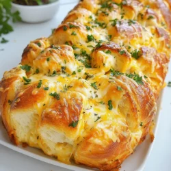 To make cheesy pull-apart garlic bread, you need these simple ingredients: - 1 large Italian bread loaf - 1 cup shredded mozzarella cheese - 1 cup shredded sharp cheddar cheese - 1/2 cup unsalted butter, melted - 4 cloves garlic, finely minced - 2 tablespoons fresh parsley, finely chopped - 1 teaspoon dried oregano - 1/2 teaspoon salt - 1/4 teaspoon freshly ground black pepper - Optional: 1/4 teaspoon red pepper flakes for an extra kick These ingredients are easy to find. The Italian bread is key for that perfect pull-apart texture. The blend of mozzarella and cheddar gives a great taste and stretch. Fresh garlic and parsley add flavor and color. The butter helps to make everything rich and golden. Adding red pepper flakes is optional, but it gives a nice heat. This mix makes the bread simple yet so tasty. {{ingredient_image_2}} First, you need to preheat your oven to 375°F (190°C). This step is key for getting the bread nice and warm. While the oven heats, grab your large Italian bread loaf. Make vertical cuts in the bread, about 1 inch apart. Be careful not to cut all the way through. You want to create pockets for the cheese. Next, take a small mixing bowl. Combine the melted butter, minced garlic, chopped parsley, oregano, salt, black pepper, and optional red pepper flakes. Mix these ingredients well. This garlic butter mixture will bring great flavor to your bread. Now it's time to fill the bread. Gently open the cuts you made. Drizzle the garlic butter mixture into each crevice. Make sure every slit is filled with that tasty butter. Then, take the shredded mozzarella and cheddar cheese. Stuff it into the slits of the bread. Aim for an even spread so every bite is cheesy. Carefully wrap the filled loaf in aluminum foil. Make sure to seal it tightly to keep the moisture inside. Place the wrapped loaf on a baking sheet to catch any drips. Bake the bread in the preheated oven for 15 minutes. After that, unwrap the foil and bake for another 10 minutes. This step makes the cheese melt and gives the bread a golden crust. When it's done, let the bread cool for a few minutes before digging in. This helps avoid burning your fingers when you pull it apart. To get that perfect cheese melt, mix different types of cheese. I love using mozzarella for its stretch and sharp cheddar for its bite. This combo gives depth and flavor to every cheesy pull. Adjust the oven time based on how crusty you want your bread. If you like a softer crust, bake less. For a crispier bread, add a few extra minutes. You can pair this bread with marinara sauce for dipping. The tangy sauce adds a nice contrast to the rich cheese. For a beautiful touch, consider garnishing the bread with extra chopped parsley. This makes the dish pop and looks great on any table. If you have leftovers, store the pull-apart bread in an airtight container. It stays fresh for up to two days at room temperature. You can also wrap it tightly in plastic wrap and refrigerate it. For longer storage, freeze it, and reheat when you're ready to enjoy it again. Just make sure to wrap it well to keep it from drying out. Pro Tips Use Fresh Ingredients: Opt for fresh garlic and high-quality cheese to enhance the flavor of your cheesy pull-apart bread. Fresh ingredients make a noticeable difference in taste. Experiment with Cheese: Feel free to mix different types of cheese, such as gouda or pepper jack, for a unique flavor profile and added creaminess. Let it Cool: Allowing the bread to cool slightly before serving helps the cheese set a bit, making it easier to pull apart without burning your fingers. Make Ahead: Prepare the garlic butter mixture and slice the bread in advance. You can store the prepared loaf wrapped in the refrigerator, then bake it fresh when you’re ready to serve. {{image_4}} You can switch up the cheeses for more flavor. Try using Gruyère cheese for a nutty taste. Pepper jack cheese adds a spicy kick. If you want a creamy texture, add cream cheese. It melts well and makes the bread extra rich. Herbs can change the whole taste of your bread. Use fresh thyme or basil for a bright flavor. You can also add spices to give it heat. A pinch of cayenne pepper or smoked paprika adds a nice depth. These small changes can make a big difference. Not all bread is the same. You can use sourdough for a tangy flavor. Whole wheat bread gives a nutty taste and is healthier. Even French bread works well for this recipe. Each choice brings a unique twist to your cheesy pull-apart garlic bread. You can prepare this cheesy pull-apart bread ahead of time. First, follow the steps to cut the bread and add the garlic butter mix. Then, wrap the loaf tightly in plastic wrap or aluminum foil. Store it in the fridge for up to 24 hours. This way, you can bake it fresh when you're ready to serve. To store leftovers, place the bread in an airtight container or tightly wrap it in foil. It will stay fresh in the fridge for about three days. For longer storage, you can freeze the leftovers. Wrap the bread in foil and then in a freezer bag. It can last up to three months in the freezer. To reheat, let it thaw in the fridge overnight. Then, bake it at 350°F (175°C) for about 10-15 minutes until warm. Proper wrapping keeps your bread fresh. Use plastic wrap or foil to seal the loaf tightly. Make sure no air gets in, as this can cause it to dry out. If you want to keep the bread crust crispy, avoid wrapping it too tightly. Instead, store it in a paper bag for short periods. This helps maintain its texture while keeping it fresh. It takes about 40 minutes to make cheesy pull-apart garlic bread. - Prep time: 15 minutes - Cook time: 25 minutes You start by preheating the oven and preparing the bread. Then, you mix the garlic butter. The last step is baking, which includes wrapping and unwrapping the bread. This time includes all the steps, making it easy to plan for your meal. Yes, you can prepare cheesy pull-apart garlic bread in advance. - Prep ahead: Make the garlic butter mixture and cut the bread. - Storage: Wrap the prepared bread tightly in foil. You can store it in the fridge for up to a day. When ready to bake, just add a few extra minutes to the cooking time. This way, you can enjoy warm, cheesy bread without a lot of fuss. A large Italian bread loaf works best for this recipe. - Bread types: Italian, French, or even a crusty sourdough. These types of bread have the right texture to hold the cheese and garlic mix. They also pull apart easily, making each bite a delight. Avoid soft bread, as it may not hold up when stuffed. This garlic pull-apart bread recipe combines simple ingredients for a tasty treat. You learned how to prepare the bread, create a flavorful garlic butter mix, and stuff it with cheese. I shared tips for perfect melty cheese and how to serve or store leftovers. Try different cheeses or spices to suit your taste. With these easy steps, you can impress guests or enjoy a cozy night in. Embrace the fun of baking and make it your own!