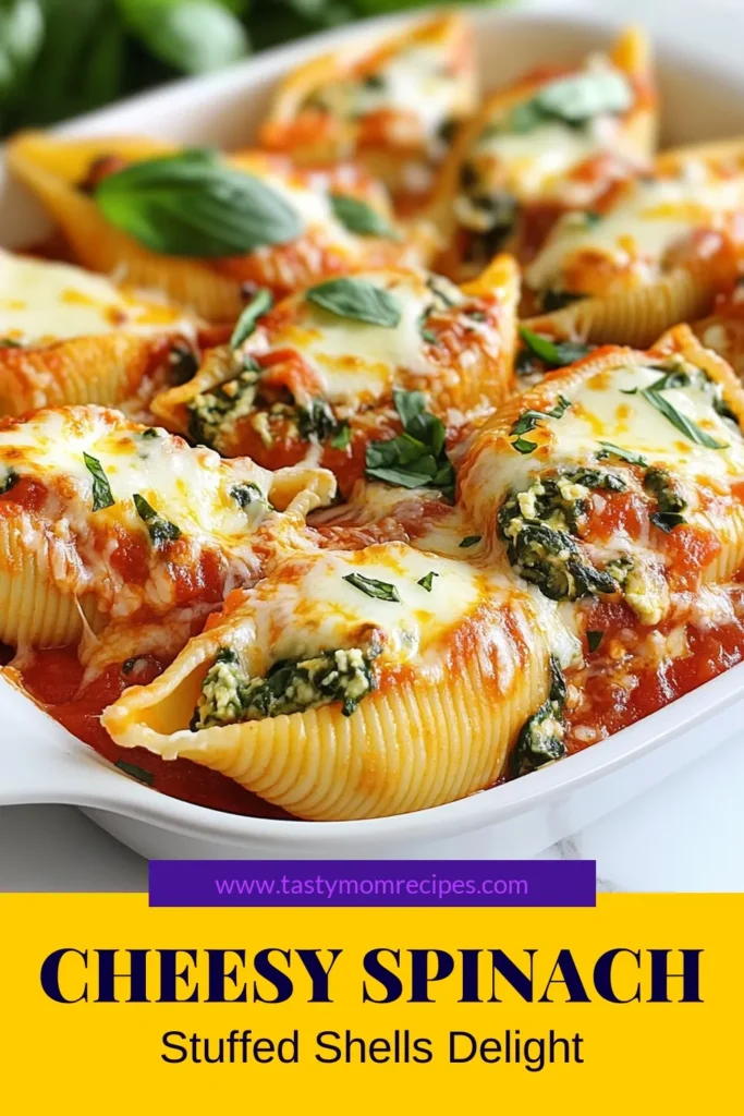 Discover the perfect vegetarian pasta bake with these Cheesy Spinach Ricotta Shells! This Jumbo Pasta Shells Recipe is packed with creamy ricotta and fresh spinach, all baked in a rich marinara sauce. Ideal for a cozy dinner or to impress guests, these Spinach Ricotta Stuffed Shells are sure to satisfy. Try this delicious recipe today and enjoy a comfort food classic! Save it for later! #VegetarianRecipes #PastaLovers #CheesyGoodness #FamilyDinner