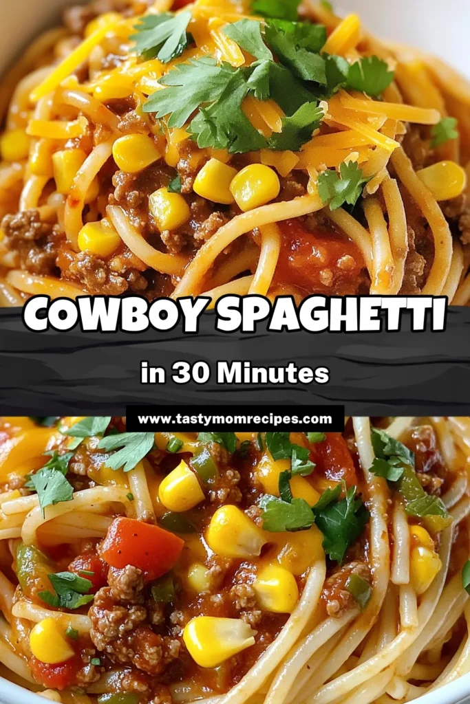 Looking for the perfect cowboy spaghetti recipe? This easy spaghetti dish combines ground beef, colorful veggies, and gooey cheese for a hearty one pot spaghetti meal that's sure to impress! With just 30 minutes of prep time, you'll enjoy a deliciously cheesy pasta recipe that's ideal for busy weeknights. Try this cowboy spaghetti tonight and savor the flavors! Save this recipe for later and share your results. #CowboySpaghetti #EasySpaghettiDishes #GroundBeefSpaghetti #CheesyPastaRecipes
