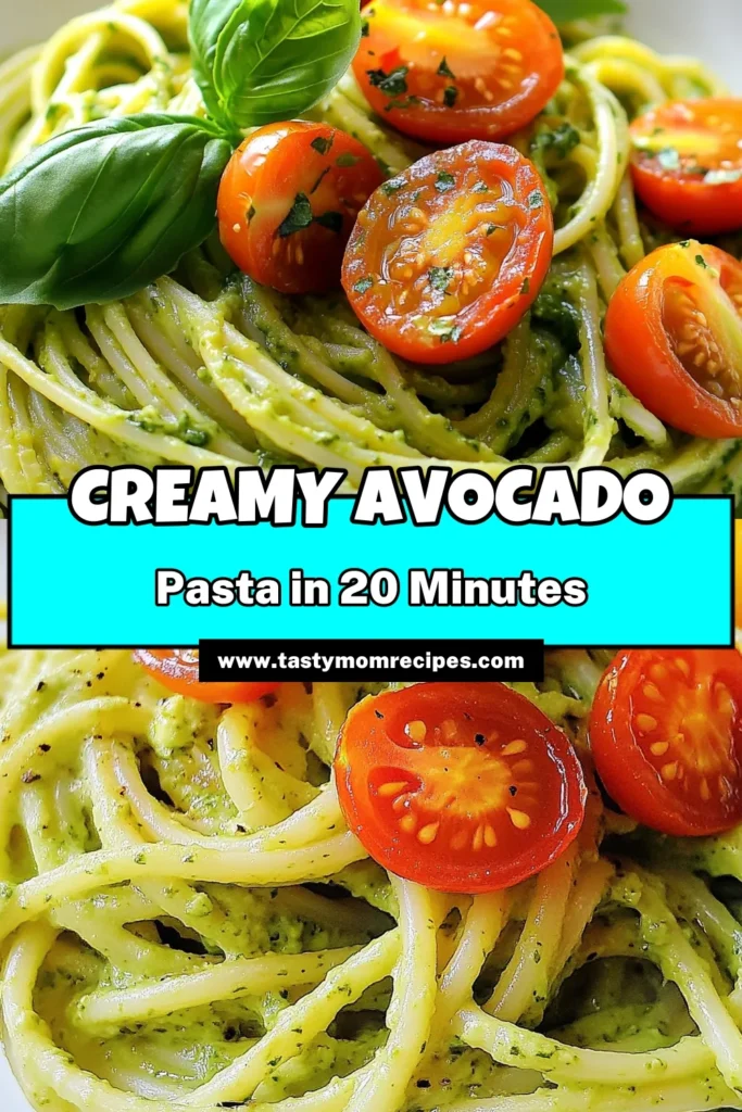 Craving a quick and nutritious meal? Try this creamy avocado pasta recipe that's both easy and delicious! This healthy pasta dish features a rich, vegan pasta sauce made from ripe avocados, garlic, and fresh basil. Perfect for any night of the week, this creamy avocado pasta is sure to impress! Save this recipe today for a vibrant and satisfying dinner! #CreamyAvocadoPasta #EasyPastaRecipes #HealthyPastaDishes #VeganPastaSauce