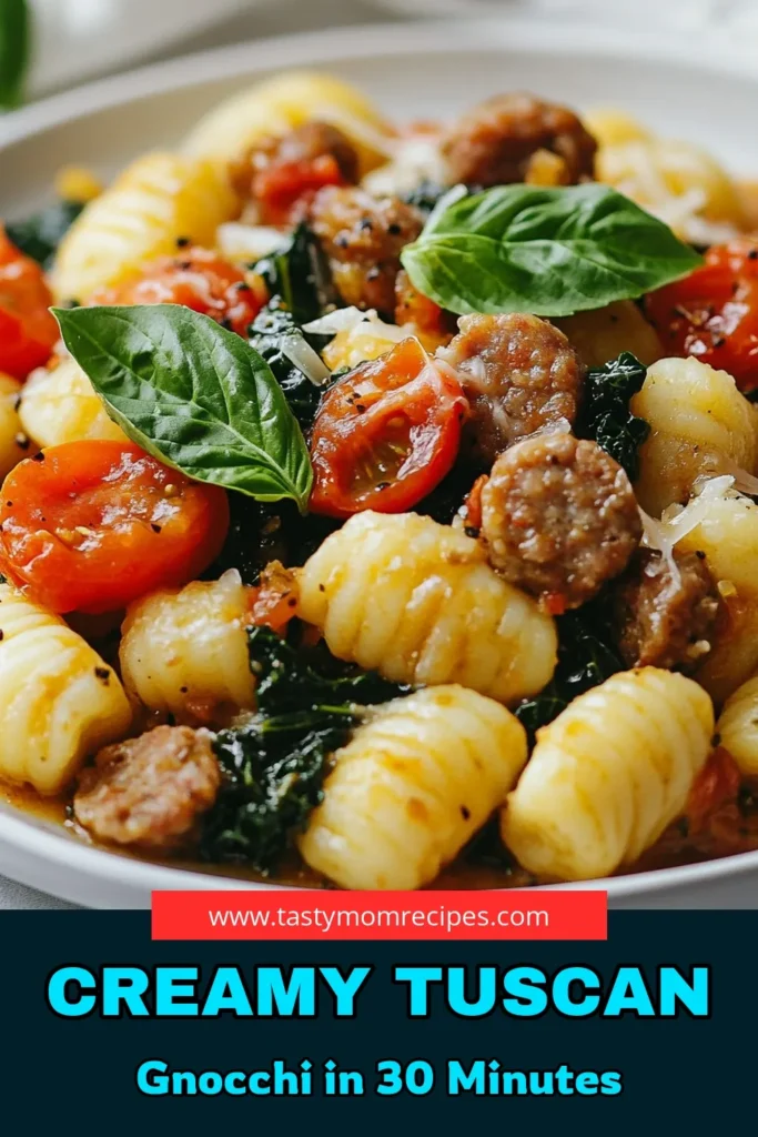 Try this delicious Tuscan sausage gnocchi for a quick and creamy gnocchi recipe that will impress your taste buds. This Italian sausage pasta combines tender potato gnocchi, savory sausage, and nutrient-rich kale for a weeknight dinner in just 30 minutes. Perfect for busy evenings, this quick gnocchi dish is a must-try! Save this kale gnocchi recipe to elevate your dinner game. #TuscanSausageGnocchi #ItalianSausagePasta #CreamyGnocchi #QuickDinnerIdeas
