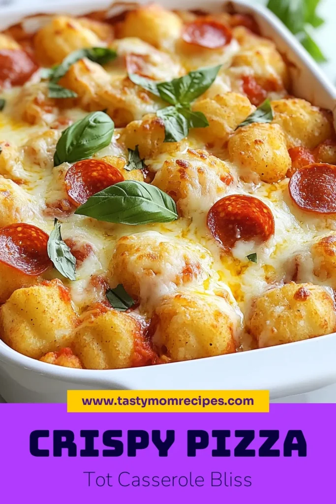Discover the ultimate comfort food with this easy Pizza Tot Casserole recipe! Combining the delightful flavors of a cheesy pizza casserole with crispy tater tots, this ground beef recipe is a family favorite. Perfect for busy weeknights, it’s loaded with pizza sauce, mozzarella, and pepperoni. Don't miss out on this delicious dish—save it for your next meal! #PizzaCasseroleRecipe #TaterTotCasserole #CheesyPizzaCasserole #EasyCasseroleRecipes
