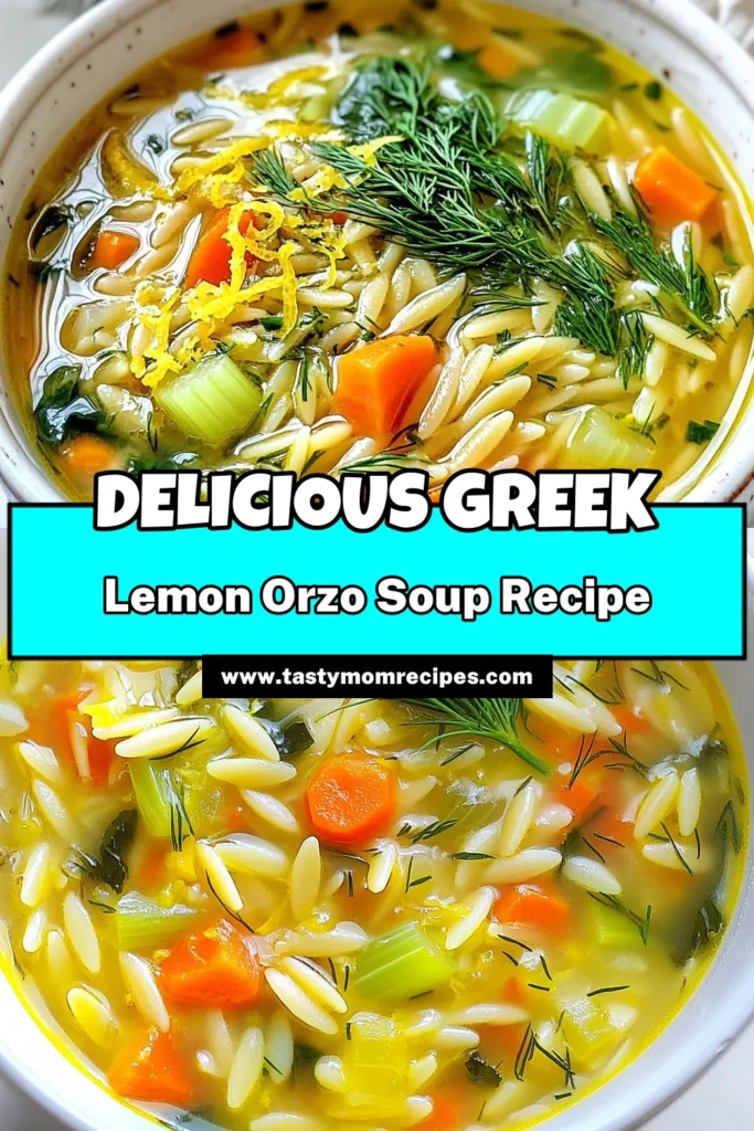 Discover the joy of making Greek lemon orzo soup—a delicious and healthy orzo soup recipe that brings the taste of the Mediterranean to your kitchen. This easy lemon orzo soup combines fresh ingredients like spinach, carrots, and optional chicken for added protein, all simmered in rich vegetable broth. Perfect for any meal, this wholesome dish is a must-try! Save this recipe for a delightful twist on soup night. #GreekLemonOrzoSoup #HealthyOrzoSoupRecipe #MediterraneanSoup #EasyLemonOrzoSoup