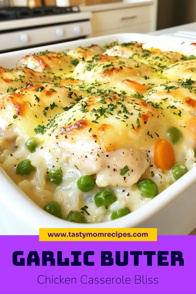 Looking for a comforting and delicious meal? Try this Garlic Butter Chicken Casserole. This creamy chicken casserole recipe combines tender chicken and rice in a flavorful bake, perfect for easy dinner ideas. With just a few simple ingredients, you can whip up a cozy dish your family will love. Get ready to enjoy this satisfying comfort food recipe tonight! Save this recipe now! #GarlicButterChickenCasserole #ChickenAndRiceBake #CreamyChickenCasseroleRecipe #ComfortFoodRecipes