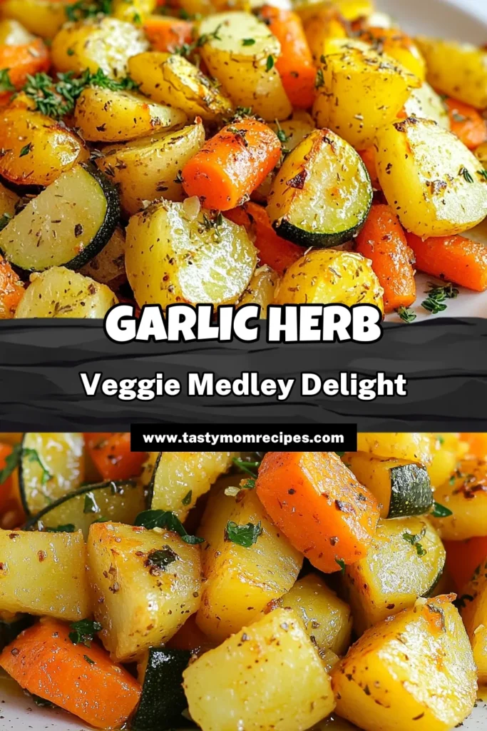 Elevate your dinner with this delicious garlic herb veggie medley! This roasted vegetable recipe featuring potatoes, carrots, and zucchini is the perfect healthy side dish for any meal. Enjoy the robust flavors of garlic and herbs in this simple vegetarian meal. Perfectly oven roasted, these veggies are a must-try! Save this recipe to bring vibrant taste to your table! #GarlicHerbVeggieMedley #RoastedVegetables #HealthySideDish #VegetarianMeal