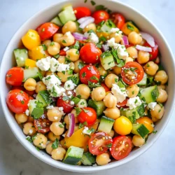 - 1 can (15 oz) chickpeas, thoroughly drained and rinsed - 1 cup sweet cherry tomatoes, halved for bursts of flavor - 1 crisp cucumber, diced into bite-sized pieces - 1 vibrant red bell pepper, diced for crunch - 1/4 red onion, finely chopped to add a zesty kick - 1/2 cup Kalamata olives, pitted and sliced for a briny contrast - 1/4 cup feta cheese, crumbled (optional for a vegan-friendly version) - 1/4 cup fresh parsley, roughly chopped for a fresh note - 3 tablespoons extra virgin olive oil - 2 tablespoons freshly squeezed lemon juice - 1 teaspoon dried oregano for an aromatic touch - Salt and pepper to taste You can add more ingredients based on your taste. Here are some ideas: - Avocado for creaminess - Spinach or arugula for more greens - Canned tuna or grilled chicken for protein - Fresh herbs like mint or basil for extra flavor This salad is packed with nutrients. Here’s a quick look: - Calories: Approximately 250 per serving - Protein: About 10g - Carbohydrates: Roughly 30g - Fat: Around 12g - Fiber: Approximately 8g - Sodium: Varies based on added salt and olives This salad not only tastes great, but it also provides a balanced mix of nutrients. Enjoy making it your own! {{ingredient_image_2}} Start by gathering your ingredients. In a large bowl, add one can of chickpeas. Be sure to drain and rinse them well. Next, add one cup of halved sweet cherry tomatoes. These will give your salad a burst of flavor. Then, chop one crisp cucumber into bite-sized pieces and add it to the bowl. Now, dice one vibrant red bell pepper and toss it in. For a zesty kick, finely chop a quarter of a red onion and mix it in. Don’t forget about the Kalamata olives! Slice half a cup of these olives and add them for a briny taste. If you like, crumble a quarter cup of feta cheese on top for creaminess. Finally, add a quarter cup of fresh parsley, roughly chopped, for a fresh note. Use a spatula or large spoon to gently combine all the ingredients. In a small bowl, whisk together three tablespoons of extra virgin olive oil. Add two tablespoons of freshly squeezed lemon juice for tang. Then, mix in one teaspoon of dried oregano for aroma. Season with salt and pepper to taste. Whisk until the dressing is smooth and well combined. Now, drizzle the dressing over the salad base. Carefully toss everything together. Make sure each piece gets coated well. After mixing, taste the salad. Adjust the seasoning if needed. You might want more salt or lemon juice for extra brightness. Cover the bowl with plastic wrap or use an airtight container. Chill the salad in the fridge for at least 30 minutes. This step is key! It allows the flavors to meld together beautifully. When you’re ready to serve, enjoy the salad chilled or at room temperature. It’s perfect for any occasion! To make your Mediterranean chickpea salad even better, use fresh herbs. Fresh parsley adds a bright taste. You can also try basil or mint for a twist. Add more lemon juice for a zesty kick. A splash of red wine vinegar can also boost the flavor. If you want more heat, try adding a pinch of crushed red pepper. This gives a nice kick to your dish. Remember, taste as you go. Adjust the salt and pepper to suit your taste. For a stunning look, use a large, colorful bowl. A white bowl makes the colors pop. Before serving, add extra parsley on top for a fresh touch. You can also sprinkle more feta cheese for a nice finish. Serve with lemon wedges on the side. This adds a nice touch and lets guests add more lemon if they like. Keep it simple, yet beautiful. A well-presented salad makes it even more appetizing. One common mistake is using dry chickpeas. Always use canned chickpeas that are drained and rinsed. This saves time and keeps the salad light. Avoid over-mixing the salad. This can mash the ingredients and make it soggy. Chilling the salad is important, too. It helps the flavors blend well. Don’t skip this step. Lastly, be careful with the salt. The olives and feta can be salty, so taste before adding more. Pro Tips Chill for Best Flavor: Allowing the salad to chill for at least 30 minutes helps the flavors meld beautifully, resulting in a more delicious dish. Fresh Ingredients Matter: Use the freshest vegetables and herbs possible to elevate the taste and nutrition of your salad. Customize Your Olives: Experiment with different types of olives, such as green or Castelvetrano, for a unique flavor profile. Make It a Meal: To turn this salad into a heartier dish, consider adding grilled chicken, quinoa, or avocado for added protein and richness. {{image_4}} This salad is great with creamy avocado. Just add one ripe avocado, diced. It makes the salad richer and adds healthy fats. The avocado also gives a smooth texture. Combine it with the chickpeas for a filling meal. You can enjoy the salad as a side dish or a lunch. Want a vegan version? Simply skip the feta cheese. The salad still tastes amazing without it. The olives and herbs add lots of flavor. You can use more parsley for a fresh touch. This way, everyone can enjoy the salad, no matter their diet. You can change the veggies based on the season. In spring, try adding peas or radishes. In summer, sliced bell peppers or zucchini work well. Fall brings great options like roasted butternut squash. In winter, think about adding shredded carrots or beets. This keeps the salad fresh and exciting year-round. To store leftovers, place the salad in an airtight container. This helps keep it fresh. You can keep it in the fridge for up to three days. If you notice any liquid, just drain it before serving. This salad tastes best when fresh, but storing works well. I do not recommend freezing this salad. Freezing can change the texture of the veggies. The tomatoes, cucumbers, and bell peppers may become mushy. If you want to save ingredients, consider freezing just the chickpeas instead. To refresh the salad, add a splash of olive oil and more lemon juice. Mixing in a bit of fresh parsley can also brighten the flavor. Toss everything well to combine. If the salad seems dry, you can add a little water or extra dressing to enhance the taste. Enjoy it chilled for the best experience! Yes, you can use canned chickpeas. They save time and are easy to find. Just drain and rinse them well to remove extra salt and preservatives. This step helps keep your salad fresh and tasty. Canned chickpeas are also soft and ready to eat. They make this salad quick and simple to prepare. You can store the salad in the fridge for up to three days. Keep it in an airtight container to keep it fresh. The flavors will blend even more over time. However, if you added feta, it may not last as long. It’s best to eat it within two days if you use cheese. If you don’t have lemon juice, you can use lime juice. It gives a similar tangy flavor. You can also try apple cider vinegar for a different twist. Just remember to use a bit less, as vinegar is more potent. These substitutes keep your salad bright and fresh without missing a beat. In this blog post, we covered how to make a tasty chickpea salad. You learned about the key ingredients, step-by-step instructions, and helpful tips. We shared ideas for variations, like vegan options and seasonal adds. Lastly, we discussed how to store your salad for later use. Enjoying this dish is easy and fun. Remember, you can customize it to fit your taste. Happy cooking!