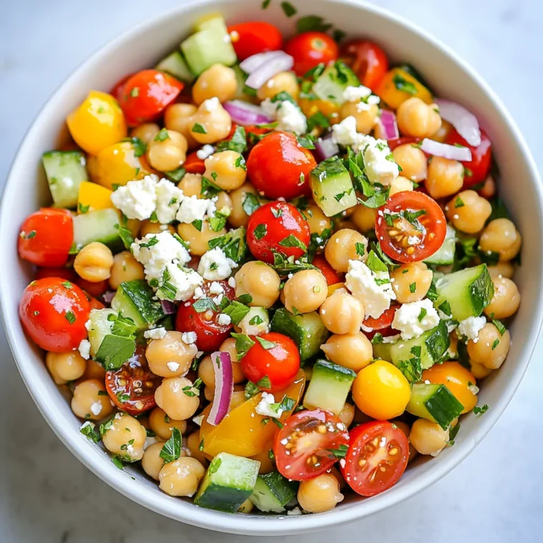 - 1 can (15 oz) chickpeas, thoroughly drained and rinsed - 1 cup sweet cherry tomatoes, halved for bursts of flavor - 1 crisp cucumber, diced into bite-sized pieces - 1 vibrant red bell pepper, diced for crunch - 1/4 red onion, finely chopped to add a zesty kick - 1/2 cup Kalamata olives, pitted and sliced for a briny contrast - 1/4 cup feta cheese, crumbled (optional for a vegan-friendly version) - 1/4 cup fresh parsley, roughly chopped for a fresh note - 3 tablespoons extra virgin olive oil - 2 tablespoons freshly squeezed lemon juice - 1 teaspoon dried oregano for an aromatic touch - Salt and pepper to taste You can add more ingredients based on your taste. Here are some ideas: - Avocado for creaminess - Spinach or arugula for more greens - Canned tuna or grilled chicken for protein - Fresh herbs like mint or basil for extra flavor This salad is packed with nutrients. Here’s a quick look: - Calories: Approximately 250 per serving - Protein: About 10g - Carbohydrates: Roughly 30g - Fat: Around 12g - Fiber: Approximately 8g - Sodium: Varies based on added salt and olives This salad not only tastes great, but it also provides a balanced mix of nutrients. Enjoy making it your own! {{ingredient_image_2}} Start by gathering your ingredients. In a large bowl, add one can of chickpeas. Be sure to drain and rinse them well. Next, add one cup of halved sweet cherry tomatoes. These will give your salad a burst of flavor. Then, chop one crisp cucumber into bite-sized pieces and add it to the bowl. Now, dice one vibrant red bell pepper and toss it in. For a zesty kick, finely chop a quarter of a red onion and mix it in. Don’t forget about the Kalamata olives! Slice half a cup of these olives and add them for a briny taste. If you like, crumble a quarter cup of feta cheese on top for creaminess. Finally, add a quarter cup of fresh parsley, roughly chopped, for a fresh note. Use a spatula or large spoon to gently combine all the ingredients. In a small bowl, whisk together three tablespoons of extra virgin olive oil. Add two tablespoons of freshly squeezed lemon juice for tang. Then, mix in one teaspoon of dried oregano for aroma. Season with salt and pepper to taste. Whisk until the dressing is smooth and well combined. Now, drizzle the dressing over the salad base. Carefully toss everything together. Make sure each piece gets coated well. After mixing, taste the salad. Adjust the seasoning if needed. You might want more salt or lemon juice for extra brightness. Cover the bowl with plastic wrap or use an airtight container. Chill the salad in the fridge for at least 30 minutes. This step is key! It allows the flavors to meld together beautifully. When you’re ready to serve, enjoy the salad chilled or at room temperature. It’s perfect for any occasion! To make your Mediterranean chickpea salad even better, use fresh herbs. Fresh parsley adds a bright taste. You can also try basil or mint for a twist. Add more lemon juice for a zesty kick. A splash of red wine vinegar can also boost the flavor. If you want more heat, try adding a pinch of crushed red pepper. This gives a nice kick to your dish. Remember, taste as you go. Adjust the salt and pepper to suit your taste. For a stunning look, use a large, colorful bowl. A white bowl makes the colors pop. Before serving, add extra parsley on top for a fresh touch. You can also sprinkle more feta cheese for a nice finish. Serve with lemon wedges on the side. This adds a nice touch and lets guests add more lemon if they like. Keep it simple, yet beautiful. A well-presented salad makes it even more appetizing. One common mistake is using dry chickpeas. Always use canned chickpeas that are drained and rinsed. This saves time and keeps the salad light. Avoid over-mixing the salad. This can mash the ingredients and make it soggy. Chilling the salad is important, too. It helps the flavors blend well. Don’t skip this step. Lastly, be careful with the salt. The olives and feta can be salty, so taste before adding more. Pro Tips Chill for Best Flavor: Allowing the salad to chill for at least 30 minutes helps the flavors meld beautifully, resulting in a more delicious dish. Fresh Ingredients Matter: Use the freshest vegetables and herbs possible to elevate the taste and nutrition of your salad. Customize Your Olives: Experiment with different types of olives, such as green or Castelvetrano, for a unique flavor profile. Make It a Meal: To turn this salad into a heartier dish, consider adding grilled chicken, quinoa, or avocado for added protein and richness. {{image_4}} This salad is great with creamy avocado. Just add one ripe avocado, diced. It makes the salad richer and adds healthy fats. The avocado also gives a smooth texture. Combine it with the chickpeas for a filling meal. You can enjoy the salad as a side dish or a lunch. Want a vegan version? Simply skip the feta cheese. The salad still tastes amazing without it. The olives and herbs add lots of flavor. You can use more parsley for a fresh touch. This way, everyone can enjoy the salad, no matter their diet. You can change the veggies based on the season. In spring, try adding peas or radishes. In summer, sliced bell peppers or zucchini work well. Fall brings great options like roasted butternut squash. In winter, think about adding shredded carrots or beets. This keeps the salad fresh and exciting year-round. To store leftovers, place the salad in an airtight container. This helps keep it fresh. You can keep it in the fridge for up to three days. If you notice any liquid, just drain it before serving. This salad tastes best when fresh, but storing works well. I do not recommend freezing this salad. Freezing can change the texture of the veggies. The tomatoes, cucumbers, and bell peppers may become mushy. If you want to save ingredients, consider freezing just the chickpeas instead. To refresh the salad, add a splash of olive oil and more lemon juice. Mixing in a bit of fresh parsley can also brighten the flavor. Toss everything well to combine. If the salad seems dry, you can add a little water or extra dressing to enhance the taste. Enjoy it chilled for the best experience! Yes, you can use canned chickpeas. They save time and are easy to find. Just drain and rinse them well to remove extra salt and preservatives. This step helps keep your salad fresh and tasty. Canned chickpeas are also soft and ready to eat. They make this salad quick and simple to prepare. You can store the salad in the fridge for up to three days. Keep it in an airtight container to keep it fresh. The flavors will blend even more over time. However, if you added feta, it may not last as long. It’s best to eat it within two days if you use cheese. If you don’t have lemon juice, you can use lime juice. It gives a similar tangy flavor. You can also try apple cider vinegar for a different twist. Just remember to use a bit less, as vinegar is more potent. These substitutes keep your salad bright and fresh without missing a beat. In this blog post, we covered how to make a tasty chickpea salad. You learned about the key ingredients, step-by-step instructions, and helpful tips. We shared ideas for variations, like vegan options and seasonal adds. Lastly, we discussed how to store your salad for later use. Enjoying this dish is easy and fun. Remember, you can customize it to fit your taste. Happy cooking!