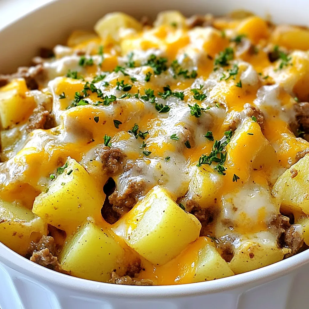 - 1 pound ground beef or turkey - 4 medium potatoes, diced into small cubes - 1 cup onion, finely diced - 2 cups shredded cheddar cheese (preferably sharp) - 1 teaspoon garlic powder - 1 teaspoon smoked paprika - 1 cup beef broth (low-sodium preferred) - 2 tablespoons olive oil - Salt and pepper, to taste - Fresh parsley, chopped This cheesy meat and potato skillet packs a punch with its main ingredients. You can choose between ground beef or turkey, depending on your taste. The diced potatoes give the dish a hearty feel. Onions add sweetness and depth, while sharp cheddar cheese melts beautifully over everything. For seasonings, garlic powder provides a lovely aroma. Smoked paprika adds a hint of warmth and color. Using low-sodium beef broth keeps the dish rich without being too salty. Olive oil helps the onions cook to perfection. Don’t forget salt and pepper; they are key to bringing out the flavors. Finally, fresh parsley gives a pop of green and freshness. It makes the dish look vibrant and inviting. Enjoy creating this easy and hearty meal with these simple yet essential ingredients! {{ingredient_image_2}} First, heat 2 tablespoons of olive oil in a large skillet over medium heat. Once the oil is hot, add 1 cup of finely diced onion. Cook the onions for about 3-4 minutes. They should become soft and translucent. Stir them often to avoid burning. This step builds a great base for our dish. Next, add 1 pound of ground beef or turkey to the skillet. Use a spatula to break the meat apart as it cooks. Stir frequently for about 5-7 minutes. You want the meat to be browned all over. If there is extra fat, drain it. This keeps the dish from being too greasy. Now, stir in 4 medium diced potatoes. Add 1 teaspoon of garlic powder, 1 teaspoon of smoked paprika, and a pinch of salt and pepper. Mix everything well so the potatoes are coated with the seasonings. Then, pour in 1 cup of low-sodium beef broth. Bring the mixture to a gentle simmer. Lower the heat, cover the skillet, and let it cook for 15-20 minutes. Stir occasionally until the potatoes are tender. Once the potatoes are soft, remove the lid. Evenly sprinkle 2 cups of shredded cheddar cheese over the mixture. Cover the skillet again for about 3-5 minutes. This allows the cheese to melt nicely. You want it to be gooey and delicious. After the cheese has melted, take the skillet off the heat. Garnish the dish with freshly chopped parsley for a pop of color. Serve the Cheesy Meat and Potato Skillet hot, straight from the skillet. Enjoy this hearty meal with a side of crusty bread to soak up those tasty juices. - How to achieve perfectly browned meat: Start with a hot skillet. This helps the meat sear well. Break it apart with a spatula as it cooks. Stir often for even browning. If you see too much fat, drain it away. - Ensuring potatoes are tender: Cut your potatoes into small cubes. This helps them cook faster. Add them to the skillet with the seasonings. Cover the skillet while they cook. This traps steam and speeds up the cooking. - Adding spices for extra depth: Use smoked paprika for a unique taste. Garlic powder brings warmth and flavor. Feel free to add your favorite spices. Experiment to find what you like best. - Cheese alternatives: While cheddar cheese is great, other cheeses work too. Try Monterey Jack for a creamy twist. Or use pepper jack for a spicy kick. Mix different cheeses for a fun flavor blend. - Best skillets for one-pan meals: A large cast-iron skillet works wonders. It heats evenly and holds heat well. Non-stick skillets are great for easy cleanup. Choose one that is sturdy and safe for high heat. - Useful utensils for preparation: A good spatula helps break apart the meat. A sharp knife makes dicing potatoes easy. Use a cutting board to keep your counters clean. Keep a lid handy for simmering dishes. Pro Tips Choose the Right Meat: For a leaner option, use ground turkey. If you prefer a richer flavor, stick with ground beef, preferably 80/20 for the best balance of taste and juiciness. Prep Potatoes Ahead: To save time, peel and dice the potatoes the night before and store them in water in the fridge to prevent browning. Customize the Cheese: Experiment with different cheeses like Monterey Jack or Pepper Jack for a unique flavor twist. Mixing cheeses can also enhance the creaminess. Garnish for Freshness: Always finish with freshly chopped herbs like parsley or chives to brighten the dish and add a pop of color before serving. {{image_4}} You can switch the ground beef or turkey for chicken or sausage. Chicken gives a lighter taste. Sausage adds a nice kick of flavor. If you want a vegetarian option, try mushrooms or lentils instead. Both options offer a hearty feel without meat. Mushrooms bring umami, while lentils add protein and fiber. If you want a low-carb meal, use cauliflower instead of potatoes. Cauliflower has a similar texture and absorbs flavors well. For a dairy-free version, skip the cheddar cheese. You can use nutritional yeast or cashew cheese for a cheesy taste without dairy. Both options keep the dish creamy and satisfying. Adding vegetables can elevate your dish. Bell peppers or broccoli bring color and nutrition. You can mix them in when you add the potatoes. For extra flavor, try spices like cumin or chili powder. These spices can give your skillet a regional twist. Experimenting with different ingredients allows you to make this dish your own! To store leftovers, let the skillet cool first. Then, scoop the dish into a container. I recommend using an airtight glass or plastic container. These keep the food fresh and tasty. Leftovers can last in the fridge for about three to four days. Always label the container with the date to keep track. If you want to freeze the skillet, let it cool completely. Then, place the cooled dish in a freezer-safe container. You can also use freezer bags for easy storage. Just make sure to squeeze out all the air. For best taste, eat the frozen meal within two to three months. When you're ready to eat, thaw the dish overnight in the fridge. This helps maintain the flavor and texture. To reheat the skillet, use the stovetop or oven. If using the stovetop, heat it in a pan over low heat. Stir often to ensure even warming. If using the oven, preheat to 350°F (175°C) and bake until hot. To avoid soggy potatoes, do not add extra liquid. If the dish seems dry, add a little broth or water. This keeps the potatoes firm and tasty. Enjoy your meal just like when it was fresh! To add some heat, try adding a teaspoon of cayenne pepper. You can also use hot sauce or diced jalapeños. If you love spice, think about adding crushed red pepper flakes or chili powder. Adjust the amount based on how much heat you like. Remember to taste as you go! Yes, you can prep this dish ahead of time. Cook the meat and potatoes, then cool them down. Store in the fridge for up to three days. When you're ready, just reheat it on the stove. Add a splash of broth to keep it moist. Stir in the cheese before serving. This dish pairs well with a fresh side salad or steamed veggies. You might also enjoy crusty bread to soak up all the cheesy goodness. For a fun twist, serve it with pickles or a tangy slaw on the side. They add crunch and balance the richness. Absolutely! While cheddar is great, you can mix it up. Try mozzarella for a stretchy melt or gouda for a smoky flavor. A blend of cheeses can add depth. Just remember to use cheese that melts well for the best results! This blog post covered a tasty Cheesy Meat and Potato Skillet. You learned about the main ingredients like ground beef, potatoes, and cheddar cheese. I shared step-by-step instructions so you can easily make it. We also discussed tips for flavor and health adjustments. Using different proteins or vegetables makes this dish flexible. You can add your twist! Remember, leftovers store well for quick meals. Enjoy your cooking and feel free to experiment with flavors. A delicious, warm meal awaits you!