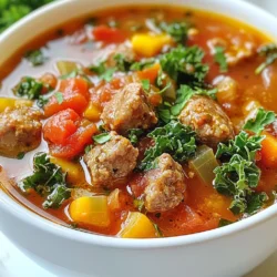 To make Hearty Sausage Soup, gather these ingredients: - 1 pound Italian sausage, casings removed - 1 medium onion, finely diced - 2 cloves garlic, minced or pressed - 2 medium carrots, sliced into rounds - 2 stalks celery, chopped into small pieces - 1 can (14.5 oz) diced tomatoes, with juices - 4 cups low-sodium chicken broth - 1 cup kale, stems removed and chopped - 1 medium potato, diced into 1/2-inch cubes - 1 teaspoon dried oregano - 1 teaspoon dried thyme - Salt and freshly cracked black pepper to taste - 2 tablespoons extra virgin olive oil - Fresh parsley, finely chopped (for garnish) You can swap some ingredients for a different taste or to fit what you have at home: - For Italian sausage, try turkey sausage or chicken sausage for a leaner option. - If you don’t have kale, spinach works well and cooks faster. - Instead of chicken broth, use vegetable broth for a vegetarian version. - For a thicker soup, use two potatoes instead of one. - If fresh herbs are not available, you can use dried herbs, but use less. To make this soup, you will need a few key tools: - A large soup pot or Dutch oven - A cutting board and knife for chopping vegetables - A wooden spoon for stirring - A measuring cup for broth and diced tomatoes - A ladle for serving the soup These tools will help you create a delicious bowl of Hearty Sausage Soup with ease! {{ingredient_image_2}} 1. Start by heating the olive oil in a large pot over medium heat. 2. Add the Italian sausage, breaking it apart with a spoon. Cook for about 5-7 minutes. The sausage should be browned and no longer pink. 3. Next, toss in the diced onion, minced garlic, sliced carrots, and chopped celery. Stir the mix and cook for 5 minutes. The veggies should be soft and smell great. 4. Pour in the diced tomatoes with their juices and the chicken broth. Stir in the diced potato, oregano, thyme, and a good pinch of salt and pepper. 5. Increase the heat to bring the soup to a gentle boil. Once boiling, reduce the heat to low. 6. Let the soup simmer uncovered for 25-30 minutes. The potatoes should be tender when pierced. 7. After that, add the chopped kale to the pot. Simmer for another 5 minutes. This lets the kale wilt and blend into the soup. 8. Finally, taste the soup and adjust the seasoning. Add more salt and pepper if needed. - Use medium heat to cook the sausage. This helps it brown evenly. - Make sure to stir the sausage often. This avoids burning and ensures it cooks well. - When adding vegetables, cut them into similar sizes. This helps them cook at the same rate. - Don’t rush the sautéing step. It builds flavor in your soup. - Cook the sausage for 5-7 minutes until browned. - Sauté the vegetables for 5 minutes until soft. - Simmer the soup for 25-30 minutes to tenderize the potatoes. - Add the kale and simmer for an extra 5 minutes. These steps make your soup hearty and tasty. Enjoy the warmth! To make your hearty sausage soup shine, focus on layering flavors. Start with high-quality Italian sausage. Brown it well to develop a rich taste. Use fresh garlic and onion; they add depth. When you sauté the veggies, let them soften and release their natural sweetness. Don't skip the herbs! Oregano and thyme boost the overall flavor. Lastly, adjust the salt and pepper close to the end. This ensures the soup stays balanced. One common mistake is not browning the sausage enough. If you skip this step, your soup may taste flat. Another error is adding kale too early. This can cause it to wilt too much. Always add it in the last few minutes. Lastly, avoid overcooking the potatoes. Perfectly tender potatoes add a nice texture, while mushy ones ruin the dish. For a great texture, use a mix of chopping and slicing. Dice the onions finely for a smooth base. Slice the carrots into even rounds for consistent cooking. When you add the potatoes, cut them into half-inch cubes. This size helps them cook evenly. Stir the soup gently while it simmers. This keeps the ingredients intact and prevents them from breaking apart. Enjoy the process, and you'll end up with a soup that's both hearty and satisfying! Pro Tips Use Fresh Herbs: Fresh herbs like parsley or thyme can elevate the flavor of your soup. Add them just before serving for the best taste. Customize the Vegetables: Feel free to add or substitute vegetables based on your preference or what you have on hand, such as zucchini or bell peppers. Make it a Meal: Serve the soup with a side of crusty bread or over cooked rice or pasta to turn it into a hearty meal. Store Leftovers Properly: Allow the soup to cool completely before transferring it to an airtight container. It can be stored in the fridge for up to 3 days or frozen for up to 3 months. {{image_4}} You can change the flavor of your soup by trying different sausages. Italian sausage brings a nice spice, but you can also use others. Here are some great options: - Turkey sausage: This makes the soup lighter but still tasty. - Chorizo: It adds a smoky flavor and a bit of heat. - Bratwurst: This gives a mild, savory taste that works well. Each sausage type brings its own zest. Feel free to mix and match to find your favorite! If you want a vegetarian or vegan soup, it’s easy to swap ingredients. Here’s how: - Use plant-based sausage as a direct substitute. - Replace chicken broth with vegetable broth for a rich base. - Add extra beans like cannellini or chickpeas for protein. These swaps keep the heartiness while being meat-free. You’ll still enjoy a warm, filling bowl. You can also change your soup with the seasons. Fresh ingredients can brighten your dish. Here are some ideas: - In spring, add fresh peas or asparagus for a green touch. - In summer, use fresh tomatoes instead of canned for a vibrant flavor. - During fall, pumpkin or butternut squash can add warmth and sweetness. Adapting to the season gives your soup a fresh twist. Experiment with what you have on hand! When you make Hearty Sausage Soup, you may have some left over. To store it, let the soup cool first. Then, pour it into an airtight container. This keeps it fresh. You can store it in the fridge for up to three days. If you want to enjoy it later, freezing is a great option. To reheat the soup, pour it into a pot. Heat it on medium until it simmers gently. Stir it often to make sure it heats evenly. If you find it too thick, add a splash of broth or water. You can also microwave it in a bowl. Cover it loosely to prevent splatters. Heat for one to two minutes, stirring halfway through. Taste it before serving, and adjust the seasoning if needed. Freezing Hearty Sausage Soup is easy. First, let the soup cool completely. Then, use freezer-safe containers or bags. Make sure to leave some space at the top. This allows the soup to expand when frozen. Label each container with the date. The soup can last up to three months in the freezer. When you’re ready to eat, thaw it in the fridge overnight. Reheat it as I described earlier. Enjoy your warm bowl of comfort! Yes, you can make Hearty Sausage Soup in a slow cooker. Start by browning the sausage in a pan. Then, add the browned sausage and all other ingredients to your slow cooker. Cook on low for about 6-8 hours or on high for 3-4 hours. This method lets the flavors blend well and gives you a tasty soup. To add heat to your soup, try these tips: - Use hot Italian sausage instead of mild. - Add red pepper flakes to taste. - Mix in diced jalapeños or serrano peppers. - Stir in a dash of hot sauce at the end. Each of these options will give your soup a nice kick without overpowering it. Hearty Sausage Soup is not just tasty; it’s also good for you! Here’s a quick look at the benefits: - Italian sausage: Provides protein and iron. - Kale: Packed with vitamins A, C, and K, plus antioxidants. - Carrots: Great source of beta-carotene, good for your eyes. - Potatoes: Offer potassium and fiber, keeping you full longer. - Tomatoes: High in vitamins and lycopene, supporting heart health. These ingredients make your soup not only comforting but also nutritious! You learned how to make a hearty sausage soup, from choosing ingredients to cooking techniques. I shared useful tips and tricks to enhance flavor and avoid common mistakes. With all the variations and storage tips, you can enjoy this dish anytime. Remember, every bowl brings warmth and comfort. Don't be afraid to experiment with new flavors. Your soup can always be unique and satisfying. Enjoy cooking and sharing this delicious recipe!