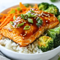 For this dish, you need two salmon fillets. Each should weigh about six ounces. Salmon is a great source of protein and healthy fats. It cooks quickly, making it ideal for busy nights. You can use skin-on or skinless fillets based on your preference. You will need: - 1 cup cooked jasmine rice (or rice of your choice) - 1 cup broccoli florets (fresh or frozen) - 1/2 cup shredded carrots (fresh or pre-packaged) - 1/4 cup sliced green onions (scallions) Jasmine rice adds a nice flavor. You can swap it for brown rice or quinoa if you want. Broccoli and carrots provide color and crunch. They also add vitamins to the meal. Green onions add a fresh taste and make the dish look pretty. For flavor, use 1/4 cup of teriyaki sauce. You can make your own or buy it at the store. Homemade sauce lets you control the sweetness and saltiness. This sauce gives the salmon a sweet and savory glaze. It pairs perfectly with rice and veggies. You also need: - 1 tablespoon sesame seeds (toasted, if possible) - 1 tablespoon olive oil (or any cooking oil of your choice) - Salt and pepper to taste Sesame seeds add a nice crunch. Olive oil helps cook the salmon and gives flavor. Don’t forget to season with salt and pepper for taste. These ingredients come together to make a quick and tasty meal. Enjoy the vibrant flavors and fresh colors in your Minute Teriyaki Salmon Bowls! {{ingredient_image_2}} Start by seasoning your salmon fillets. Use salt and pepper to cover both sides well. This adds flavor and helps the fish taste great. Next, heat olive oil in a non-stick skillet. Set the heat to medium-high until the oil shimmers. This step is key for a good sear. Once the oil is hot, place the salmon fillets in the skillet skin-side down. Let them cook for about four minutes. Avoid moving them during this time. This ensures you get a nice golden sear. After four minutes, the edges will look brown. Gently flip the fillets over. Now, pour teriyaki sauce over the salmon. You can use homemade or store-bought sauce. Cook for another three to four minutes. Baste the salmon with the sauce while it cooks. This helps keep the fish moist. It is done when it flakes easily with a fork. While the salmon cooks, it’s time to prepare your broccoli. You can steam it in a pot. Add one to two inches of water and bring it to a boil. Place the broccoli in the pot and cover for three to four minutes. If you prefer, use a microwave. Put the broccoli in a safe dish with a splash of water. Cover it and microwave until tender but still bright green. Now, let’s assemble the bowls. Start with a nice layer of cooked jasmine rice in each bowl. This is your base. Place the teriyaki salmon on top of the rice. Next, add the steamed broccoli and shredded carrots over the salmon. The colors will look beautiful, and it will taste amazing. To finish, sprinkle sliced green onions and sesame seeds on top. This adds extra flavor and a nice crunch. The green onions give a fresh taste, while sesame seeds add texture. Your Minute Teriyaki Salmon Bowls are now ready to serve! Enjoy this quick and tasty meal right away for the best flavor. When picking salmon, look for bright, shiny skin. Fresh salmon should smell like the ocean, not fishy. I prefer wild-caught salmon for its flavor and health benefits. Farmed salmon is good too, but check for sustainability. Skin-on fillets hold moisture better and give a nice texture. To cook rice, rinse it first. This removes extra starch and keeps it fluffy. Use a 1:1 ratio for jasmine rice and water. Bring water to a boil, then add the rice. Cover the pot and lower the heat. Let it simmer for about 15 minutes. Turn off the heat and let it sit for 5 minutes before fluffing with a fork. For broccoli, steaming keeps it bright and crisp. You can use a pot or microwave. If you want more flavor, sauté the veggies in a little olive oil. Roasting is another great option. Toss them in olive oil, salt, and pepper, then bake at 400°F for about 20 minutes. This gives a nice caramelized taste. Pro Tips Choose Quality Salmon: Opt for wild-caught salmon if available, as it tends to have a richer flavor and better texture compared to farmed salmon. Customize Your Veggies: Feel free to swap out the broccoli and carrots for your favorite vegetables like snap peas, bell peppers, or zucchini to suit your taste. Make It Spicy: Add a dash of sriracha or red pepper flakes to the teriyaki sauce for a spicy kick that complements the sweetness of the sauce. Leftover Rice Hack: Use leftover rice for this recipe to save time. Just make sure to heat it thoroughly before serving. {{image_4}} You can swap salmon for other proteins. Chicken or shrimp works well too. Simply adjust the cooking time based on the protein you choose. If using chicken, cook it until it reaches 165°F. For shrimp, cook until they turn pink and opaque. This gives you a nice variety of flavors and textures. To make this dish vegetarian or vegan, use tofu or tempeh. Press the tofu to remove extra water. Cut it into cubes and marinate it in teriyaki sauce. Cook it the same way as the salmon. Tempeh is nutty and pairs well with teriyaki too. This way, you keep all the great flavors while catering to different diets. Add your favorite toppings for extra flavor. Try avocado slices, edamame, or radishes. You can also toss in some nuts or seeds for crunch. Fresh herbs like cilantro or basil can brighten the dish. Customize your bowls to suit your mood and taste. This keeps each meal fresh and exciting! To keep your leftover teriyaki salmon bowls fresh, store them in airtight containers. Make sure to separate the rice, salmon, and veggies if possible. This helps keep everything nice and tasty. You can keep the bowls in the fridge for up to three days. If you want to save them longer, freeze the components. They can last up to three months in the freezer. When you’re ready to enjoy your leftovers, reheating is easy. For best results, use the microwave. Place the bowl in the microwave and cover it with a damp paper towel. Heat it in 30-second bursts until warm. If you prefer the stove, heat a non-stick skillet over low heat. Add a splash of water or broth to keep it moist, then cover and warm until hot. Meal prep makes life easier! You can cook the salmon and veggies ahead of time. Store them in separate containers in the fridge. When you are ready, just heat and serve over freshly cooked rice. You can also prepare the rice in advance. Cook a big batch and store it in the fridge. This way, you can whip up a teriyaki salmon bowl in just a few minutes! Yes, you can use frozen salmon fillets. Just make sure to thaw them first. Place the fillets in the fridge overnight or submerge them in cold water for about an hour. This way, the salmon will cook evenly. Frozen salmon may take a minute or two longer to cook than fresh salmon. Keep an eye on it to ensure it’s flaky and tender. If you don’t have teriyaki sauce, you can make a simple mix. Combine soy sauce, honey, and a little rice vinegar. This mix gives you a sweet and salty flavor similar to teriyaki. You can also use barbecue sauce or a mix of soy sauce with brown sugar. These options add a nice twist to the dish while keeping it tasty. Cooking salmon usually takes about 8-10 minutes. If you follow my recipe, it cooks for 4 minutes on one side and 3-4 minutes after flipping. The salmon is done when it flakes easily with a fork. Always check for doneness, as cooking times may vary based on the thickness of the fillets. Aim for a nice golden crust for the best flavor. This blog post provided a clear guide for making delicious salmon bowls. We covered the key ingredients, from fresh salmon to crispy veggies and savory rice. You learned simple step-by-step instructions for cooking and assembling your meal. I shared tips on choosing salmon and perfect rice. We explored tasty variations, storage info, and answered common questions. Remember, cooking is fun and allows for creativity. Enjoy making your salmon bowls unique!