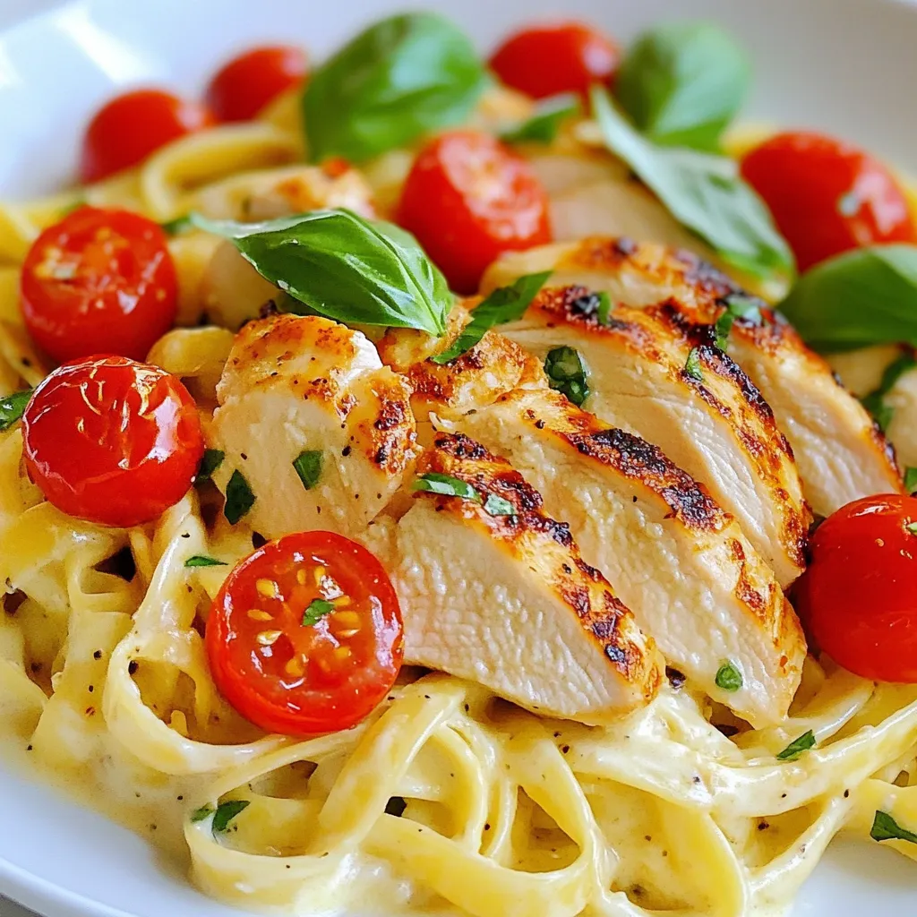 - 2 boneless, skinless chicken breasts - Salt and freshly cracked black pepper, to taste - 2 tablespoons olive oil - 3 cloves garlic, minced - 1 cup cherry tomatoes, halved - 1 cup heavy cream - 1 teaspoon Italian seasoning blend - ½ cup freshly grated Parmesan cheese - 8 oz fettuccine or pasta of your choice - Fresh basil leaves, for garnish Choosing the right pasta for Marry Me Chicken Pasta is key. Fettuccine works great due to its flat shape. It holds the sauce well and makes each bite creamy. You can also use penne or rotini if you prefer. They both catch the sauce nicely too. If you want to substitute heavy cream, there are options. You can use half-and-half for a lighter dish. Coconut milk gives a dairy-free version with a sweet twist. Silken tofu can create a creamy texture if blended well. To make this dish, you need essential kitchen tools. A sharp knife helps slice the chicken easily. A large skillet is perfect for cooking everything in one pan. A pot for boiling pasta is also a must. For best results, use a heavy-bottomed skillet. This helps cook the chicken evenly. A good cutting board will keep your workspace tidy. {{ingredient_image_2}} 1. Start by seasoning the chicken breasts. Use salt and freshly cracked black pepper. Make sure to cover both sides well. This step enhances the overall flavor. 2. Heat 2 tablespoons of olive oil in a large skillet. Keep the heat on medium-high. When the oil shimmers, carefully add the seasoned chicken breasts. 3. Cook the chicken for about 6-7 minutes on each side. Look for a golden brown color. The chicken must reach an internal temperature of 165°F. Once done, transfer the chicken to a plate and cover it to keep warm. 1. In the same skillet, without cleaning it, add 3 minced garlic cloves. Sauté for about 30 seconds. Stir frequently until the garlic smells fragrant and turns lightly golden. 2. Next, add 1 cup of halved cherry tomatoes to the skillet. Cook for about 3-4 minutes. You want them to soften and burst, releasing their juices. 3. Pour in 1 cup of heavy cream. Sprinkle in 1 teaspoon of Italian seasoning blend. Stir well and let it come to a gentle simmer. Cook for a couple of minutes to let the flavors meld. 4. Gradually add ½ cup of freshly grated Parmesan cheese. Stir until the cheese melts into the sauce. If the sauce is too thick, a splash of reserved pasta water can help. 1. While making the sauce, cook 8 oz of fettuccine or your pasta of choice. Follow the package instructions until it is al dente. Save a cup of the pasta cooking water and then drain the pasta. 2. Slice the cooked chicken into strips. Add the chicken back into the skillet with the sauce. Warm it through for about a minute. 3. Add the cooked pasta to the skillet along with the creamy chicken and tomato sauce. Toss everything together. Ensure the pasta is well coated with the sauce. If needed, use some reserved pasta water to adjust the consistency. 4. Serve the dish right away. Garnish with fresh basil leaves for a burst of flavor and color. Enjoy your Marry Me Chicken Pasta! - How to properly season chicken Start by seasoning the chicken breasts with salt and freshly cracked black pepper. This step is key. Generous seasoning brings out the chicken's natural taste. Don't skimp on the salt; it helps to enhance flavor. - Tips for a creamy sauce texture To get a creamy sauce, use heavy cream. Gradually add the cream to your pan after cooking garlic and tomatoes. Stir well as you add freshly grated Parmesan cheese. If the sauce gets too thick, add a splash of reserved pasta water. This keeps it rich but smooth. - Plating Marry Me Chicken Pasta attractively For a beautiful plate, serve the pasta in shallow bowls. Twirl the pasta for height and drama. Top with extra Parmesan and a drizzle of olive oil. This adds shine and flavor. - Garnishing tips for an elegant dish Fresh basil leaves make a great garnish. They add color and a nice aroma. You can also add whole cherry tomatoes for a pop of color. This makes your dish look stunning and appetizing. - Overcooking pasta and chicken Keep an eye on your chicken and pasta. Overcooking makes them dry and tough. Cook chicken until it reaches 165°F. For pasta, aim for al dente. This gives the best texture. - Using low-quality ingredients Always choose fresh, high-quality ingredients. Cheap ingredients can ruin your dish. Fresh herbs, good cheese, and ripe tomatoes make a big difference. They enhance flavors and make your meal shine. Pro Tips Use Fresh Ingredients: Always opt for fresh chicken and seasonal tomatoes to enhance the flavor of your dish. Don't Skip the Pasta Water: Adding reserved pasta water can help adjust the sauce's consistency, making it creamier. Perfectly Cooked Pasta: Make sure to cook the pasta until al dente for the best texture that holds up in the sauce. Garnish Generously: Fresh basil and a sprinkle of Parmesan not only enhance the presentation but also elevate the flavor profile. {{image_4}} You can switch out chicken for shrimp or tofu. Shrimp cooks fast and adds a nice touch. Tofu works well for a vegetarian version. Use firm tofu for a good texture. To make the dish pop, add spices or herbs. Try red pepper flakes for heat. Fresh basil or parsley adds brightness. You can also toss in vegetables like spinach or bell peppers. They add color and nutrition. For gluten-free pasta, look for rice or corn-based options. They cook well and taste great. To make the sauce dairy-free, use coconut milk or cashew cream. Both give a creamy feel without dairy. Adjust seasonings to keep the flavor strong. To store Marry Me Chicken Pasta, let it cool first. Place the pasta in an airtight container. This helps keep it fresh longer. You can refrigerate it for up to three days. Always label the container with the date you made it. Use glass or plastic containers with tight lids for best results. When reheating pasta, keep it moist. The best method is to use a stove. Add a splash of water or cream to a pan. Heat over low heat, stirring gently. This keeps the sauce creamy and flavorful. You can also use a microwave. Cover the dish with a damp paper towel to trap steam, which prevents drying. If you want to freeze Marry Me Chicken Pasta, place it in a freezer-safe container. Leave some space at the top for expansion. It can last for up to three months in the freezer. To thaw, move it to the fridge overnight. Reheat it on the stove or in the microwave, using the tips above. Marry Me Chicken Pasta is a creamy, dreamy dish. It features chicken, pasta, and rich sauce. The dish has a fun story. It’s said that it can make someone fall in love. The creamy sauce blends garlic, tomatoes, and Parmesan cheese. This dish became popular on social media. It’s perfect for cozy dinners or special occasions. To add spice, try these simple tips: - Use red pepper flakes for heat. - Add diced jalapeños for a fresh kick. - Stir in spicy Italian sausage while cooking the chicken. - Mix in a bit of hot sauce to the creamy sauce. These options let you control the heat in your dish. Adjust the spice to suit your taste. Yes, you can prepare Marry Me Chicken Pasta ahead. Here are some tips: - Cook the chicken and sauce in advance. Store them separately. - Cook the pasta just before serving. It tastes best fresh. - You can also keep the sauce in the fridge for up to three days. When ready to serve, mix everything together and heat it up. This way, you save time on busy nights. In this article, we explored the elements that make Marry Me Chicken Pasta special. You learned about essential ingredients, their substitutes, and key kitchen tools. I shared step-by-step cooking directions and tips for perfect flavor and presentation. We also considered variations, storage methods, and common mistakes to avoid. Remember, this dish can impress anyone, whether for a date night or a family meal. With these insights, you are ready to create a delicious meal that will win hearts. Enjoy cooking!