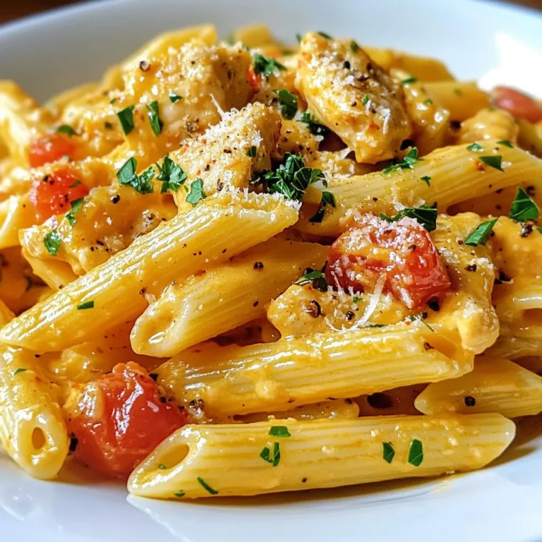 - 2 cups penne pasta - 1 lb chicken breast, diced - 2 tablespoons olive oil - 1 small onion, finely chopped - 3 cloves garlic, minced - 1 can (15 oz) crushed tomatoes - 1 cup heavy cream - 1 teaspoon dried basil - 1 teaspoon dried oregano - ½ teaspoon crushed red pepper flakes - Salt and freshly ground black pepper - Fresh parsley, finely chopped - Grated Parmesan cheese for serving Gather these ingredients before you start cooking. The penne pasta gives the dish its shape. The chicken adds protein and makes it filling. Olive oil helps cook the chicken. Onion and garlic bring great flavor. For the sauce, crushed tomatoes form a rich base. Heavy cream makes it creamy and smooth. Dried basil and oregano add Italian flair. Red pepper flakes can kick up the spice, if you like. Season the dish with salt and pepper to taste. Fresh parsley brightens the meal and adds color. Grated Parmesan cheese on top is a must for added richness. Get everything ready, and let’s make a delicious Chicken Penne Alla Vodka! {{ingredient_image_2}} 1. Fill a big pot with water. Add salt to the water to enhance the flavor. 2. Bring the water to a rolling boil. 3. Add the penne pasta to the boiling water. Cook it until it is al dente, which means firm to the bite. 4. Check the pasta after about 10-12 minutes. 5. Once cooked, carefully drain the pasta in a colander. 6. Set the pasta aside while you cook the chicken and make the sauce. 1. While the pasta cooks, heat olive oil in a large skillet over medium heat. 2. Once warm, add the diced chicken breast. 3. Season the chicken with salt and pepper. This step adds great flavor. 4. Sauté the chicken for about 5-7 minutes. Stir it often until golden brown and fully cooked. 5. Once done, transfer the chicken to a plate and set it aside. 1. In the same skillet, add the finely chopped onion. 2. Sauté the onion for 2-3 minutes until it is soft and translucent. 3. Then, add the minced garlic and cook for one more minute. Stir often to avoid burning. 4. Carefully pour in the can of crushed tomatoes. 5. Next, add the heavy cream and stir well. 6. Bring the mixture to a gentle simmer and cook for about 5 minutes. 7. Add the dried basil, oregano, and crushed red pepper flakes. 8. Taste the sauce and adjust the seasoning with more salt and pepper if needed. 1. Return the cooked chicken to the skillet with the sauce. 2. Add the drained penne pasta to the skillet. 3. Use tongs to gently toss the pasta and chicken together. 4. Make sure the pasta is evenly coated in the creamy sauce. 1. Once mixed, remove the skillet from the heat. 2. Taste and adjust the seasoning again if needed. 3. Serve the pasta hot in bowls. 4. Garnish with freshly chopped parsley and a generous amount of grated Parmesan cheese. 5. For a nice look, twirl the pasta on the plate and let the chicken pieces show on top. Cooking penne pasta to al dente is key. Al dente means the pasta is firm but not hard. This texture holds up well in the sauce. It gives a nice bite when you eat it. To avoid burning garlic, always keep the heat low. Garlic cooks fast, so watch it closely. Stir it often to keep it from browning too much. You can adjust the spice level in this dish easily. If you want more heat, add more crushed red pepper flakes. For less heat, cut back on them. Using fresh herbs gives a bright flavor. Fresh basil and parsley can make a big difference. Dried herbs work well too, but fresh has a stronger taste. A non-stick skillet is great for sautéing the chicken. It helps prevent sticking and makes cleanup easy. Use a good set of tongs for mixing. They help toss the pasta and chicken in the sauce evenly. A large spoon works well too for serving. Pro Tips Cook Pasta Al Dente: Ensure the penne pasta is cooked al dente for the best texture; it will continue to cook slightly when mixed with the sauce. Use Fresh Herbs: Fresh basil and oregano can elevate the flavor profile of your dish; consider adding them just before serving for a burst of freshness. Customize Spice Level: Adjust the amount of crushed red pepper flakes according to your spice preference; start with less and add more if desired. Garnish Generously: A generous sprinkle of chopped parsley and freshly grated Parmesan cheese not only enhances presentation but also adds flavor to each bite. {{image_4}} To make this dish vegetarian, swap the chicken for hearty vegetables. I suggest using bell peppers, zucchini, or mushrooms. You can also add tofu for protein. Dice the tofu into cubes and sauté it in olive oil. Cook it until golden, just like the chicken. Then follow the same steps for the sauce and pasta. This keeps all the flavors while being plant-based. If you want a twist, try shrimp or sausage instead of chicken. For shrimp, cook them for about 3-4 minutes until pink. If using sausage, slice it and sauté until browned. Adjust cooking times based on the protein. Shrimp cooks quickly, while sausage may need more time to reach the right temperature. Just ensure everything is fully cooked before combining with the pasta. For a lighter sauce, consider using half-and-half instead of heavy cream. This will cut down on calories but still keep it creamy. You can also try coconut milk for a dairy-free option. Adding different cheeses, like mozzarella or goat cheese, can enhance the flavor too. Just melt them into the sauce for a creamy texture and rich taste. To keep your chicken penne fresh, store it in the fridge. Use an airtight container for best results. Make sure it cools down before sealing. This helps prevent sogginess. Leftovers can last up to three days. If you want to freeze chicken penne, place it in a freezer-safe container. Leave some space at the top for expansion. You can freeze it for up to three months. When ready to eat, thaw it overnight in the fridge. For best results, reheat on the stove. Add a splash of cream to keep the sauce smooth. When reheating, avoid the microwave if possible. Use a skillet over medium heat instead. Stir often to warm it evenly. You can add a bit of water or cream to revive the sauce. This enhances the flavor and keeps it creamy. Enjoy your meal as if it were freshly made! To cook penne pasta, start by boiling water in a large pot. Add salt to the water for flavor. Once the water is boiling, add 2 cups of penne pasta. Cook it for about 10-12 minutes, or until it is al dente, which means it should still have a bit of bite. Stir the pasta occasionally to prevent it from sticking. When done, drain the pasta in a colander and set it aside. Yes, you can make Chicken Penne Alla Vodka in advance. Cook the dish, and let it cool down. Store it in an airtight container in the fridge for up to three days. You can reheat it on the stove or in the microwave. Just add a splash of water or cream to keep it moist. To make the sauce less creamy, you can reduce the amount of heavy cream. Use just half a cup instead of a full cup. You can also add more crushed tomatoes to balance the flavors. Another option is to substitute some cream with chicken broth. This will keep the sauce rich but lighter. If you want lighter alternatives to heavy cream, consider using whole milk or half-and-half. Greek yogurt can also work, but it may change the texture a bit. For a dairy-free option, use coconut milk or almond milk. Just be sure to adjust the seasonings as needed to maintain the flavor. You now have a clear guide to make a tasty Chicken Penne dish. We covered the key ingredients, step-by-step cooking methods, and useful tips to enhance flavors. Remember to choose the right pasta texture and use fresh herbs for the best taste. Whether you tweak the protein or adjust the sauce, there’s always room for creativity. Enjoy your meal, and don’t forget to savor each bite!