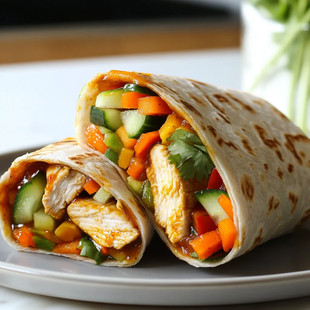 To make these tasty sweet chili chicken wraps, gather the following ingredients: - 2 chicken breasts, grilled and sliced - 1 large red bell pepper, sliced - 1 cup shredded carrots - 1 cucumber, julienned - 4 large tortillas (whole wheat or regular) - ½ cup sweet chili sauce - ¼ cup fresh cilantro, finely chopped - 1 tablespoon sesame oil - Salt and pepper to taste You can add more flavor and texture with these optional items: - ½ cup avocado slices Here’s what you need to prepare these wraps: - Medium skillet - Large mixing bowl - Spatula or spoon - Clean work surface - Skillet or sandwich press for toasting (optional) - Knife for slicing {{ingredient_image_2}} First, heat sesame oil in a medium skillet over medium heat. Add the sliced red bell pepper and shredded carrots. Sauté them for about 3-4 minutes. Stir occasionally. You want them slightly soft but still crisp. Season with a bit of salt and pepper. Once done, remove from heat and set aside. In a large mixing bowl, take your grilled chicken slices. Pour in the sweet chili sauce. Use a spatula to mix it well. Make sure every piece of chicken is coated. This sauce brings a sweet and spicy kick. Grab a tortilla and lay it flat on a clean surface. In the center, place a good amount of the sweet chili chicken. Next, add the sautéed veggies. Layer in the julienned cucumber and a sprinkle of fresh cilantro. If you like, add some avocado slices for creaminess. Now, fold the sides of the tortilla inward. Roll it from the bottom to the top. Make sure to enclose all the filling. For a crispy finish, toast the wraps. Preheat a skillet or sandwich press. Place each wrap in the hot pan. Cook them for about 2-3 minutes on each side. You want them golden brown and crispy. Once done, cut each wrap in half diagonally. Serve them warm with extra sweet chili sauce on the side for dipping. Enjoy! Grilling chicken breasts is easy if you follow a few steps. Start with room-temperature meat. This helps it cook evenly. Season both sides with salt and pepper. Preheat your grill to medium heat. Place the chicken on the grill and cook for about 6-7 minutes per side. Check the internal temperature; it should reach 165°F. Let it rest for a few minutes before slicing. This keeps the juices locked in. Choosing the right tortilla makes a big difference. Whole wheat tortillas add fiber and flavor. Regular flour tortillas are soft and easy to roll. You can also try corn tortillas for a gluten-free option. Pick large tortillas so you can fit in all the tasty fillings. Warm them up slightly before using. This makes them more flexible and less likely to tear. Garnishing your wraps can make them pop! Fresh cilantro adds a burst of color and flavor. Sliced avocado brings creaminess and richness. You can also add lime wedges for a zesty kick. If you like heat, sprinkle some chili flakes or sliced jalapeños on top. Serve the wraps on a platter with extra sweet chili sauce for dipping. This makes your meal look inviting and delicious! Pro Tips Use Fresh Ingredients: Fresh vegetables and herbs enhance the flavor and nutritional value of your wraps, so opt for the freshest produce available. Customize Your Sauce: If you prefer a spicier kick, add a splash of sriracha or chili flakes to the sweet chili sauce for an extra flavor boost. Wrap It Right: Ensure you don’t overfill your tortillas to make rolling easier and to prevent spills. A good rule of thumb is to use about 1/3 cup of filling per wrap. Meal Prep Friendly: Prepare the chicken and veggies in advance and assemble the wraps just before serving for a quick meal on busy days. {{image_4}} For a vegetarian twist, swap the chicken for grilled tofu. Cut the tofu into thick slices and marinate it in sweet chili sauce. This change keeps the flavor rich and tasty. You can also add more veggies like zucchini or mushrooms for extra crunch and nutrition. Just sauté them like you would with the bell pepper and carrots. If you love heat, try adding sliced jalapeños or a dash of hot sauce to the sweet chili sauce. You can also use spicy chili sauce instead of sweet chili sauce. This brings a fiery kick to your wraps. Adjust the amount based on your heat tolerance, and enjoy the flavor explosion! To make these wraps gluten-free, choose gluten-free tortillas. Many brands offer options that taste great. Ensure the sweet chili sauce is gluten-free too. You can easily find gluten-free versions in stores. This way, everyone can enjoy a delicious wrap without worry! After you enjoy your Sweet Chili Chicken Wraps, store any leftovers in an airtight container. Place them in the fridge. They stay fresh for up to three days. Make sure to keep the sauce separate if you want the wraps to stay crisp. To reheat, use a skillet over medium heat. Place the wrap in the skillet and cover it. Heat for about 2-3 minutes per side. This keeps the wrap crispy while warming the filling. You can also use a microwave, but it may soften the wrap. If you want to freeze the wraps, wrap them tightly in plastic wrap. Then, place them in a freezer-safe bag. They can last up to three months in the freezer. When ready to eat, thaw them in the fridge overnight. Reheat as described above for the best taste. You can use honey mixed with soy sauce as a sweet chili sauce substitute. Mix equal parts honey and soy sauce for a great flavor. You can also try sriracha with sugar if you want more heat. Both options give you a nice balance of sweet and spicy. These wraps can last up to three days in the fridge. Be sure to store them in an airtight container. This keeps them fresh and helps avoid sogginess. If you notice any wilting, it’s time to eat them! Yes, you can prep these wraps a day before serving. Just store the ingredients separately until you’re ready to eat. This keeps the wraps crisp and fresh. Assemble them shortly before serving for the best taste. Some great sides include fresh fruit, coleslaw, or a simple salad. You can also serve crunchy veggie sticks with dip. These sides add color and texture to your meal, making it even more enjoyable. You learned about making Sweet Chili Chicken Wraps in this blog. We covered essential ingredients, step-by-step instructions, and helpful tips. You now know variations and storage options, too. In the end, making these wraps is easy and fun. You can customize them to fit your taste. Enjoy sharing these tasty treats with friends and family!