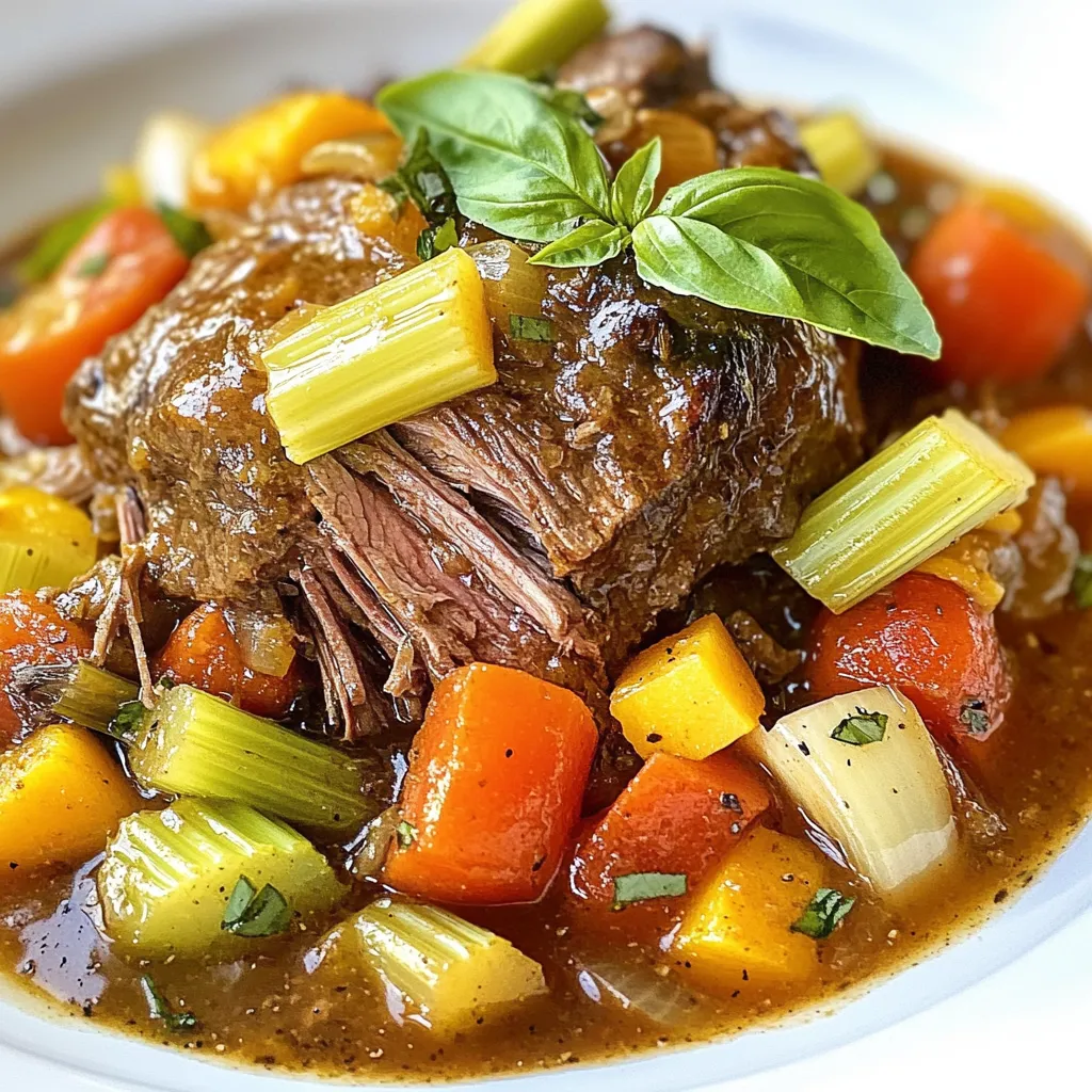 - 3-4 pounds beef chuck roast - 2 tablespoons olive oil - 2 medium onions, sliced - 4 cloves garlic, minced - 3 large carrots, chopped - 2-3 celery stalks, chopped - 1 can (14 oz) diced tomatoes, with juice - 2 cups beef broth - 2 teaspoons dried oregano - 1 teaspoon dried basil - Salt and pepper to taste The main ingredients for Italian pot roast make this dish rich and hearty. The beef chuck roast is the star, providing a tender texture when cooked slowly. I use olive oil for searing, which adds a nice flavor. The onions, garlic, carrots, and celery create a tasty base. Diced tomatoes give a fresh taste and help build the sauce. Beef broth adds depth, while oregano and basil bring the dish together. - Red pepper flakes for heat - Fresh herbs for garnish If you like a little spice, add red pepper flakes. They give a nice kick to the roast. Fresh herbs, like basil, make a great finishing touch. They brighten the dish and add a pop of color. - Pasta options - Mashed potatoes - Crusty bread For a complete meal, serve the roast with pasta or creamy mashed potatoes. Both options soak up the sauce well. Crusty bread is also a great choice. It’s perfect for dipping into the rich sauce. Each bite will keep you wanting more! {{ingredient_image_2}} - Seasoning the beef: Start by seasoning the beef chuck roast. Use salt and pepper generously. Make sure every side gets coated well. This step is key for flavor. - Searing for flavor: Next, heat olive oil in a large pot over medium-high heat. Once hot, carefully place the roast in the pot. Sear all sides until they are rich and brown. This should take about 3-4 minutes per side. Once done, take the roast out and set it aside. - Cooking onions and garlic: In the same pot, add the sliced onions. Sauté them until they soften, about 5 minutes. Then, add the minced garlic. Stir for another 1-2 minutes until you smell the garlic. - Incorporating carrots and celery: Now, add the chopped carrots and celery. Sauté these for 3-4 minutes. They should start to soften but still have some crunch. - Adding tomatoes and broth: Pour in the diced tomatoes with their juice. Then, add the beef broth. The mixture should start to look rich and tasty. - Returning the roast to the pot: Carefully return the seared roast to the pot. Nestle it among the vegetables and liquid. This step helps the roast soak up all the flavors. - Stovetop vs. slow cooker method: You can cook this dish on the stovetop or in a slow cooker. For the stovetop, bring the pot to a gentle simmer. Cover it and reduce the heat to low. For a slow cooker, set it on low for 6-7 hours. - Cooking duration and temperature: Let the roast cook for about 3-4 hours on the stovetop. It should become very tender. When you poke it with a fork, it should shred easily. To get a tender pot roast, start with a good cut of meat. Beef chuck roast works best. The marbled fat keeps the meat moist. Season it well with salt and pepper before cooking. Searing the roast adds flavor and helps lock in juices. Cook it slowly, either on the stove or in a slow cooker. This gentle cooking method breaks down tough fibers, making the roast fork-tender. To boost flavor, add dried oregano and basil. These herbs give the dish a classic Italian taste. You can also use fresh herbs if you prefer. Red pepper flakes add warmth, but you can skip them if you like mild flavors. For a twist, try cooking the roast with red wine or balsamic vinegar. These liquids add depth and richness to the sauce. Serving is key to a great meal. Place the sliced roast on a large platter. Spoon the sauce and veggies over the top. This makes it look inviting and delicious. Garnish with fresh basil leaves for a pop of color. Drizzle a bit of olive oil on top for added richness. Serve the pot roast with pasta, creamy mashed potatoes, or crusty bread. These sides soak up the tasty sauce and complete your dish. Pro Tips Resting the Meat: Allow the roast to rest for at least 10 minutes after cooking. This helps the juices redistribute, ensuring a moist and flavorful slice. Flavor Boost: For deeper flavor, consider marinating the roast overnight with olive oil, garlic, and herbs before cooking. Vegetable Variations: Feel free to add other vegetables like potatoes or parsnips for added texture and flavor in your pot roast. Storage Tips: Store leftovers in an airtight container in the refrigerator for up to 3 days, or freeze for up to 3 months for a quick meal later. {{image_4}} Italian pot roast has many regional styles. In Tuscany, cooks use red wine for a rich flavor. In Naples, they add olives and capers for a salty kick. You can swap in different meats like pork or lamb. Try adding mushrooms for an earthy taste. Each region brings its flair to this classic dish. For gluten-free options, use certified gluten-free beef broth. Most ingredients are naturally gluten-free, so check labels. If you prefer vegetarian, substitute the beef with a hearty vegetable like jackfruit. Use vegetable broth for the liquid. You can also add more root veggies for texture and flavor. You can use an Instant Pot for a quick meal. Set it to pressure cook for about 60 minutes. For oven-braising, preheat to 300°F. Cook the roast in a covered pot for 3 to 4 hours. Both methods yield tender meat and savory sauce. Adjust cooking times based on your method. After making Italian pot roast, you might have some tasty leftovers. To store them, place the roast in an airtight container. Make sure to cover it well to keep moisture in. You can keep it in the fridge for about 3 to 4 days. If you want to save it longer, freezing is a great option. If you freeze the pot roast, it can last for up to 3 months. First, let the roast cool down completely. Then, cut it into portions for easier use later. Use freezer-safe bags or containers for storage. Squeeze out as much air as possible to prevent freezer burn. When it's time to enjoy your leftovers, you have two easy options: microwave or stovetop. For the microwave, place the roast in a safe dish, cover it, and heat it for 2-3 minutes. Stir it halfway through to ensure even heating. For stovetop, place the roast in a pan over low heat with a splash of broth. This keeps it moist and tasty. Always check that it’s hot all the way through before serving. This way, you’ll enjoy the best flavor and texture. The best cut for pot roast is beef chuck. It has good fat and connective tissue. This makes it tender when cooked slowly. Other good options are brisket and round roast. These cuts also add flavor. Yes, you can make pot roast ahead of time. Cook it fully, then cool it down. Store it in the fridge for up to three days. When ready to eat, reheat it on the stove or in the oven. Add some broth to keep it moist. You know the pot roast is done when it shreds easily with a fork. The meat should feel tender. You can also check the internal temperature. It should be at least 190°F for perfect doneness. Yes, you can use a slow cooker for pot roast. Sear the meat first for flavor. Then, add all the ingredients to the slow cooker. Set it on low for 6-7 hours. You will still get a tender and tasty roast this way. In this blog post, we explored the key ingredients for a delicious pot roast, including beef chuck and fresh veggies. I outlined step-by-step instructions for preparing and cooking the roast. You learned some handy tips to enhance flavor and texture, along with variations to suit different tastes. In closing, pot roast is versatile and easy to make. Experiment with ingredients and methods to find your favorite version. Enjoy the warmth and comfort this dish brings to your table.