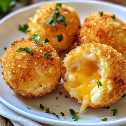 To make crispy cheese balls, you need the following: - 2 cups shredded cheese (a blend of sharp cheddar and stretchy mozzarella) - 1 cup cream cheese, softened to room temperature - 1 cup panko breadcrumbs (for an extra crispy texture) - 2 tablespoons fresh parsley, finely chopped - 1 teaspoon garlic powder - 1 teaspoon onion powder - Salt and freshly ground black pepper to taste - 1 large egg, beaten until smooth - Vegetable oil, for frying Using good-quality cheese makes a big difference. The best cheese melts well and adds flavor. Sharp cheddar gives a nice tang, while mozzarella adds stretch. Cream cheese binds everything together, making the mix creamy. Fresh parsley brightens the taste and looks great too. Always choose fresh spices for better flavor. You can change some ingredients if needed. Use any cheese you like, such as gouda or pepper jack. If you want a lighter option, try using Greek yogurt instead of cream cheese. For a gluten-free version, swap panko for crushed cornflakes. Add spices like paprika or cayenne for a kick! {{ingredient_image_2}} To make the cheese mixture, grab a large mixing bowl. First, add 2 cups of shredded cheese. I like to use a mix of sharp cheddar and stretchy mozzarella for great taste. Next, add 1 cup of softened cream cheese. Mix these cheeses until they blend smoothly. Then, add 2 tablespoons of finely chopped parsley, 1 teaspoon of garlic powder, and 1 teaspoon of onion powder. Don’t forget to sprinkle in some salt and pepper to taste. Stir everything until it is well combined. Now it’s time to form the cheese balls. Take about one tablespoon of the cheese mixture in your hands. Roll it into a ball shape, making around 20 cheese balls. Once you have all your cheese balls ready, get a shallow dish and pour in 1 cup of panko breadcrumbs. Dip each cheese ball into 1 large beaten egg. Make sure it is fully coated. After that, roll it in the breadcrumbs. Press gently to help the crumbs stick well. For frying, heat some vegetable oil in a deep pan over medium heat. To check if the oil is ready, drop a small pinch of breadcrumbs into it. If it sizzles and rises, you are good to go! Carefully place the cheese balls in the hot oil, but do it in small batches. Fry them for about 3 to 4 minutes. Make sure to turn the balls so they brown evenly. You want them to be a nice golden brown color all over. When they are done, use a slotted spoon to lift them out and place them on a plate lined with paper towels to soak up extra oil. Enjoy these warm with your favorite dipping sauces! To get the best crunch, use panko breadcrumbs. They are lighter and crispier than regular ones. Make sure to fry in hot oil. If the oil is too cold, the cheese balls will soak up oil and become soggy. Always test the oil with a breadcrumb. It should sizzle and rise right away. Keep the cheese balls chilled before frying. This helps them hold their shape. If they fall apart, try adjusting the cheese blend. A firmer cheese like gouda or a bit more cream cheese can help. Also, roll them gently but firmly to make sure they stay intact. Serving crispy cheese balls with the right dips can enhance their flavor. I recommend marinara or ranch dressing. Both add a nice tangy kick. You can also try spicy ketchup or garlic aioli for something different. These dips will make your snack even more delightful! Pro Tips Chill the Mixture: Before rolling the cheese balls, refrigerate the cheese mixture for about 30 minutes. This helps the balls hold their shape during frying. Use a Thermometer: For perfectly fried cheese balls, use a kitchen thermometer to maintain the oil temperature around 350°F (175°C) for optimal crispiness. Experiment with Cheeses: Feel free to mix different types of cheese such as pepper jack or gouda for varied flavors and textures in your cheese balls. Serve with Variety: Pair your cheese balls with a range of dipping sauces like spicy sriracha or honey mustard for an exciting flavor experience. {{image_4}} You can change the taste of your crispy cheese balls easily. Add spices or herbs to make them unique. For a spicy kick, mix in some chopped jalapeños or cayenne pepper. If you love herbs, try adding fresh basil or oregano. You can even use a blend of Italian seasoning for a zesty touch. Each flavor brings a new life to these tasty bites! Not everyone eats dairy, but that’s okay! You can make vegan cheese balls too. Use plant-based cheese that melts well, like cashew or almond cheese. Instead of cream cheese, use a vegan cream cheese. It gives a creamy texture without the dairy. This way, everyone can enjoy crispy cheese balls! Frying gives crispy cheese balls a crunchy coat. But baking is a healthier choice if you prefer less oil. To bake, preheat your oven to 400°F (200°C). Place the coated cheese balls on a lined baking sheet. Bake for 15-20 minutes until they turn golden brown. You still get great flavor and texture! To keep leftover cheese balls fresh, place them in an airtight container. Line the bottom with paper towels to absorb moisture. This step helps maintain their crispiness. Store the container in the fridge for up to three days. When ready to enjoy again, you can reheat them. For long-term storage, freezing is a great option. First, place the cheese balls on a baking sheet in a single layer. Freeze them for about an hour until solid. Then, transfer the frozen cheese balls to a freezer bag. Remove as much air as possible before sealing. They can last in the freezer for up to three months. To reheat and keep the cheese balls crispy, preheat your oven to 375°F (190°C). Spread the cheese balls on a baking sheet lined with parchment paper. Heat them for about 10-12 minutes until warm and crispy. Avoid using a microwave, as it can make them soggy. Enjoy your crispy cheese balls just like the first day! Crispy cheese balls stay fresh for about 2 to 3 days in the fridge. After frying, let them cool down. Then, place them in an airtight container. This keeps them from drying out. For best taste, eat them soon after frying. Yes, you can make crispy cheese balls ahead of time. Prepare the cheese mixture and form the balls. Then, place them on a tray and freeze them for about an hour. Once firm, transfer them to a sealed bag. You can fry them later when you are ready to enjoy. Some great sauces to dip your crispy cheese balls in are: - Marinara sauce - Ranch dressing - Spicy aioli - Honey mustard - Barbecue sauce These sauces enhance the cheese balls and add extra flavor. Try them all to find your favorite! In this blog post, we explored the essential ingredients and their quality, the step-by-step process to create perfect cheese balls, and valuable tips for the best results. You learned about various flavor options and how to store leftovers properly. Remember, quality ingredients lead to better taste. Use these tips to impress your family or friends. Enjoy experimenting with flavors and find your favorite dipping sauce. Your next cheese ball creation is just around the corner!