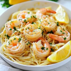 - 8 oz linguine pasta - 1 lb large shrimp, peeled and deveined - 4 cloves garlic, minced - 1/4 cup unsalted butter - 2 tablespoons olive oil - 1 tablespoon lemon zest - 1/4 cup freshly squeezed lemon juice - 1/2 teaspoon red pepper flakes (adjust to taste) - Salt and pepper to taste - 1/4 cup fresh parsley, finely chopped To make the best shrimp scampi linguine, choose linguine pasta. It has the right shape for the sauce. Use large shrimp that are peeled and deveined. This saves time and adds great flavor. Fresh garlic adds a strong taste to the dish. Butter and olive oil together create a rich base. Lemon zest and juice provide a bright, fresh flavor. Red pepper flakes add a hint of heat. Finally, parsley gives a nice pop of green and freshness. - Lemon wedges, for garnish You can add lemon wedges for serving. They enhance the dish's citrus flavor. For a twist, try using other herbs like basil or thyme. You can swap out the shrimp for scallops or chicken. This way, you can create your own version of this classic dish. {{ingredient_image_2}} To start, bring a large pot of salted water to a rapid boil. This step is key for great pasta. Once the water is boiling, add the 8 oz linguine. Cook it until it is al dente. This usually takes about 8-10 minutes. To get the perfect texture, check the package for exact times. After cooking, reserve 1 cup of the pasta water. This water is starchy and helps the sauce stick. Drain the linguine well in a colander and set it aside. In a large skillet, melt 1/4 cup unsalted butter with 2 tablespoons olive oil over medium heat. This mix gives a rich flavor. Once melted, add 4 cloves minced garlic. Sauté the garlic for 1-2 minutes, stirring often. You want it to be fragrant and lightly golden, not burnt. This part is crucial because burnt garlic can ruin your dish. After the garlic is ready, add 1 lb of peeled and deveined shrimp. Season them with salt, black pepper, and 1/2 teaspoon red pepper flakes. Cook for about 3-4 minutes. The shrimp should turn pink and opaque. When the shrimp are done, add 1 tablespoon lemon zest and 1/4 cup freshly squeezed lemon juice. Stir well to coat the shrimp in that bright, zesty flavor. Next, carefully mix in the drained linguine. Toss everything gently until well combined. If the dish seems dry, gradually add some reserved pasta water. This will help reach your desired creamy texture. Finally, stir in 1/4 cup freshly chopped parsley. It adds color and fresh taste. Serve your shrimp scampi linguine in shallow bowls, garnished with lemon wedges for that gorgeous finish. To adjust spice levels, start with half a teaspoon of red pepper flakes. You can add more if you like heat. If you want a milder dish, leave out the flakes entirely. For extra flavor, consider adding ingredients like sun-dried tomatoes or capers. They add a nice burst of taste that pairs well with shrimp. When cooking shrimp, ensure they are pink and opaque. This shows they are fully cooked. Avoid overcooking, as shrimp can become rubbery. A common mistake is not seasoning shrimp enough. Don’t be shy with salt and pepper. This simple step elevates the dish. Plate your Shrimp Scampi Linguine in shallow bowls. This lets the colors shine. Use a fork to twirl the pasta neatly. Add shrimp on top for a layered look. Garnish with chopped parsley and a lemon wedge. This adds freshness and a pop of color. Pro Tips Fresh Shrimp is Best: Always opt for fresh shrimp if possible, as they provide a superior flavor and texture compared to frozen varieties. Adjust the Heat: Feel free to adjust the amount of red pepper flakes according to your spice preference. Start with a small amount and add more as desired. Save the Pasta Water: Don't forget to reserve some pasta water before draining. This starchy liquid can help adjust the sauce's consistency and improve its creaminess. Garnish Generously: Don't skimp on the fresh parsley and lemon wedges when serving. They enhance the dish's flavor profile and provide a beautiful presentation. {{image_4}} You can switch up the pasta in your dish. If you want to try something new, consider using spaghetti or fettuccine. Both types of pasta work great with shrimp scampi. Spaghetti offers a classic option, while fettuccine gives a wider bite. Feel free to use what you have on hand! Don't worry if you don't have shrimp. Scallops are a tasty choice that cooks quickly. Just like shrimp, they soak up the lemon and garlic flavors. Chicken is another good option. Use bite-sized pieces and cook until no longer pink. Both substitutes offer a delightful twist to the dish. You can play with herbs and spices to make it your own. Try adding fresh basil or parsley for a burst of flavor. For those who like heat, more red pepper flakes can spice things up. You may also add a pinch of Italian seasoning to enhance the taste. Don't be afraid to experiment! To store your Shrimp Scampi Linguine, follow these steps: - Let it cool to room temperature. - Place it in an airtight container. - Refrigerate for up to three days. This keeps the flavors fresh and safe to eat. When reheating, keep the shrimp juicy and the pasta tender. Here are some methods: - Stovetop: Add a splash of water or broth in a pan. Heat over medium, stirring gently until warm. - Microwave: Use a microwave-safe bowl. Add a few drops of water. Heat in short bursts, stirring in between. These methods help maintain the dish's texture and flavor. Freezing Shrimp Scampi Linguine can change the texture, but you can still do it! Follow these tips: - Cool the dish completely before packing. - Use a freezer-safe container or bag. - Label it with the date. You can freeze it for up to three months. To thaw, place it in the fridge overnight. Reheat gently to enjoy later. Shrimp scampi has Italian roots. The dish began as a way to cook shrimp with garlic and lemon. In the U.S., cooks added linguine to make it a pasta dish. This blend creates a rich, savory meal. The name "scampi" comes from a type of shrimp. Over time, the dish became popular in many homes and restaurants. Yes, you can prep shrimp scampi linguine ahead of time! Cook the linguine and store it in the fridge. Prepare the shrimp and sauce, then store them separately. This way, you can quickly mix them when you are ready to serve. Remember, don’t cook the shrimp until you're close to mealtime. This keeps the shrimp fresh and tasty. Great side dishes enhance your meal. Here are some tasty options: - Garlic bread: A crunchy side that soaks up extra sauce. - Fresh salad: A light mixed green salad adds a nice crunch. - Steamed vegetables: Broccoli or asparagus adds color and nutrition. - White wine: A glass of chilled white wine complements the dish well. These sides balance the flavors of the shrimp scampi linguine and make your meal feel complete! In this blog post, I shared how to make Shrimp Scampi Linguine. We covered essential ingredients like linguine, shrimp, and seasonings. I also provided step-by-step instructions for cooking pasta and shrimp. Tips for flavor enhancement and presentation were included too. This dish is versatile, with options for different pastas and proteins. Remember to store leftovers safely and reheat carefully. With practice, you'll create a delicious meal every time. Enjoy your cooking journey and let your creativity shine!