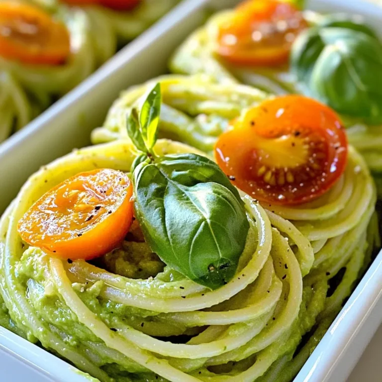 - 2 ripe avocados - 12 oz pasta (spaghetti or fettuccine) - 1 cup fresh basil leaves - 2 cloves garlic - 1 tablespoon fresh lemon juice - 1/4 cup high-quality olive oil - 1/4 cup finely grated Parmesan cheese - Sea salt and freshly cracked black pepper - Handful of cherry tomatoes (for garnish) For this creamy avocado pasta, you need a few simple items. The main stars are ripe avocados, which bring a rich, buttery taste. Choose your favorite pasta type, either spaghetti or fettuccine. Fresh basil leaves add a lovely aroma and flavor to the dish. Garlic, lemon juice, and olive oil work together to boost the taste. The garlic gives a warm kick, while lemon juice adds brightness. The olive oil creates a smooth texture in the sauce. You can also elevate the dish with optional ingredients. Grated Parmesan cheese adds a cheesy depth. Season with sea salt and freshly cracked pepper for balance. Cherry tomatoes make a colorful garnish and add a hint of sweetness. With these ingredients, you can create a quick and tasty meal that delights the senses. {{ingredient_image_2}} - Bring salted water to a boil. - Cook pasta until al dente. - Reserve starchy pasta water. Start by filling a large pot with water. Add a good amount of salt. This helps the pasta taste better. Heat it on high until it bubbles. Once boiling, add your pasta. Cook it according to the package instructions. It usually takes about 8 to 10 minutes. You want it firm but tender. This is called al dente. Before you drain the pasta, save about one cup of that starchy water. This water will help the sauce stick later. After saving the water, drain the pasta and set it aside. - Combine ingredients in a food processor. - Blend until smooth. - Adjust consistency with reserved pasta water if necessary. Next, grab your food processor. Add two ripe avocados, one cup of basil, two minced garlic cloves, one tablespoon of lemon juice, and a quarter cup of olive oil. Blend it all together until it turns creamy and smooth. If the sauce is too thick, use some of that reserved pasta water. Add a little at a time until you get the right texture. You want a nice, silky sauce that coats the pasta well. - Mix pasta and sauce together. - Season with salt and pepper. - Garnish with cherry tomatoes and basil. Now it’s time to mix everything together. In a big bowl, add your drained pasta. Pour the creamy avocado sauce over it. Toss gently until the pasta is well covered. Taste it and add sea salt and cracked pepper to your liking. If you want, you can mix in some grated Parmesan cheese for extra flavor. For serving, dish the pasta into bowls. Top each bowl with halved cherry tomatoes and extra basil leaves. This not only adds color but also fresh flavor. Enjoy your creamy avocado pasta! - Choosing ripe avocados: Look for avocados that yield slightly to gentle pressure. The color should be dark green or almost black. Avoid any that feel too mushy or hard. - Adding variations of herbs: While basil is great, try adding cilantro or parsley for a fresh twist. You can also mix in a pinch of mint for a unique flavor. - Tips for achieving the right texture: Blend the avocado with olive oil and lemon juice until it’s creamy. If it’s too thick, add a bit of reserved pasta water to thin it out. Aim for a smooth and silky sauce. - Measuring pasta for servings: One serving is about 2 ounces of dry pasta. Use a food scale or your hand to measure. A bunch of pasta that fits in a circle about the size of a quarter is a good guide. - Avoiding mushy pasta: Always cook pasta until al dente, which means it should be firm to the bite. Stir occasionally to prevent sticking. - Storing leftover cooked pasta: Store pasta in an airtight container in the fridge. Add a bit of olive oil to keep it from sticking. Use within three days for the best taste. - Complementary side dishes: Pair the creamy avocado pasta with a side salad or garlic bread. A light arugula salad adds a nice crunch. - Ideal wine pairings: A chilled Sauvignon Blanc or a light Pinot Grigio works well. These wines balance the creaminess of the sauce. - Creative presentation ideas: Serve in a bright bowl. Add halved cherry tomatoes on top and whole basil leaves for color. Drizzle extra olive oil for a gourmet touch. Pro Tips Use Ripe Avocados: Make sure your avocados are perfectly ripe to achieve the creamiest sauce. A ripe avocado will yield slightly to gentle pressure when squeezed. Experiment with Pasta Types: While spaghetti and fettuccine are classic choices, feel free to try whole wheat, gluten-free, or even spiralized vegetables for a healthier twist. Add Extra Flavor: Consider adding a pinch of red pepper flakes or a splash of balsamic vinegar to the avocado sauce for an extra layer of flavor and a bit of heat. Store Leftovers Properly: To prevent the avocado sauce from browning, store leftovers in an airtight container and press plastic wrap directly onto the surface of the sauce before sealing. {{image_4}} You can make this dish vegan easily. Just skip the cheese and use nutritional yeast. Nutritional yeast gives a cheesy taste without dairy. You can also explore creamy options like cashew cream. Cashew cream blends well and adds a rich texture. Simply soak cashews in water, then blend until smooth. Want more nutrition? You can add protein sources like grilled chicken or shrimp. These options boost flavor and make the meal heartier. If you prefer plants, try incorporating fresh vegetables. Spinach and peas are great choices. They add color and nutrients without much effort. You can mix things up with different sauces. Try a tomato-based sauce with avocado for a twist. This combo brings a fresh taste to your pasta. For a kick, add chili flakes to your avocado sauce. Spice can elevate the dish and add excitement. You can personalize your pasta to match your mood! To keep your creamy avocado pasta fresh, follow these steps: - Cool Down: Allow the pasta to cool before storing. - Airtight Containers: Use airtight containers to prevent air from spoiling the dish. - Avoid Metal: Opt for glass or plastic containers, as metal can react with the avocado. Reheating avocado pasta needs care. Here's how to do it: - Low Heat: Reheat in a pan on low heat to avoid burning. - Add Water: Add a splash of reserved pasta water to keep it creamy. - Watch for Color: Stir gently to prevent the avocado from turning brown. If you want to freeze your pasta, here’s how: - Portion It Out: Freeze in single-serving portions for easy meals later. - Use Freezer Bags: Place pasta in freezer bags, removing as much air as possible. - Thawing: Thaw overnight in the fridge before reheating. This keeps it fresh. If you don't have avocados, you can use a few creamy options. Try using blended silken tofu for a similar texture. Cashew cream also works well; just soak cashews in water and blend until smooth. Cream cheese can be an option too, though it adds a different flavor. Each choice gives a nice creamy feel to your pasta. Creamy avocado pasta tastes best fresh but can last in the fridge for about two days. Store it in an airtight container to keep it fresh. If you see any browning, it's from the avocado. Just stir it in, and it will still taste good. Reheat gently to avoid losing its creamy texture. Yes, you can use whole wheat or gluten-free pasta! Whole wheat adds more fiber and nutrients. Gluten-free pasta gives options for those with dietary needs. Choose any shape you like, such as penne or rotini. Just follow the cooking time on the package for best results. Enjoy the dish your way! This blog post covered a tasty avocado pasta recipe that’s easy to make. We explored the important ingredients, detailed cooking steps, and shared tips for your best dish yet. Want to switch it up? You can add chicken, shrimp, or even use gluten-free pasta. This meal can keep well in the fridge or even be frozen for later use. Enjoy your creamy avocado pasta and all its variations. It’s a dish that combines health and flavor in every bite!