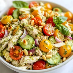 - 2 cups cooked chicken breast, shredded - 1 cup cherry tomatoes, halved - 1 cup cucumber, diced - ½ cup red onion, finely chopped - ½ cup mayonnaise - ¼ cup basil pesto - 1 tablespoon lemon juice - Salt and pepper to taste - ¼ cup pine nuts, toasted - Fresh basil leaves for garnish I love using fresh ingredients for this creamy pesto chicken salad. The chicken gives it a rich flavor. I usually shred the chicken right before mixing. Cherry tomatoes add a sweet pop. Diced cucumbers bring a nice crunch. Finely chopped red onion gives a hint of sharpness. For the dressing, I combine mayonnaise, basil pesto, and lemon juice. This mix creates a creamy texture. Don't forget to add salt and pepper for flavor. If you want a little crunch, try adding toasted pine nuts. They give a great nutty taste. Finally, fresh basil leaves make a beautiful garnish. They add color and a lovely aroma. Every ingredient plays a role in making this salad fresh and flavorful. {{ingredient_image_2}} - First, shred 2 cups of cooked chicken breast. You can use leftover chicken or roast a fresh one. - Next, chop 1 cup of cherry tomatoes in half. This adds a nice burst of flavor. - Dice 1 cup of cucumber into small pieces. The cucumber gives a fresh crunch. - Finely chop ½ cup of red onion. This adds a bit of zing to the salad. - In a small bowl, add ½ cup of mayonnaise. - Then, mix in ¼ cup of basil pesto. This gives the dressing a rich, herby taste. - Add 1 tablespoon of lemon juice for brightness. - Whisk all ingredients together until smooth. The dressing should look creamy and well blended. - In a big mixing bowl, combine the shredded chicken, cherry tomatoes, cucumber, and red onion. Stir gently to mix. - Gradually pour the creamy pesto dressing over the chicken and veggies. - Using a spatula, fold the ingredients carefully. Make sure everything gets coated in the dressing. - Taste the salad. Add salt and pepper to your liking. Adjust to make it just right. - If you want, fold in ¼ cup of toasted pine nuts. They add a great crunch and flavor. - Cover the bowl with plastic wrap or a lid. Refrigerate for at least 30 minutes. This lets the flavors blend well. - When ready to serve, toss the salad gently again. Garnish with fresh basil leaves for a nice touch. To make your creamy pesto chicken salad pop, think about adding herbs and spices. Fresh herbs like dill or chives can boost the flavor. You might also try adding a pinch of garlic powder or onion powder for extra taste. Incorporate more veggies for crunch and color. Bell peppers, radishes, or even celery can give your salad a fresh twist. Each new veggie adds its own flavor and makes your dish more colorful. Toasting pine nuts can add a wonderful crunch. Place them in a dry skillet over medium heat. Stir often for about 3-5 minutes until they turn golden. This step is quick but makes a big difference in texture! Refrigeration is key for flavor melding. Letting the salad chill for at least 30 minutes allows all the tastes to come together. The longer it sits, the better it gets! For presentation, serve the salad on a bed of mixed salad greens. This adds color and texture. Using a wooden or ceramic bowl can also give your dish a rustic feel. Consider garnishing with fresh basil leaves for that final touch of vibrancy. Pro Tips Use Fresh Ingredients: Opt for fresh basil and ripe cherry tomatoes to enhance the flavor profile of your salad. Customize Your Dressing: Feel free to adjust the amount of pesto or mayonnaise based on your personal taste preferences for a creamier or more herby salad. Chill for Best Flavor: Allowing the salad to chill in the refrigerator for at least 30 minutes helps the flavors meld beautifully, making each bite more delicious. Experiment with Add-Ins: Consider adding ingredients like diced avocado or olives for added complexity and taste in your chicken salad. {{image_4}} You can make this salad lighter by swapping Greek yogurt for mayonnaise. Greek yogurt adds creaminess and protein without the extra fat. It also gives a nice tang that brightens the dish. Another option is to use grilled chicken instead of shredded. Grilling adds a smoky flavor and keeps the chicken juicy. Do you want to change the flavor? Try using different types of pesto, like sun-dried tomato or arugula pesto. Each pesto brings its own taste and twist to the salad. You can also add cheese for more creaminess. Feta or goat cheese work well and add a nice salty bite. Seasonal ingredients can make this salad even better. In summer, add fresh corn or bell peppers for crunch. In the fall, roasted squash or apples can add sweetness. Using fresh herbs like dill or cilantro brings brightness and freshness, making the dish pop. To store your creamy pesto chicken salad, place it in an airtight container. This keeps it fresh and prevents odors from other foods. The salad lasts up to three days in the fridge. Make sure to check for any signs of spoilage before eating. You can freeze creamy pesto chicken salad, but it's best to leave out fresh ingredients like tomatoes and cucumbers. These can become mushy when thawed. To freeze, pack the chicken and dressing tightly in a container. It can last up to a month in the freezer. If you need to reheat your salad, do it gently. Use the microwave in short bursts to warm it up. Stir the salad after each burst to heat it evenly. Remember, it's best served cold, so consider enjoying it straight from the fridge instead! To make creamy pesto chicken salad gluten-free, you can easily swap some ingredients. Use gluten-free mayonnaise. Most basil pesto brands are gluten-free, but always check labels. Serve the salad on a bed of greens instead of bread. This keeps it fresh and safe for gluten-sensitive folks. Yes, you can prep this salad ahead. Make it a few hours or even a day before serving. Just keep it in the fridge. The flavors meld together, making it even tastier. If you want a fresh crunch, add toasted pine nuts right before serving. This salad pairs well with many sides. Try serving it with whole-grain crackers or pita chips. You can also add a side of fresh fruit or a light soup. A simple green salad can brighten your plate too. These options add color and flavor to your meal. This blog post shared a simple, tasty creamy pesto chicken salad recipe. We covered key ingredients, step-by-step preparation, and helpful tips. A mix of chicken, fresh veggies, and a creamy dressing makes it enjoyable. You can also customize it with seasonal ingredients and healthier swaps. Remember to store leftovers properly to keep them fresh. This salad is versatile and perfect for any meal. Enjoy creating your own version, and feel free to experiment!