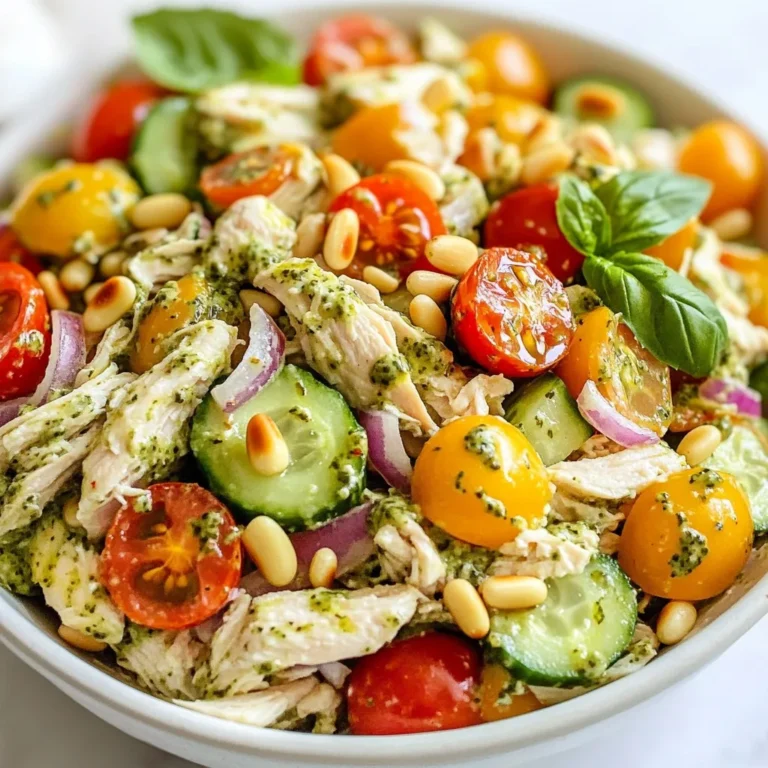 - 2 cups cooked chicken breast, shredded - 1 cup cherry tomatoes, halved - 1 cup cucumber, diced - ½ cup red onion, finely chopped - ½ cup mayonnaise - ¼ cup basil pesto - 1 tablespoon lemon juice - Salt and pepper to taste - ¼ cup pine nuts, toasted - Fresh basil leaves for garnish I love using fresh ingredients for this creamy pesto chicken salad. The chicken gives it a rich flavor. I usually shred the chicken right before mixing. Cherry tomatoes add a sweet pop. Diced cucumbers bring a nice crunch. Finely chopped red onion gives a hint of sharpness. For the dressing, I combine mayonnaise, basil pesto, and lemon juice. This mix creates a creamy texture. Don't forget to add salt and pepper for flavor. If you want a little crunch, try adding toasted pine nuts. They give a great nutty taste. Finally, fresh basil leaves make a beautiful garnish. They add color and a lovely aroma. Every ingredient plays a role in making this salad fresh and flavorful. {{ingredient_image_2}} - First, shred 2 cups of cooked chicken breast. You can use leftover chicken or roast a fresh one. - Next, chop 1 cup of cherry tomatoes in half. This adds a nice burst of flavor. - Dice 1 cup of cucumber into small pieces. The cucumber gives a fresh crunch. - Finely chop ½ cup of red onion. This adds a bit of zing to the salad. - In a small bowl, add ½ cup of mayonnaise. - Then, mix in ¼ cup of basil pesto. This gives the dressing a rich, herby taste. - Add 1 tablespoon of lemon juice for brightness. - Whisk all ingredients together until smooth. The dressing should look creamy and well blended. - In a big mixing bowl, combine the shredded chicken, cherry tomatoes, cucumber, and red onion. Stir gently to mix. - Gradually pour the creamy pesto dressing over the chicken and veggies. - Using a spatula, fold the ingredients carefully. Make sure everything gets coated in the dressing. - Taste the salad. Add salt and pepper to your liking. Adjust to make it just right. - If you want, fold in ¼ cup of toasted pine nuts. They add a great crunch and flavor. - Cover the bowl with plastic wrap or a lid. Refrigerate for at least 30 minutes. This lets the flavors blend well. - When ready to serve, toss the salad gently again. Garnish with fresh basil leaves for a nice touch. To make your creamy pesto chicken salad pop, think about adding herbs and spices. Fresh herbs like dill or chives can boost the flavor. You might also try adding a pinch of garlic powder or onion powder for extra taste. Incorporate more veggies for crunch and color. Bell peppers, radishes, or even celery can give your salad a fresh twist. Each new veggie adds its own flavor and makes your dish more colorful. Toasting pine nuts can add a wonderful crunch. Place them in a dry skillet over medium heat. Stir often for about 3-5 minutes until they turn golden. This step is quick but makes a big difference in texture! Refrigeration is key for flavor melding. Letting the salad chill for at least 30 minutes allows all the tastes to come together. The longer it sits, the better it gets! For presentation, serve the salad on a bed of mixed salad greens. This adds color and texture. Using a wooden or ceramic bowl can also give your dish a rustic feel. Consider garnishing with fresh basil leaves for that final touch of vibrancy. Pro Tips Use Fresh Ingredients: Opt for fresh basil and ripe cherry tomatoes to enhance the flavor profile of your salad. Customize Your Dressing: Feel free to adjust the amount of pesto or mayonnaise based on your personal taste preferences for a creamier or more herby salad. Chill for Best Flavor: Allowing the salad to chill in the refrigerator for at least 30 minutes helps the flavors meld beautifully, making each bite more delicious. Experiment with Add-Ins: Consider adding ingredients like diced avocado or olives for added complexity and taste in your chicken salad. {{image_4}} You can make this salad lighter by swapping Greek yogurt for mayonnaise. Greek yogurt adds creaminess and protein without the extra fat. It also gives a nice tang that brightens the dish. Another option is to use grilled chicken instead of shredded. Grilling adds a smoky flavor and keeps the chicken juicy. Do you want to change the flavor? Try using different types of pesto, like sun-dried tomato or arugula pesto. Each pesto brings its own taste and twist to the salad. You can also add cheese for more creaminess. Feta or goat cheese work well and add a nice salty bite. Seasonal ingredients can make this salad even better. In summer, add fresh corn or bell peppers for crunch. In the fall, roasted squash or apples can add sweetness. Using fresh herbs like dill or cilantro brings brightness and freshness, making the dish pop. To store your creamy pesto chicken salad, place it in an airtight container. This keeps it fresh and prevents odors from other foods. The salad lasts up to three days in the fridge. Make sure to check for any signs of spoilage before eating. You can freeze creamy pesto chicken salad, but it's best to leave out fresh ingredients like tomatoes and cucumbers. These can become mushy when thawed. To freeze, pack the chicken and dressing tightly in a container. It can last up to a month in the freezer. If you need to reheat your salad, do it gently. Use the microwave in short bursts to warm it up. Stir the salad after each burst to heat it evenly. Remember, it's best served cold, so consider enjoying it straight from the fridge instead! To make creamy pesto chicken salad gluten-free, you can easily swap some ingredients. Use gluten-free mayonnaise. Most basil pesto brands are gluten-free, but always check labels. Serve the salad on a bed of greens instead of bread. This keeps it fresh and safe for gluten-sensitive folks. Yes, you can prep this salad ahead. Make it a few hours or even a day before serving. Just keep it in the fridge. The flavors meld together, making it even tastier. If you want a fresh crunch, add toasted pine nuts right before serving. This salad pairs well with many sides. Try serving it with whole-grain crackers or pita chips. You can also add a side of fresh fruit or a light soup. A simple green salad can brighten your plate too. These options add color and flavor to your meal. This blog post shared a simple, tasty creamy pesto chicken salad recipe. We covered key ingredients, step-by-step preparation, and helpful tips. A mix of chicken, fresh veggies, and a creamy dressing makes it enjoyable. You can also customize it with seasonal ingredients and healthier swaps. Remember to store leftovers properly to keep them fresh. This salad is versatile and perfect for any meal. Enjoy creating your own version, and feel free to experiment!