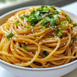 - 8 ounces of noodles (spaghetti, udon, or rice noodles) - 3 tablespoons of sesame oil - 4 cloves of minced garlic - 2 tablespoons of soy sauce - 1 tablespoon of tahini or peanut butter - 2 teaspoons of honey or maple syrup - 1 teaspoon of chili flakes (optional) - 2 green onions - 1 tablespoon of sesame seeds - Fresh cilantro for garnish Cooking Minute Garlic Sesame Noodles is simple. You need just a few key items. First, choose your favorite noodles. I love using spaghetti or rice noodles. They cook fast and taste great. You’ll also need sesame oil, garlic, and soy sauce. These ingredients create a rich flavor. Then, for a bit of creaminess, add tahini or peanut butter. Both options work well. Next, add honey or maple syrup for a touch of sweetness. If you like spice, toss in some chili flakes. They add a nice kick! Don’t forget green onions and sesame seeds. They give the dish a lovely crunch. Finally, fresh cilantro makes everything pop with flavor! With these ingredients, you will create a quick and tasty meal. {{ingredient_image_2}} - Boil a large pot of water. Add your favorite noodles, like spaghetti or udon. - Cook them as the package says, usually about 8-10 minutes. - Drain the noodles and rinse them under cold water. This keeps them from sticking. - Grab a mixing bowl and add 3 tablespoons of sesame oil. - Mince 4 cloves of garlic and toss them in. - Next, add 2 tablespoons of soy sauce, 1 tablespoon of tahini, and 2 teaspoons of honey. - If you like some heat, add 1 teaspoon of chili flakes. - Whisk everything until it mixes well and is smooth. - Add the drained noodles to the bowl with the sauce. - Gently toss the noodles so they get covered in the sauce. - Slice 2 green onions and add them to the mix. - Sprinkle in half of the sesame seeds for extra crunch. - Spoon the noodles into bowls, making sure each has a good amount. - Top with the rest of the sesame seeds for a nice touch. - Add fresh cilantro on top to make the dish look bright and fresh. To achieve al dente texture, watch your noodles closely. Cook them just until they are firm to the bite. This gives a nice chew. Once the noodles are done, drain them right away. Rinsing them under cold water stops the cooking. It also helps keep them from sticking together. - Boil a large pot of water. - Add the noodles and follow the package's cooking time. - Drain immediately and rinse with cold water. You can switch tahini for other nut butters if needed. Almond butter or sunflower seed butter works well too. If you want a different flavor, try using miso paste instead of tahini. You can adjust the sweetness by adding more honey or maple syrup. For spice, add more chili flakes to your taste. - Use almond or sunflower seed butter as substitutes. - Try miso paste for a new flavor twist. - Balance sweetness and spice to your liking. Garlic sesame noodles pair great with many sides. Serve them with grilled chicken or crispy tofu for protein. You can also add steamed veggies for extra crunch. For toppings, consider adding crushed peanuts or a sprinkle of lime zest. Fresh herbs, like mint or basil, can elevate the dish too. - Pair noodles with grilled chicken or tofu. - Add steamed broccoli or bell peppers for color. - Top with crushed peanuts or lime zest for zing. Pro Tips Choose Your Noodles: While this recipe works well with any type of noodle, try using whole wheat or gluten-free options for a healthier twist. Perfect Garlic Flavor: To enhance the garlic flavor, sauté the minced garlic in a little sesame oil before mixing it into the sauce. Adjusting Spice Levels: If you prefer a milder dish, start with less chili flakes and add more to your taste after mixing. Garnishing Tips: For added texture and flavor, consider topping with crushed peanuts or a sprinkle of lime juice along with the cilantro. {{image_4}} You can make Minute Garlic Sesame Noodles even better by adding protein. Chicken, tofu, or shrimp are great choices. - Chicken: Use cooked, shredded chicken. Toss it in the sauce with the noodles. - Tofu: Use firm tofu. Cube it and pan-fry until golden. Add it with the noodles. - Shrimp: Cook shrimp in a pan for a few minutes until pink. Mix with the noodles. When cooking proteins, keep them simple. Season lightly with salt and pepper. This lets the noodle sauce shine through. If you want a plant-based meal, it’s easy to adapt this dish. Just swap out ingredients to make it fully vegan. - Tahini or Peanut Butter: Both are already vegan. Stick with either one. - Honey: Replace honey with maple syrup for sweetness. For sauces, use soy sauce or tamari for a gluten-free option. This keeps the flavors rich without any animal products. Adding seasonal veggies can boost nutrition and taste. Fresh produce adds color and crunch. Here are some ideas: - Spring: Add snap peas or asparagus for a crisp bite. - Summer: Toss in bell peppers or zucchini for a light flavor. - Fall: Mix in roasted sweet potatoes or carrots for warmth. - Winter: Use broccoli or kale for a hearty touch. Feel free to customize the recipe based on what you have. This flexibility lets you enjoy different flavors all year round. To keep your garlic sesame noodles fresh, store them in an airtight container. This helps keep the flavors intact. Place the container in the fridge right after your meal. The noodles will stay good for up to three days. When you want to enjoy leftovers, reheat them gently. You can use a microwave or a skillet. If using a microwave, heat in short bursts. Stir after each burst to avoid hot spots. If using a skillet, add a splash of water or more sesame oil. This keeps the noodles moist and tasty. Yes, you can freeze garlic sesame noodles! This is a great way to save extra portions. Just make sure they cool completely before freezing. Place the noodles in a freezer bag or container. Try to remove as much air as possible to prevent freezer burn. They can last in the freezer for up to three months. When you are ready to eat, thaw the noodles overnight in the fridge. Then, reheat them gently as described above. Enjoy your tasty meal anytime! Garlic sesame noodles can last up to four days in the fridge. Store them in an airtight container. This keeps them fresh and tasty. If you notice any odd smells or mold, throw them away. Yes, you can make garlic sesame noodles ahead of time. Cook the noodles and sauce separately. Mix them together just before serving. This way, the noodles stay fresh and do not get soggy. You can also chop the green onions and cilantro in advance. Yes, you can easily make this dish gluten-free. Use gluten-free noodles like rice noodles or quinoa noodles. Double-check your soy sauce label for gluten-free options. Tamari is a good choice as it is gluten-free. You can replace sesame oil with olive oil or sunflower oil. These oils add a nice flavor too. If you want a nut-free option, use avocado oil. For a low-fat choice, use vegetable broth instead of any oil. These garlic sesame noodles are simple to make and full of flavor. We covered the main ingredients, step-by-step instructions, and tips to perfect your dish. Remember, you can customize this recipe with proteins or seasonal veggies. Store leftovers properly for great taste later. Experiment with different flavors and enjoy your delicious creation! Now, it's time to gather your ingredients and start cooking!