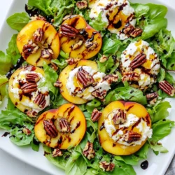 - 2 ripe peaches, halved and pitted - 4 cups mixed greens (a blend of arugula, spinach, and crisp lettuce) The key to this salad lies in the fresh produce. Use ripe peaches for the best flavor. They should feel soft but not mushy. Mixed greens add a nice crunch. Try using a mix of arugula and spinach for a peppery taste. You want a balance of sweetness from the peaches and the earthiness of the greens. - 8 ounces creamy burrata cheese, halved - ¼ cup candied pecans, coarsely chopped Burrata cheese is rich and creamy. It melts in your mouth, making it a perfect match for the grilled peaches. Candied pecans add a sweet crunch, which enhances the salad's texture. If you cannot find burrata, fresh mozzarella works too. - 1 tablespoon extra virgin olive oil - 2 tablespoons balsamic glaze - Sea salt and black pepper, to taste Extra virgin olive oil is vital for grilling the peaches. It adds flavor and helps prevent sticking. The balsamic glaze brings a sweet tang, tying the salad together. Always season with sea salt and black pepper. These simple ingredients elevate the dish and bring out the natural flavors. {{ingredient_image_2}} First, preheat your grill or grill pan over medium heat. Make sure it gets hot enough to create nice grill marks on the peaches. This step is key for a great flavor. Next, brush the cut sides of the peach halves with extra virgin olive oil. This adds flavor and helps prevent sticking. Season the peaches with sea salt and freshly cracked black pepper. These simple spices bring out the peach's sweetness. Now, place the peaches on the grill with the cut side down. Grill them for about 4-5 minutes. Look for nice grill marks and a slight softening of the fruit. Flip the peaches and grill for another 2-3 minutes. Once done, take them off the grill and let them cool a bit before you slice them. In a large salad bowl, layer your mixed greens as the base. I love using a mix of arugula, spinach, and crisp lettuce because it adds color and texture. Tear the grilled peach halves into quarters. Artfully arrange them on top of the greens. Now, gently place the creamy burrata halves amid the colorful salad. For a delightful crunch, sprinkle the coarsely chopped candied pecans and torn basil leaves over the top. These add a nice sweet and herbal kick to the dish. Finally, drizzle balsamic glaze over everything. This sweet and tangy finish ties all the flavors together beautifully. Serve your salad right away to enjoy the freshest taste! To get great grill marks on your peaches, follow these steps: - Preheat your grill: Make sure your grill is hot. This helps create nice lines on the fruit. - Oil the peaches: Brush the cut sides with olive oil. This prevents sticking and adds flavor. - Place carefully: Lay the peaches cut side down on the grill. Don’t move them for about 4-5 minutes. This helps form those beautiful marks. When it’s time to flip the peaches, do it gently. Use a spatula for support. This keeps the peaches from breaking. Grill for another 2-3 minutes. You want them warm but still firm. For a stunning presentation, serve your salad on a large, shallow platter. Here are a few tips to make it shine: - Layering: Start with your mixed greens as the base. This makes a colorful backdrop. - Arrange artfully: Tear the grilled peaches and place them neatly on top of the greens. Add the burrata next. - Garnish: Sprinkle extra basil leaves on top for a fresh touch. Pair this salad with a chilled white wine. A light Sauvignon Blanc works well. It complements the sweet peaches and creamy burrata. To elevate your salad, consider these options: - Toppings: Add thin slices of prosciutto for a savory twist. Crumbled feta cheese also works great. - Dressing: If you want a different flavor, try a honey vinaigrette. Mix honey, olive oil, and a splash of lemon juice. - Seasoning: Taste your salad before serving. Adjust the salt and pepper to your liking. A touch more can really bring out the flavors. These tips will help you create a delicious and vibrant grilled peach burrata salad. Enjoy every bite! Pro Tips Choose the Right Peaches: Look for peaches that are slightly soft to the touch and give off a sweet fragrance. This ensures they will be juicy and flavorful when grilled. Don't Overcrowd the Grill: Give each peach half enough space on the grill to cook evenly. Overcrowding can lead to steaming instead of grilling. Quality Olive Oil Matters: Use a high-quality extra virgin olive oil for grilling the peaches. It enhances the flavor and helps achieve a nice char. Make Ahead: You can prepare the candied pecans and balsamic glaze ahead of time. This will save you time during assembly and ensure everything is fresh. {{image_4}} You can easily switch out burrata for other cheeses. Try fresh mozzarella or feta for a different taste. Both cheeses give a nice creaminess and flavor. For the nuts, you can use walnuts or almonds instead of candied pecans. They add a great crunch to your salad. Just chop them coarse to keep that texture. When peaches are out of season, use other fruits. Grilled nectarines or plums work well too. They give the salad a similar sweet flavor. You can also mix in different greens. Try baby kale or mixed baby greens. Each green adds a fresh twist to your salad. If you're vegan, swap burrata for a plant-based cheese. Look for creamy nut-based options or tofu. They can give you that rich flavor you want. For a gluten-free option, this salad is already perfect. Just ensure your balsamic glaze has no gluten. Enjoy this dish worry-free! To keep your salad fresh, store it properly. Place the salad in an airtight container. If you have leftover peaches, store them separately. This keeps the greens crisp and the peaches juicy. Cover the mixed greens lightly with a damp paper towel. This helps prevent wilting. You can keep leftovers in the fridge for about three days. Check for signs of spoilage. If the greens look slimy or brown, it’s time to toss them. The peaches should stay firm and fragrant. If they become mushy or smell off, discard them. Grilled peaches can be warmed up easily. Place them on a plate and microwave for a few seconds. Be careful not to overheat them; you want them warm, not hot. To revive wilted greens, wash them in cold water. Pat them dry and toss lightly to fluff them up again. This makes your salad look fresh and bright! Yes, you can make this salad ahead of time. To prepare, grill the peaches and cool them. Store them in an airtight container in the fridge. You can wash and dry the mixed greens beforehand too. For the best taste, wait to add the burrata cheese and balsamic glaze until serving. These items taste best fresh. If you want to save time, you can chop the pecans and tear the basil leaves early. If you don't have burrata, try using fresh mozzarella. It has a mild taste and a similar texture. You can also use goat cheese for a tangy flavor. Feta cheese works well if you want a crumbly texture. Each cheese gives a different taste, so choose what you love best. Experiment to find your favorite! The balsamic glaze adds a sweet and tangy flavor. It complements the grilled peaches and creamy burrata. If you don't have it, you can use regular balsamic vinegar. Just drizzle a bit over the salad for similar taste. You can also use honey or agave syrup mixed with vinegar for sweetness. This blog post covered how to create a tasty grilled peach salad. We explored fresh ingredients, like ripe peaches and mixed greens, and highlighted key items like burrata cheese and candied pecans. I shared tips for grilling and assembling your salad, along with tricks for great presentation. You can substitute ingredients or adjust the recipe for dietary needs. Lastly, we discussed storage tips and how best to enjoy leftovers. Try this salad in your kitchen; it’s easy, delicious, and sure to impress. Enjoy your cooking adventure!