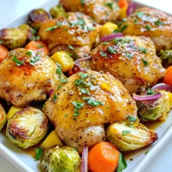 - 4 boneless, skinless chicken thighs - 1/4 cup honey - 1/4 cup Dijon mustard - 2 tablespoons olive oil - 2 cups baby carrots - 1 cup Brussels sprouts, halved - 1 red onion, cut into wedges - 1 tablespoon apple cider vinegar - 1 teaspoon garlic powder - 1 teaspoon paprika - Salt and pepper to taste To make Honey Mustard Sheet Pan Chicken, you need fresh and simple ingredients. First, gather your main components. The chicken thighs provide a juicy base. Honey and Dijon mustard blend to create a sweet and tangy sauce. Olive oil adds moisture. Next, let's talk about the veggies. Baby carrots add sweetness and crunch. Brussels sprouts bring a nutty flavor. The red onion adds depth and a bit of zing. This mix makes the dish colorful and tasty. For flavor, we use a few seasonings. Apple cider vinegar gives a tangy kick. Garlic powder adds warmth, while paprika brings a hint of smokiness. Salt and pepper help to enhance all the flavors. This combination of ingredients not only makes cooking easy but also ensures a meal full of great taste. {{ingredient_image_2}} First, preheat the oven to 425°F (220°C). This step is key for good cooking. While the oven heats, make the honey mustard marinade. In a small bowl, whisk together: - 1/4 cup honey - 1/4 cup Dijon mustard - 2 tablespoons olive oil - 1 tablespoon apple cider vinegar - 1 teaspoon garlic powder - 1 teaspoon paprika - Salt and pepper to taste Mix until smooth. This sauce will bring great flavor to our chicken and veggies. Next, it’s time to coat the chicken thighs. Place the 4 boneless, skinless chicken thighs in a large bowl. Pour half of the honey mustard mixture over the chicken. Use tongs to toss it well. Make sure every piece is covered in the sauce. Let the chicken marinate for at least 15 minutes. If you have more time, refrigerate it for up to an hour. This helps the flavors soak in. While the chicken marinates, prepare the veggies. In another bowl, combine: - 2 cups baby carrots - 1 cup Brussels sprouts, halved - 1 red onion, cut into wedges Drizzle the remaining honey mustard mixture over the veggies. Toss them well to coat. This adds a tasty twist to the dish. Now, it’s time to bake! On a large sheet pan, place the marinated chicken in the center. Spread them out for even cooking. Arrange the coated veggies around the chicken. Bake in your preheated oven for 25-30 minutes. Check the internal temperature of the chicken. It should reach 165°F (75°C). The veggies will become tender and slightly caramelized. Once the dish is done, remove the pan from the oven. Let the chicken rest for about 5 minutes. This helps the juices stay inside the meat. Before serving, garnish the dish with chopped fresh parsley. It adds a nice pop of color! To make sure your chicken and veggies cook evenly, spread them out on the sheet pan. This allows hot air to circulate all around them. Use a large sheet pan, about 18 by 13 inches, for best results. If your pan is small, the food may steam instead of roast. Use a meat thermometer to check the chicken. It should reach 165°F (75°C) to be safe to eat. When it comes to cooking tools, a good sheet pan is key. A sturdy whisk helps mix your marinade well. Tongs are great for tossing the chicken. A sharp knife makes cutting veggies easy. Marinating chicken is simple but important. The honey mustard mixture adds flavor and moisture. To marinate well, toss the chicken in the sauce, making sure it covers every piece. For the best taste, let it sit for at least 15 minutes. If you have more time, up to an hour in the fridge gives a deeper taste. For a great presentation, serve the dish right from the sheet pan. It looks rustic and inviting. If you want a fancier look, transfer the food to a large platter. Top it with fresh parsley for a pop of color. Pair this meal with crusty bread. It’s perfect for soaking up the honey mustard sauce. You can also serve a fresh salad on the side to balance the meal. Pro Tips Marination Time: Allowing the chicken to marinate for at least 30 minutes will enhance the flavor significantly. For the best results, marinate overnight in the refrigerator. Vegetable Variations: Feel free to customize the vegetables based on the seasons or your preferences. Sweet potatoes, zucchini, or bell peppers also work beautifully with this dish. Honey Substitutes: If you’re looking for a different flavor profile, try using maple syrup or agave nectar in place of honey for a unique twist. Sheet Pan Tips: To ensure even cooking, make sure the chicken and vegetables are spread out in a single layer on the sheet pan, avoiding overcrowding. {{image_4}} You can easily change the chicken in this recipe. Use chicken breasts if you prefer. They cook fast and stay juicy. Chicken thighs are also great for flavor and moisture. If you want something different, try tofu or pork. Tofu soaks up the honey mustard well. Pork can be sweet and savory, making it a tasty choice too. Feel free to switch up the veggies. Seasonal vegetables add variety and flavor. Think about using zucchini, bell peppers, or sweet potatoes. These options can change the taste and add color. Each type of vegetable brings its own unique flavor. Carrots and Brussels sprouts are great, but be bold and experiment! If you like some heat, add spices to your sauce. A pinch of cayenne or chili powder can give a nice kick. You can also change the sweetener. Use maple syrup or agave if you want. Each sweetener can change the sauce's flavor profile. Mixing it up can make your meal exciting and new! To store leftovers, let your dish cool down first. Place the chicken and veggies in an airtight container. This keeps them fresh and tasty. You can store them in the fridge for up to three days. This way, you can enjoy your meal again without losing flavor. If you want to freeze the dish, first let it cool completely. Then, wrap it tightly in plastic wrap or foil. You can also use a freezer-safe container. It will stay fresh for up to three months. For reheating, you can thaw it in the fridge overnight. Once thawed, bake it at 350°F (175°C) until heated through, about 20-25 minutes. This keeps your chicken juicy and the vegetables tender. Leftovers are great for quick meals. You can slice the chicken and add it to salads or wraps. The veggies work well in omelets or grain bowls. Mixing the flavors creates new dishes that are just as yummy. You can also use the honey mustard sauce as a dressing for your salads, adding that sweet and tangy taste to your meals. You can marinate chicken for at least 15 minutes. For better flavor, try marinating for one hour. If you have time, marinate it overnight in the fridge. This lets the sauce soak in well. Yes, you can make this dish in an air fryer. Cook the chicken and veggies at 375°F for about 20 minutes. Check that the chicken is cooked to 165°F. The air fryer gives a nice crisp finish. This chicken goes well with many sides. Try serving it with: - Rice - Quinoa - Crusty bread - Side salad - Steamed green beans These options complement the sweet and tangy flavors of the chicken. Yes, cutting the vegetables helps them cook evenly. Halving Brussels sprouts and cutting onions into wedges allows better heat distribution. You can leave carrots whole or cut them for faster cooking. Yes, you can use a different mustard. Yellow mustard will work, but Dijon adds a nice depth. Spicy brown mustard is another great option. Experiment to find your favorite flavor! This recipe for honey mustard sheet pan chicken is simple and tasty. You learned about the main ingredients, marinating the chicken, and cooking tips. The tips offered help you perfect your dish. You can even swap proteins or veggies to make it your own. Enjoy the easy leftovers and be creative with meals. Remember, a good meal brings joy to your table. Happy cooking!