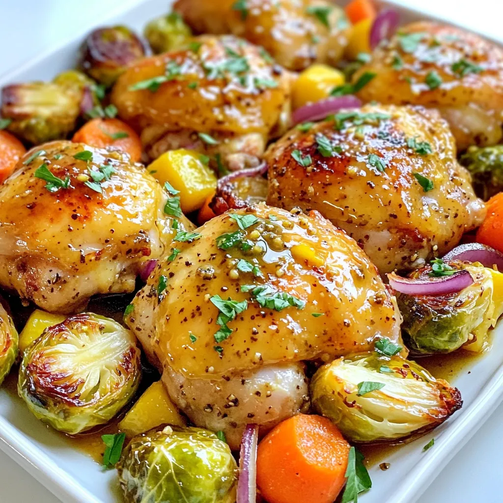 - 4 boneless, skinless chicken thighs - 1/4 cup honey - 1/4 cup Dijon mustard - 2 tablespoons olive oil - 2 cups baby carrots - 1 cup Brussels sprouts, halved - 1 red onion, cut into wedges - 1 tablespoon apple cider vinegar - 1 teaspoon garlic powder - 1 teaspoon paprika - Salt and pepper to taste To make Honey Mustard Sheet Pan Chicken, you need fresh and simple ingredients. First, gather your main components. The chicken thighs provide a juicy base. Honey and Dijon mustard blend to create a sweet and tangy sauce. Olive oil adds moisture. Next, let's talk about the veggies. Baby carrots add sweetness and crunch. Brussels sprouts bring a nutty flavor. The red onion adds depth and a bit of zing. This mix makes the dish colorful and tasty. For flavor, we use a few seasonings. Apple cider vinegar gives a tangy kick. Garlic powder adds warmth, while paprika brings a hint of smokiness. Salt and pepper help to enhance all the flavors. This combination of ingredients not only makes cooking easy but also ensures a meal full of great taste. {{ingredient_image_2}} First, preheat the oven to 425°F (220°C). This step is key for good cooking. While the oven heats, make the honey mustard marinade. In a small bowl, whisk together: - 1/4 cup honey - 1/4 cup Dijon mustard - 2 tablespoons olive oil - 1 tablespoon apple cider vinegar - 1 teaspoon garlic powder - 1 teaspoon paprika - Salt and pepper to taste Mix until smooth. This sauce will bring great flavor to our chicken and veggies. Next, it’s time to coat the chicken thighs. Place the 4 boneless, skinless chicken thighs in a large bowl. Pour half of the honey mustard mixture over the chicken. Use tongs to toss it well. Make sure every piece is covered in the sauce. Let the chicken marinate for at least 15 minutes. If you have more time, refrigerate it for up to an hour. This helps the flavors soak in. While the chicken marinates, prepare the veggies. In another bowl, combine: - 2 cups baby carrots - 1 cup Brussels sprouts, halved - 1 red onion, cut into wedges Drizzle the remaining honey mustard mixture over the veggies. Toss them well to coat. This adds a tasty twist to the dish. Now, it’s time to bake! On a large sheet pan, place the marinated chicken in the center. Spread them out for even cooking. Arrange the coated veggies around the chicken. Bake in your preheated oven for 25-30 minutes. Check the internal temperature of the chicken. It should reach 165°F (75°C). The veggies will become tender and slightly caramelized. Once the dish is done, remove the pan from the oven. Let the chicken rest for about 5 minutes. This helps the juices stay inside the meat. Before serving, garnish the dish with chopped fresh parsley. It adds a nice pop of color! To make sure your chicken and veggies cook evenly, spread them out on the sheet pan. This allows hot air to circulate all around them. Use a large sheet pan, about 18 by 13 inches, for best results. If your pan is small, the food may steam instead of roast. Use a meat thermometer to check the chicken. It should reach 165°F (75°C) to be safe to eat. When it comes to cooking tools, a good sheet pan is key. A sturdy whisk helps mix your marinade well. Tongs are great for tossing the chicken. A sharp knife makes cutting veggies easy. Marinating chicken is simple but important. The honey mustard mixture adds flavor and moisture. To marinate well, toss the chicken in the sauce, making sure it covers every piece. For the best taste, let it sit for at least 15 minutes. If you have more time, up to an hour in the fridge gives a deeper taste. For a great presentation, serve the dish right from the sheet pan. It looks rustic and inviting. If you want a fancier look, transfer the food to a large platter. Top it with fresh parsley for a pop of color. Pair this meal with crusty bread. It’s perfect for soaking up the honey mustard sauce. You can also serve a fresh salad on the side to balance the meal. Pro Tips Marination Time: Allowing the chicken to marinate for at least 30 minutes will enhance the flavor significantly. For the best results, marinate overnight in the refrigerator. Vegetable Variations: Feel free to customize the vegetables based on the seasons or your preferences. Sweet potatoes, zucchini, or bell peppers also work beautifully with this dish. Honey Substitutes: If you’re looking for a different flavor profile, try using maple syrup or agave nectar in place of honey for a unique twist. Sheet Pan Tips: To ensure even cooking, make sure the chicken and vegetables are spread out in a single layer on the sheet pan, avoiding overcrowding. {{image_4}} You can easily change the chicken in this recipe. Use chicken breasts if you prefer. They cook fast and stay juicy. Chicken thighs are also great for flavor and moisture. If you want something different, try tofu or pork. Tofu soaks up the honey mustard well. Pork can be sweet and savory, making it a tasty choice too. Feel free to switch up the veggies. Seasonal vegetables add variety and flavor. Think about using zucchini, bell peppers, or sweet potatoes. These options can change the taste and add color. Each type of vegetable brings its own unique flavor. Carrots and Brussels sprouts are great, but be bold and experiment! If you like some heat, add spices to your sauce. A pinch of cayenne or chili powder can give a nice kick. You can also change the sweetener. Use maple syrup or agave if you want. Each sweetener can change the sauce's flavor profile. Mixing it up can make your meal exciting and new! To store leftovers, let your dish cool down first. Place the chicken and veggies in an airtight container. This keeps them fresh and tasty. You can store them in the fridge for up to three days. This way, you can enjoy your meal again without losing flavor. If you want to freeze the dish, first let it cool completely. Then, wrap it tightly in plastic wrap or foil. You can also use a freezer-safe container. It will stay fresh for up to three months. For reheating, you can thaw it in the fridge overnight. Once thawed, bake it at 350°F (175°C) until heated through, about 20-25 minutes. This keeps your chicken juicy and the vegetables tender. Leftovers are great for quick meals. You can slice the chicken and add it to salads or wraps. The veggies work well in omelets or grain bowls. Mixing the flavors creates new dishes that are just as yummy. You can also use the honey mustard sauce as a dressing for your salads, adding that sweet and tangy taste to your meals. You can marinate chicken for at least 15 minutes. For better flavor, try marinating for one hour. If you have time, marinate it overnight in the fridge. This lets the sauce soak in well. Yes, you can make this dish in an air fryer. Cook the chicken and veggies at 375°F for about 20 minutes. Check that the chicken is cooked to 165°F. The air fryer gives a nice crisp finish. This chicken goes well with many sides. Try serving it with: - Rice - Quinoa - Crusty bread - Side salad - Steamed green beans These options complement the sweet and tangy flavors of the chicken. Yes, cutting the vegetables helps them cook evenly. Halving Brussels sprouts and cutting onions into wedges allows better heat distribution. You can leave carrots whole or cut them for faster cooking. Yes, you can use a different mustard. Yellow mustard will work, but Dijon adds a nice depth. Spicy brown mustard is another great option. Experiment to find your favorite flavor! This recipe for honey mustard sheet pan chicken is simple and tasty. You learned about the main ingredients, marinating the chicken, and cooking tips. The tips offered help you perfect your dish. You can even swap proteins or veggies to make it your own. Enjoy the easy leftovers and be creative with meals. Remember, a good meal brings joy to your table. Happy cooking!