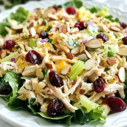 To make this delicious Cranberry Almond Chicken Salad, you will need: - 2 cups cooked chicken breast, shredded or diced - 1/2 cup dried cranberries - 1/2 cup slivered almonds, lightly toasted - 1/4 cup celery, finely chopped - 1/4 cup red onion, finely chopped - 1/2 cup creamy Greek yogurt, plain - 2 tablespoons honey - 1 tablespoon Dijon mustard - Salt and freshly cracked black pepper, to taste - Mixed greens (like arugula or baby spinach) for serving (optional) You can change some ingredients to make this salad fit your taste: - Use rotisserie chicken if you want a quick option. - Swap dried cranberries for raisins or chopped apples for a different sweetness. - Almonds can be replaced with walnuts or pecans for a nutty twist. - Greek yogurt can be replaced with sour cream or a dairy-free yogurt for a lighter option. - Honey can be switched with maple syrup or agave syrup for a vegan choice. This salad is not just tasty; it also offers many health benefits: - Chicken: A great source of lean protein, which helps build muscles. - Cranberries: Packed with antioxidants that support heart health. - Almonds: Full of healthy fats, which are good for your heart and skin. - Celery: Low in calories and high in fiber, helping with digestion. - Greek Yogurt: Rich in protein and probiotics, which promote gut health. - Honey: Provides natural sweetness and may help soothe a sore throat. With these ingredients, you can enjoy a dish that is fresh, flavorful, and good for you! {{ingredient_image_2}} To start, gather all your ingredients. You need cooked chicken, dried cranberries, slivered almonds, celery, red onion, Greek yogurt, honey, and Dijon mustard. Make sure your chicken is shredded or diced. This makes mixing easier. It helps if you toast your almonds lightly for more flavor. Set a large mixing bowl and a smaller bowl aside. In your large bowl, add the chicken, cranberries, almonds, celery, and red onion. Stir gently to mix. Next, take your small bowl and combine the Greek yogurt, honey, and Dijon mustard. Whisk them until smooth. Pour this dressing over the chicken mixture. Use a spatula to fold it in carefully. You want everything coated but not broken. Season with salt and pepper to taste. Mix lightly again to adjust flavors. Now, cover the bowl and place it in the refrigerator. Let it chill for at least 30 minutes. This time lets the flavors blend well. When ready to serve, lay out mixed greens on each plate. Spoon the chicken salad over the greens. You can also use it to fill a sandwich or wrap. Enjoy your fresh and flavorful dish! To make your cranberry almond chicken salad pop, think about adding spices. A pinch of garlic powder or paprika can lift the taste. You can also try adding a squeeze of fresh lemon juice. This brightens the salad and makes it more refreshing. If you enjoy a bit of heat, add a dash of cayenne pepper. This small touch can really make a big difference! For a creamy and smooth texture, use plain Greek yogurt. It coats the chicken, nuts, and fruit well. When mixing, fold the ingredients gently. This helps keep the chicken pieces intact and avoids a mushy salad. Allowing the salad to chill is key. It lets the flavors meld together for a more delicious dish. Serve the salad on a bed of mixed greens for a fresh crunch. You can also use it as a filling in wraps or sandwiches. For something special, add extra toasted almonds and cranberries on top. This makes your dish look beautiful and adds more texture. Pair it with a light vinaigrette or a slice of whole-grain bread for a complete meal. Enjoy! Pro Tips Use Fresh Ingredients: For the best flavor, select fresh and high-quality chicken, as well as crisp vegetables. This will enhance the overall taste of your salad. Toast the Almonds: Lightly toasting the slivered almonds before adding them to the salad brings out their natural oils and enhances the nutty flavor. Just a few minutes in a dry skillet will do! Chill for Flavor: Allowing the chicken salad to chill for at least 30 minutes helps the flavors meld together, creating a more delicious dish. Customize Your Greens: Feel free to mix and match different greens like arugula, spinach, or even kale to add variety and nutritional benefits to your salad base. {{image_4}} You can make this salad your own with fun additions. Try adding diced apples for a sweet crunch. Chopped walnuts or pecans can give a nice nutty taste. You can also mix in grapes or mandarin oranges for a fruity twist. If you want a spicy kick, add some jalapeños or chopped peppers. Fresh herbs like parsley or cilantro can brighten the flavors. You can even add a splash of lemon juice for extra zing. If you want a gluten-free version, this recipe already fits that bill. Just make sure your yogurt and mustard are gluten-free. For a vegan option, replace chicken with chickpeas or tofu. Use a plant-based yogurt instead of Greek yogurt. Maple syrup can substitute honey for sweetness. You can also explore different nuts or seeds that fit your diet. You can serve this salad in various ways. It works great over a bed of mixed greens, like arugula or spinach. You can also scoop it into a wrap for a tasty lunch. If you want something heartier, try it on whole grain bread as a sandwich. For a fun twist, serve it in avocado halves or in lettuce cups. Each method offers a unique taste and presentation! Store your leftover cranberry almond chicken salad in an airtight container. This keeps it fresh and safe. Make sure to refrigerate it right away. It can last up to three days in the fridge. I recommend refrigerating this salad rather than freezing it. Freezing can change the texture of chicken and yogurt. If you freeze it, the salad may become watery when you thaw it. For best taste, stick with refrigeration. Meal prep makes life easier! You can make this salad ahead of time. Just store it in individual containers. This way, you grab and go for lunch or dinner. Always add greens fresh right before serving. This keeps them crisp and tasty. You can store this salad in the fridge for about three days. Keep it in an airtight container to keep it fresh. The flavors get better over time, but watch for any change in smell or texture. Yes, you can use canned chicken. It saves time and is easy to use. Just drain the chicken well and shred it before mixing it into the salad. This option works well if you are short on time. This salad pairs well with many dishes. Try serving it on a bed of mixed greens. You can also use it in a sandwich or wrap. For a light meal, add a side of fresh fruit or veggie sticks. To make it healthier, swap the Greek yogurt for a low-fat version. You can also reduce the amount of honey to cut down on sugar. Adding extra veggies, like spinach or bell peppers, boosts the nutrients without adding many calories. This article explored the tasty world of Cranberry Almond Chicken Salad. We covered ingredients, substitutions, and health benefits. I shared a clear step-by-step guide for making the salad. You learned tips for better flavor and consistency, along with serving ideas. Variations and storage info gave you options for meals. Cranberry Almond Chicken Salad is easy to make and enjoy. Try it your way, and have fun!