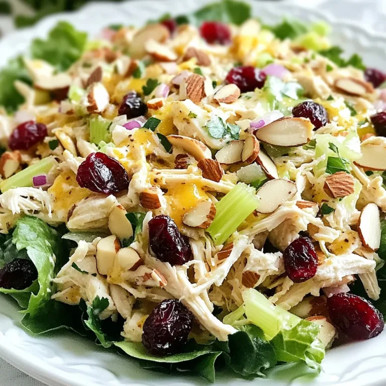 To make this delicious Cranberry Almond Chicken Salad, you will need: - 2 cups cooked chicken breast, shredded or diced - 1/2 cup dried cranberries - 1/2 cup slivered almonds, lightly toasted - 1/4 cup celery, finely chopped - 1/4 cup red onion, finely chopped - 1/2 cup creamy Greek yogurt, plain - 2 tablespoons honey - 1 tablespoon Dijon mustard - Salt and freshly cracked black pepper, to taste - Mixed greens (like arugula or baby spinach) for serving (optional) You can change some ingredients to make this salad fit your taste: - Use rotisserie chicken if you want a quick option. - Swap dried cranberries for raisins or chopped apples for a different sweetness. - Almonds can be replaced with walnuts or pecans for a nutty twist. - Greek yogurt can be replaced with sour cream or a dairy-free yogurt for a lighter option. - Honey can be switched with maple syrup or agave syrup for a vegan choice. This salad is not just tasty; it also offers many health benefits: - Chicken: A great source of lean protein, which helps build muscles. - Cranberries: Packed with antioxidants that support heart health. - Almonds: Full of healthy fats, which are good for your heart and skin. - Celery: Low in calories and high in fiber, helping with digestion. - Greek Yogurt: Rich in protein and probiotics, which promote gut health. - Honey: Provides natural sweetness and may help soothe a sore throat. With these ingredients, you can enjoy a dish that is fresh, flavorful, and good for you! {{ingredient_image_2}} To start, gather all your ingredients. You need cooked chicken, dried cranberries, slivered almonds, celery, red onion, Greek yogurt, honey, and Dijon mustard. Make sure your chicken is shredded or diced. This makes mixing easier. It helps if you toast your almonds lightly for more flavor. Set a large mixing bowl and a smaller bowl aside. In your large bowl, add the chicken, cranberries, almonds, celery, and red onion. Stir gently to mix. Next, take your small bowl and combine the Greek yogurt, honey, and Dijon mustard. Whisk them until smooth. Pour this dressing over the chicken mixture. Use a spatula to fold it in carefully. You want everything coated but not broken. Season with salt and pepper to taste. Mix lightly again to adjust flavors. Now, cover the bowl and place it in the refrigerator. Let it chill for at least 30 minutes. This time lets the flavors blend well. When ready to serve, lay out mixed greens on each plate. Spoon the chicken salad over the greens. You can also use it to fill a sandwich or wrap. Enjoy your fresh and flavorful dish! To make your cranberry almond chicken salad pop, think about adding spices. A pinch of garlic powder or paprika can lift the taste. You can also try adding a squeeze of fresh lemon juice. This brightens the salad and makes it more refreshing. If you enjoy a bit of heat, add a dash of cayenne pepper. This small touch can really make a big difference! For a creamy and smooth texture, use plain Greek yogurt. It coats the chicken, nuts, and fruit well. When mixing, fold the ingredients gently. This helps keep the chicken pieces intact and avoids a mushy salad. Allowing the salad to chill is key. It lets the flavors meld together for a more delicious dish. Serve the salad on a bed of mixed greens for a fresh crunch. You can also use it as a filling in wraps or sandwiches. For something special, add extra toasted almonds and cranberries on top. This makes your dish look beautiful and adds more texture. Pair it with a light vinaigrette or a slice of whole-grain bread for a complete meal. Enjoy! Pro Tips Use Fresh Ingredients: For the best flavor, select fresh and high-quality chicken, as well as crisp vegetables. This will enhance the overall taste of your salad. Toast the Almonds: Lightly toasting the slivered almonds before adding them to the salad brings out their natural oils and enhances the nutty flavor. Just a few minutes in a dry skillet will do! Chill for Flavor: Allowing the chicken salad to chill for at least 30 minutes helps the flavors meld together, creating a more delicious dish. Customize Your Greens: Feel free to mix and match different greens like arugula, spinach, or even kale to add variety and nutritional benefits to your salad base. {{image_4}} You can make this salad your own with fun additions. Try adding diced apples for a sweet crunch. Chopped walnuts or pecans can give a nice nutty taste. You can also mix in grapes or mandarin oranges for a fruity twist. If you want a spicy kick, add some jalapeños or chopped peppers. Fresh herbs like parsley or cilantro can brighten the flavors. You can even add a splash of lemon juice for extra zing. If you want a gluten-free version, this recipe already fits that bill. Just make sure your yogurt and mustard are gluten-free. For a vegan option, replace chicken with chickpeas or tofu. Use a plant-based yogurt instead of Greek yogurt. Maple syrup can substitute honey for sweetness. You can also explore different nuts or seeds that fit your diet. You can serve this salad in various ways. It works great over a bed of mixed greens, like arugula or spinach. You can also scoop it into a wrap for a tasty lunch. If you want something heartier, try it on whole grain bread as a sandwich. For a fun twist, serve it in avocado halves or in lettuce cups. Each method offers a unique taste and presentation! Store your leftover cranberry almond chicken salad in an airtight container. This keeps it fresh and safe. Make sure to refrigerate it right away. It can last up to three days in the fridge. I recommend refrigerating this salad rather than freezing it. Freezing can change the texture of chicken and yogurt. If you freeze it, the salad may become watery when you thaw it. For best taste, stick with refrigeration. Meal prep makes life easier! You can make this salad ahead of time. Just store it in individual containers. This way, you grab and go for lunch or dinner. Always add greens fresh right before serving. This keeps them crisp and tasty. You can store this salad in the fridge for about three days. Keep it in an airtight container to keep it fresh. The flavors get better over time, but watch for any change in smell or texture. Yes, you can use canned chicken. It saves time and is easy to use. Just drain the chicken well and shred it before mixing it into the salad. This option works well if you are short on time. This salad pairs well with many dishes. Try serving it on a bed of mixed greens. You can also use it in a sandwich or wrap. For a light meal, add a side of fresh fruit or veggie sticks. To make it healthier, swap the Greek yogurt for a low-fat version. You can also reduce the amount of honey to cut down on sugar. Adding extra veggies, like spinach or bell peppers, boosts the nutrients without adding many calories. This article explored the tasty world of Cranberry Almond Chicken Salad. We covered ingredients, substitutions, and health benefits. I shared a clear step-by-step guide for making the salad. You learned tips for better flavor and consistency, along with serving ideas. Variations and storage info gave you options for meals. Cranberry Almond Chicken Salad is easy to make and enjoy. Try it your way, and have fun!