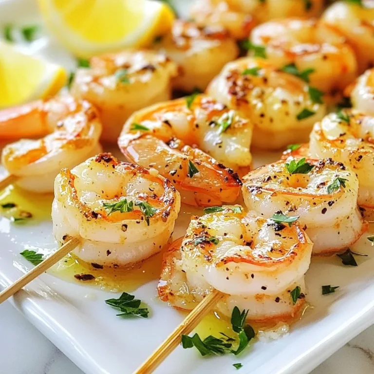- 1 pound large shrimp, peeled and deveined - 3 tablespoons olive oil - 3 cloves garlic, finely minced - Zest of 1 lemon - 2 tablespoons freshly squeezed lemon juice - 1 teaspoon smoked paprika - 1 teaspoon dried oregano - Salt and freshly cracked pepper to taste - Fresh parsley, finely chopped (for garnish) - Skewers (wooden or metal, for grilling) Gather these simple ingredients to make your Lemon Garlic Grilled Shrimp Skewers. Fresh shrimp is the star here. I love using large shrimp because they hold up well on the grill. You need good olive oil to add richness and depth. Garlic brings a punchy flavor. The zest and juice from the lemon give the dish brightness. Smoked paprika adds a hint of smokiness, while oregano brings a warm, herbal note to the dish. Make sure to have salt and pepper on hand. They enhance all the flavors. Fresh parsley adds a vibrant touch at the end, bringing color and freshness to the skewers. You can use wooden or metal skewers, but remember to soak the wooden ones in water. This step prevents them from burning on the grill. With these ingredients ready, you are set to create a dish full of flavor and joy. Enjoy the process! {{ingredient_image_2}} To start, gather a medium bowl. In this bowl, mix together: - 3 tablespoons olive oil - 3 cloves garlic, finely minced - Zest of 1 lemon - 2 tablespoons freshly squeezed lemon juice - 1 teaspoon smoked paprika - 1 teaspoon dried oregano - Salt and freshly cracked pepper to taste Whisk these ingredients until they blend well. This creates a tasty and fragrant marinade that will soak into the shrimp. Next, take 1 pound of large shrimp that are peeled and deveined. Add these shrimp to your marinade. Toss them gently to ensure every shrimp is coated. Cover the bowl with plastic wrap. Place it in the fridge for at least 30 minutes. If you want a stronger flavor, you can let it sit for up to 2 hours. Now, it’s time to grill! First, preheat your grill to medium-high heat. If you use wooden skewers, soak them in water for about 30 minutes. This helps keep them from burning. Once ready, thread the marinated shrimp onto the skewers. Aim for about 4-5 shrimp per skewer. Leave a little space between each shrimp to help them cook evenly. Carefully place the skewers on the grill. Cook them for about 2-3 minutes on each side. You’ll know they are done when the shrimp turn pink and opaque. Be careful not to overcook them, as they can get tough. After grilling, remove the skewers and let them rest for a minute. This helps keep the juices inside. To make your shrimp really tasty, marinate them for at least 30 minutes. This time lets the flavors soak in well. If you want a stronger flavor, you can marinate them for up to 2 hours. Just remember, do not go over 2 hours. The acid in lemon juice can start cooking the shrimp if left too long. When grilling shrimp, keep an eye on the time. Cook them for about 2-3 minutes on each side. Shrimp turn pink and opaque when done. Overcooking can make them tough, so check them often. Also, leave space between shrimp on the skewers. This helps them cook evenly and gives them a nice char. For a pretty presentation, place the skewers on a large platter. Add lemon wedges around them for color and flavor. For an extra treat, drizzle olive oil on top or serve with creamy garlic aioli for dipping. Fresh parsley on top gives a nice touch, too. Pro Tips Use Fresh Shrimp: Always opt for the freshest shrimp available. Fresh shrimp not only tastes better but also has a firmer texture, making it perfect for grilling. Don't Overcrowd the Skewers: Leave a little space between shrimp on the skewers. This ensures even cooking and prevents steaming, allowing them to grill perfectly. Watch Cooking Time: Shrimp cook quickly, so keep a close eye on them. They are done when they turn pink and opaque, which usually takes about 2-3 minutes per side. Enhance Flavor with Marinade: For a deeper flavor, marinate the shrimp for at least 1 hour, or even up to 2 hours. This allows the garlic and lemon to penetrate the shrimp thoroughly. {{image_4}} You can change up the flavor with different spices. Try adding chili powder for heat. Cumin gives a warm touch, while lemon pepper adds zest. A splash of soy sauce can create a nice umami kick. If you love herbs, mix in fresh basil or thyme. You can also use a premade marinade like teriyaki or jerk spice for quick flavor. If shrimp isn’t your thing, you can use chicken. Cut chicken breast into bite-sized pieces. Marinate just like the shrimp, cooking until fully done. Tofu is another great choice. Press tofu to remove water, then cut it into cubes. Marinate and grill until golden. Fish like salmon or scallops work well too, just adjust cooking time. Adding veggies makes skewers colorful and healthy. Bell peppers, zucchini, and cherry tomatoes are great options. Cut them into chunks and toss them with the marinade. For a smoky flavor, try mushrooms or red onions. You can also use asparagus or corn on the cob. Just remember to cut vegetables to match the shrimp size for even cooking. Store leftover grilled shrimp skewers in an airtight container. Make sure to cool them to room temperature first. You can keep them in the fridge for up to two days. If you want to store them longer, try freezing them. Just remember to label your container. To reheat skewers, use the oven or a skillet. Preheat your oven to 350°F (175°C). Place the skewers on a baking sheet. Heat for about 10 minutes until warm. If using a skillet, add a splash of water and cover with a lid. This helps keep the shrimp moist. To freeze shrimp, first marinate them as usual. After marinating, place the shrimp in a freezer bag. Squeeze out any air and seal it tight. You can freeze the shrimp for up to three months. When ready to cook, thaw them in the fridge overnight. You can tell shrimp are done when they turn bright pink and opaque. They should curl into a “C” shape. If they are still gray or bend into an “O” shape, they need more time. Cook them for about 2-3 minutes on each side. Be careful not to overcook them, as they can become tough and chewy. Yes, you can use frozen shrimp. Just make sure to thaw them first. The best way to thaw shrimp is to leave them in the fridge overnight. If you're short on time, you can place them in a bowl of cold water for about 15-20 minutes. Once thawed, drain and pat them dry before marinating. These shrimp skewers pair well with many sides. Consider serving them with a fresh salad or grilled vegetables. Rice or quinoa also make great options. For a tasty twist, serve them with garlic bread or a zesty dipping sauce like aioli. Adding lemon wedges will enhance the dish's brightness. This blog post covered making delicious Lemon Garlic Grilled Shrimp Skewers. You learned about the ingredients needed, from shrimp to spices. I shared steps to prepare, marinate, and grill the shrimp just right. You also discovered tips to enhance flavors and storage ideas for leftovers. Mix things up with different spices or proteins for fun. Whether grilling for a crowd or a quiet dinner, you can enjoy great flavors. Enjoy your cooking adventure!