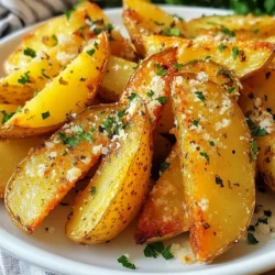 To make Garlic Parmesan Air Fryer Potato Wedges, you'll need the following ingredients: - 4 medium russet potatoes, thoroughly scrubbed and cut into wedges - 3 tablespoons extra virgin olive oil - 4 cloves fresh garlic, finely minced - 1 teaspoon garlic powder - 1 teaspoon onion powder - 1 teaspoon smoked paprika - 1 teaspoon dried Italian herbs (such as oregano, basil, and thyme) - ½ cup freshly grated Parmesan cheese - Salt and freshly ground black pepper, to taste - Fresh parsley, finely chopped, for garnish These ingredients create a tasty and crispy treat. The russet potatoes give a nice texture. The olive oil helps them crisp up in the air fryer. Fresh garlic adds a bold flavor, while the spices bring warmth and depth. Parmesan cheese creates a rich, golden crust that makes these wedges irresistible. You can even add fresh parsley for a pop of color. Gather all the ingredients before you start. This way, you can enjoy the cooking process without missing anything. Trust me, these potato wedges will be a hit at your table! {{ingredient_image_2}} Start with clean potatoes. Wash the russet potatoes under cold water. Scrub them well to remove dirt. Dry the potatoes with a towel. Next, cut each potato in half lengthwise. Then, slice each half into wedges about 1 inch thick. This size helps them cook evenly. In a large bowl, combine the olive oil with spices. Add minced garlic, garlic powder, onion powder, smoked paprika, and dried Italian herbs. Mix in a good pinch of salt and black pepper. Toss the potato wedges in the bowl. Make sure each wedge gets a nice coat of the seasoning mix. This step is key for flavor. Preheat your air fryer to 400°F (200°C). This should take about 5 minutes. Once hot, place the potato wedges in a single layer in the basket. If the basket is small, cook in batches. Air fry the wedges for 15-18 minutes. Shake the basket halfway through. This helps them crisp up nicely. Cook until they turn golden brown. Enjoy the crunchy texture! To make the best potato wedges, I suggest using russet potatoes. They have the right amount of starch for a fluffy inside. You can also try Yukon Gold for a buttery taste. For spice levels, start with less garlic if you prefer mild flavors. You can always add more later! Air frying works best when wedges are in a single layer. This helps them cook evenly. If your air fryer is small, cook in batches. Remember to shake the basket halfway through. This lets hot air reach all sides, making them crispier. Garnishing adds a nice touch. I love using fresh parsley on top for color. You can serve these wedges with dips like ranch or garlic aioli. They also pair well with ketchup or hot sauce for a kick. Enjoy your crispy treat! Pro Tips Choose the Right Potatoes: For the best texture, use starchy potatoes like russets or Yukon Golds. They crisp up nicely in the air fryer. Don’t Overcrowd the Air Fryer: Arrange the wedges in a single layer for even cooking. If necessary, cook in batches to achieve optimal crispiness. Experiment with Seasonings: Feel free to customize the spice blend according to your taste. Cajun seasoning or chili powder can add a spicy kick! Serve Immediately: These potato wedges are best enjoyed fresh out of the air fryer while they are hot and crispy. Add a side of dipping sauce for extra flavor! {{image_4}} You can change the cheese to fit your taste. Cheddar gives a sharp flavor. Gouda adds creaminess and a nice melt. If you prefer plant-based options, try vegan cheese. It melts well and keeps the dish tasty. Want to spice things up? Add cayenne for heat or chili powder for a smoky kick. You can also mix in fresh herbs. Chopped rosemary or thyme boosts the flavor. Just a little can make a big difference. If you don’t have an air fryer, no problem. You can bake the wedges in the oven. Preheat to 425°F (220°C) and spread them on a baking sheet. Bake for 25-30 minutes, flipping halfway for even cooking. You might also use a traditional fryer. Heat oil to 350°F (175°C) and fry until golden brown. It takes about 4-5 minutes per batch. Either way, you get delicious garlic Parmesan potato wedges! To keep your garlic Parmesan air fryer potato wedges fresh, use an airtight container. Glass or plastic containers work well. Make sure to let the wedges cool before sealing them. Store them in the fridge for up to 3 days. If you want to keep them longer, you can freeze them. Place the cooled wedges in a freezer bag. Squeeze out the air, seal tightly, and store them in the freezer for up to 2 months. When reheating, the goal is to keep them crispy. The best method is to use the air fryer again. Preheat it to 350°F (175°C) and cook the wedges for about 5-7 minutes. This method helps regain that crunch. Avoid using the microwave, as it makes them soggy. If you must use the microwave, try to heat them quickly and serve immediately. Yes, you can use sweet potatoes. They bring a sweet flavor and vibrant color. Sweet potatoes have a softer texture. This may change how crispy your wedges get. If you prefer a sweeter taste, go for it! Just remember to adjust cooking time. Sweet potatoes may need less time in the air fryer. To make your wedges extra crispy, follow these tips: - Soak the potatoes: Soaking in cold water for 30 minutes can help. It removes excess starch. - Pat dry: After soaking, dry the wedges well with a towel. Moisture can make them soggy. - Single layer: Cook the wedges in a single layer in the air fryer. This helps them cook evenly. - Shake the basket: Shake the basket halfway through. This ensures all sides crisp up nicely. - Use a bit more oil: A light coating of oil can help enhance the crunchiness. These tasty wedges pair well with many dishes. Here are some ideas: - Dips: Serve with ranch, garlic aioli, or spicy ketchup. - Proteins: They go great with grilled chicken, burgers, or steak. - Salads: A fresh green salad can balance the meal. - Veggies: Roasted or steamed veggies make a nice side. Feel free to mix and match! This article covered how to make tasty garlic Parmesan potato wedges. We discussed the key ingredients, from russet potatoes to fresh garlic and Parmesan cheese. I provided step-by-step instructions for preparing, seasoning, and cooking them in an air fryer. You learned tips for flavor and crispiness, along with several variations and storage ideas. Easy and fun, this recipe can be mixed up based on your tastes. Enjoy your wedges with friends or family; they’re sure to impress!