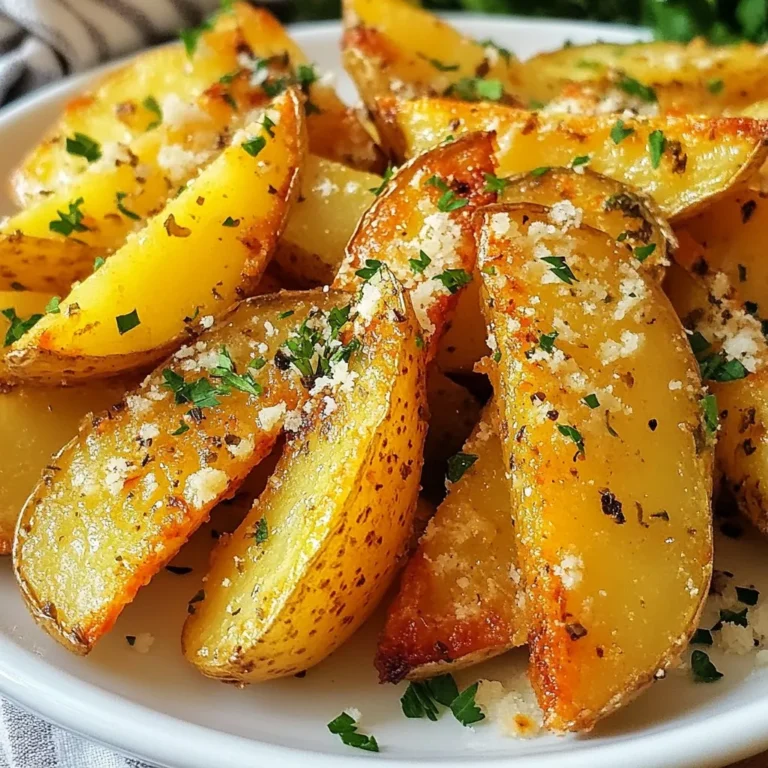 To make Garlic Parmesan Air Fryer Potato Wedges, you'll need the following ingredients: - 4 medium russet potatoes, thoroughly scrubbed and cut into wedges - 3 tablespoons extra virgin olive oil - 4 cloves fresh garlic, finely minced - 1 teaspoon garlic powder - 1 teaspoon onion powder - 1 teaspoon smoked paprika - 1 teaspoon dried Italian herbs (such as oregano, basil, and thyme) - ½ cup freshly grated Parmesan cheese - Salt and freshly ground black pepper, to taste - Fresh parsley, finely chopped, for garnish These ingredients create a tasty and crispy treat. The russet potatoes give a nice texture. The olive oil helps them crisp up in the air fryer. Fresh garlic adds a bold flavor, while the spices bring warmth and depth. Parmesan cheese creates a rich, golden crust that makes these wedges irresistible. You can even add fresh parsley for a pop of color. Gather all the ingredients before you start. This way, you can enjoy the cooking process without missing anything. Trust me, these potato wedges will be a hit at your table! {{ingredient_image_2}} Start with clean potatoes. Wash the russet potatoes under cold water. Scrub them well to remove dirt. Dry the potatoes with a towel. Next, cut each potato in half lengthwise. Then, slice each half into wedges about 1 inch thick. This size helps them cook evenly. In a large bowl, combine the olive oil with spices. Add minced garlic, garlic powder, onion powder, smoked paprika, and dried Italian herbs. Mix in a good pinch of salt and black pepper. Toss the potato wedges in the bowl. Make sure each wedge gets a nice coat of the seasoning mix. This step is key for flavor. Preheat your air fryer to 400°F (200°C). This should take about 5 minutes. Once hot, place the potato wedges in a single layer in the basket. If the basket is small, cook in batches. Air fry the wedges for 15-18 minutes. Shake the basket halfway through. This helps them crisp up nicely. Cook until they turn golden brown. Enjoy the crunchy texture! To make the best potato wedges, I suggest using russet potatoes. They have the right amount of starch for a fluffy inside. You can also try Yukon Gold for a buttery taste. For spice levels, start with less garlic if you prefer mild flavors. You can always add more later! Air frying works best when wedges are in a single layer. This helps them cook evenly. If your air fryer is small, cook in batches. Remember to shake the basket halfway through. This lets hot air reach all sides, making them crispier. Garnishing adds a nice touch. I love using fresh parsley on top for color. You can serve these wedges with dips like ranch or garlic aioli. They also pair well with ketchup or hot sauce for a kick. Enjoy your crispy treat! Pro Tips Choose the Right Potatoes: For the best texture, use starchy potatoes like russets or Yukon Golds. They crisp up nicely in the air fryer. Don’t Overcrowd the Air Fryer: Arrange the wedges in a single layer for even cooking. If necessary, cook in batches to achieve optimal crispiness. Experiment with Seasonings: Feel free to customize the spice blend according to your taste. Cajun seasoning or chili powder can add a spicy kick! Serve Immediately: These potato wedges are best enjoyed fresh out of the air fryer while they are hot and crispy. Add a side of dipping sauce for extra flavor! {{image_4}} You can change the cheese to fit your taste. Cheddar gives a sharp flavor. Gouda adds creaminess and a nice melt. If you prefer plant-based options, try vegan cheese. It melts well and keeps the dish tasty. Want to spice things up? Add cayenne for heat or chili powder for a smoky kick. You can also mix in fresh herbs. Chopped rosemary or thyme boosts the flavor. Just a little can make a big difference. If you don’t have an air fryer, no problem. You can bake the wedges in the oven. Preheat to 425°F (220°C) and spread them on a baking sheet. Bake for 25-30 minutes, flipping halfway for even cooking. You might also use a traditional fryer. Heat oil to 350°F (175°C) and fry until golden brown. It takes about 4-5 minutes per batch. Either way, you get delicious garlic Parmesan potato wedges! To keep your garlic Parmesan air fryer potato wedges fresh, use an airtight container. Glass or plastic containers work well. Make sure to let the wedges cool before sealing them. Store them in the fridge for up to 3 days. If you want to keep them longer, you can freeze them. Place the cooled wedges in a freezer bag. Squeeze out the air, seal tightly, and store them in the freezer for up to 2 months. When reheating, the goal is to keep them crispy. The best method is to use the air fryer again. Preheat it to 350°F (175°C) and cook the wedges for about 5-7 minutes. This method helps regain that crunch. Avoid using the microwave, as it makes them soggy. If you must use the microwave, try to heat them quickly and serve immediately. Yes, you can use sweet potatoes. They bring a sweet flavor and vibrant color. Sweet potatoes have a softer texture. This may change how crispy your wedges get. If you prefer a sweeter taste, go for it! Just remember to adjust cooking time. Sweet potatoes may need less time in the air fryer. To make your wedges extra crispy, follow these tips: - Soak the potatoes: Soaking in cold water for 30 minutes can help. It removes excess starch. - Pat dry: After soaking, dry the wedges well with a towel. Moisture can make them soggy. - Single layer: Cook the wedges in a single layer in the air fryer. This helps them cook evenly. - Shake the basket: Shake the basket halfway through. This ensures all sides crisp up nicely. - Use a bit more oil: A light coating of oil can help enhance the crunchiness. These tasty wedges pair well with many dishes. Here are some ideas: - Dips: Serve with ranch, garlic aioli, or spicy ketchup. - Proteins: They go great with grilled chicken, burgers, or steak. - Salads: A fresh green salad can balance the meal. - Veggies: Roasted or steamed veggies make a nice side. Feel free to mix and match! This article covered how to make tasty garlic Parmesan potato wedges. We discussed the key ingredients, from russet potatoes to fresh garlic and Parmesan cheese. I provided step-by-step instructions for preparing, seasoning, and cooking them in an air fryer. You learned tips for flavor and crispiness, along with several variations and storage ideas. Easy and fun, this recipe can be mixed up based on your tastes. Enjoy your wedges with friends or family; they’re sure to impress!