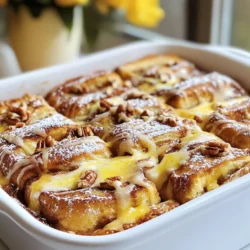 - 2 cans of refrigerated cinnamon roll dough (8 rolls each) - 6 large eggs - 1 cup whole milk - 1/2 cup heavy cream - 1/4 cup pure maple syrup - 1 teaspoon vanilla extract - 1 teaspoon ground cinnamon - 1/2 teaspoon ground nutmeg - 1/4 teaspoon salt - 1/2 cup pecans or walnuts, finely chopped (optional) - Powdered sugar, for dusting - Extra maple syrup, for drizzling To make this tasty dish, you need some easy-to-find ingredients. Start with two cans of cinnamon rolls. Each can has eight rolls. Then, grab six large eggs. You will also need one cup of whole milk and half a cup of heavy cream. For sweetness, use a quarter cup of pure maple syrup. Next, add one teaspoon of vanilla extract. Ground spices are key for flavor, so we need one teaspoon of ground cinnamon, half a teaspoon of ground nutmeg, and a pinch of salt (one-fourth teaspoon). If you like nuts, you can choose either pecans or walnuts. Finely chop half a cup of them and sprinkle on top. For the finishing touch, have some powdered sugar ready for dusting and extra maple syrup for drizzling. This simple list makes gathering ingredients fun and quick! {{ingredient_image_2}} First, preheat your oven to 375°F (190°C). This is the perfect temperature for baking. While the oven heats up, grab a 9x13 inch baking dish. Lightly grease it with non-stick spray or butter. This step helps prevent sticking and makes serving easier. Open the cans of cinnamon roll dough. You’ll find eight rolls in each can. Take a sharp knife and cut each roll into four pieces. This helps them soak up the egg mix. Arrange the dough pieces evenly in the bottom of the greased baking dish. In a large mixing bowl, crack six eggs. Whisk them well until they are frothy. Next, pour in one cup of whole milk and half a cup of heavy cream. Add the maple syrup, vanilla extract, ground cinnamon, nutmeg, and salt. Whisk everything together until it is smooth and combined. Now, carefully pour your egg and milk mixture over the cinnamon roll pieces in the dish. Make sure every piece gets soaked in the mixture. If you want some added crunch, sprinkle half a cup of chopped pecans or walnuts on top. Let the casserole rest for about 10 to 15 minutes. This allows the bread to absorb more of the egg mix. Then, place the baking dish in the oven. Bake for 25 to 30 minutes. You will know it's done when the top is golden brown and the egg mixture has set. After baking, remove the casserole from the oven. Let it sit for five minutes to cool slightly. Drizzle the icing that comes with the cinnamon rolls over the top. For a special touch, serve it warm, dusted with powdered sugar. Add extra maple syrup on the side for drizzling as desired. To ensure a perfect bake, follow these key steps: - Preheat your oven to 375°F (190°C). This helps the casserole cook evenly. - Use a 9x13 inch baking dish. It holds the mixture well. - Lightly grease the dish with non-stick spray or butter. This prevents sticking. - Let the casserole rest for 10-15 minutes before baking. This helps soak the rolls. - Check for doneness after 25 minutes. The top should be golden brown. You can add many fun twists to your casserole. Here are some ideas: - Nut Options: Use chopped pecans or walnuts for a crunchy texture. - Extra Spices: Try adding a pinch of ginger or allspice for more flavor. - Fruits: Toss in some fresh berries or sliced bananas for sweetness. Serving the casserole is part of the fun! Here are some ways to make it special: - Dust the top with powdered sugar for a pretty finish. - Serve it warm with extra maple syrup on the side. - Garnish with fresh fruit, like berries or banana slices, for a pop of color. - Pair with a dollop of whipped cream for added indulgence. Pro Tips Use Day-Old Bread: For a sturdier texture, consider using day-old cinnamon rolls or bread. This will help absorb the egg mixture without becoming too soggy. Add Flavor Variations: Experiment with different extracts, such as almond or maple, to enhance the flavor profile of your casserole. Customize Toppings: Feel free to add your favorite toppings like chocolate chips, dried fruit, or a sprinkle of toasted coconut for added texture and flavor. Make Ahead: Prepare the casserole the night before and refrigerate it. Just bake in the morning for a quick and easy breakfast option. {{image_4}} You can change the taste of your cinnamon roll casserole by adding fruits or syrups. Fresh fruits like berries or bananas brighten the dish. You can mix in apples or peaches for a sweet twist. Adding flavors like chocolate or butterscotch syrup gives a fun change too. Just drizzle these tasty syrups over the top before baking. These small changes can make your casserole special and unique. If you need a gluten-free version, use gluten-free cinnamon rolls. Many stores sell good options now. Check the labels to find ones that taste great. You can also make your own dough using gluten-free flour. This way, everyone can enjoy a delicious casserole without worry. Just follow the same steps as the original recipe for the best results. For a vegan version, swap the eggs and dairy. Use flax eggs instead of real eggs. Mix one tablespoon of ground flaxseed with three tablespoons of water. Let it sit for a few minutes to thicken. For milk, use almond, soy, or oat milk. Replace heavy cream with coconut cream for richness. You can even find vegan cinnamon rolls at some stores. With these easy swaps, you can create a tasty vegan casserole that everyone will love! To keep your Cinnamon Roll French Toast Casserole fresh, cool it first. Once cool, cover it well with plastic wrap or aluminum foil. You can also use an airtight container. Store it in the fridge for up to four days. If you want to keep it longer, freeze the casserole. Cut it into portions, wrap each piece in plastic, and place them in a freezer bag. This way, you can enjoy it later without losing taste. To reheat your casserole, you have two options. The first is using the oven. Preheat your oven to 350°F (175°C). Place the casserole in an oven-safe dish and cover it with foil. Heat for about 15-20 minutes or until warm. The second option is the microwave. Place a portion on a microwave-safe plate. Heat for one minute, then check it. If it needs more time, heat in 15-second intervals until warm. You can safely enjoy leftovers for up to four days in the fridge. If you freeze it, the casserole can last for about three months. However, for the best taste and texture, try to eat it within one month. Always check for any signs of spoilage before eating. If it looks or smells off, it’s best to toss it out. Yes, you can use homemade cinnamon rolls. Just make sure they are firm enough. Cut them into small pieces like you would with store-bought ones. Let them cool slightly before adding them to the dish. This helps them hold their shape better. You can prepare this casserole the night before. After you mix the egg and milk, pour it over the cinnamon rolls. Cover the dish with plastic wrap and place it in the fridge. In the morning, take it out and let it sit for about 15 minutes. Then, bake it as directed. If your casserole turns out soggy, it may be due to too much liquid. Try cutting back on the milk or cream next time. You can also bake it a bit longer, but keep an eye on it. Adding more cinnamon rolls can help soak up extra liquid, too. Absolutely! You can mix in fresh fruits like berries or bananas for extra flavor. Chopped apples or raisins also work well. For a crunch, add nuts like pecans or walnuts. Just sprinkle them on top before baking to keep them crispy. This cinnamon roll casserole is simple and fun to make. We covered all the key steps, from gathering ingredients to baking and serving the dish. You learned about tasty variations and helpful tips to make it just right. Remember, whether you stick to the classic recipe or try something new, enjoy the process. This dish is perfect for any gathering or just a cozy breakfast at home. Happy baking!