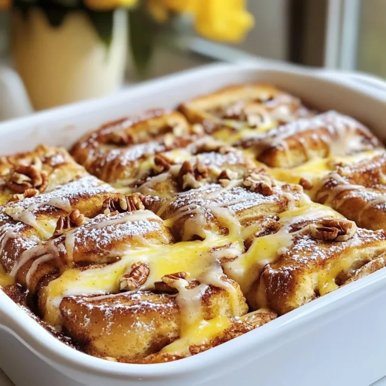 - 2 cans of refrigerated cinnamon roll dough (8 rolls each) - 6 large eggs - 1 cup whole milk - 1/2 cup heavy cream - 1/4 cup pure maple syrup - 1 teaspoon vanilla extract - 1 teaspoon ground cinnamon - 1/2 teaspoon ground nutmeg - 1/4 teaspoon salt - 1/2 cup pecans or walnuts, finely chopped (optional) - Powdered sugar, for dusting - Extra maple syrup, for drizzling To make this tasty dish, you need some easy-to-find ingredients. Start with two cans of cinnamon rolls. Each can has eight rolls. Then, grab six large eggs. You will also need one cup of whole milk and half a cup of heavy cream. For sweetness, use a quarter cup of pure maple syrup. Next, add one teaspoon of vanilla extract. Ground spices are key for flavor, so we need one teaspoon of ground cinnamon, half a teaspoon of ground nutmeg, and a pinch of salt (one-fourth teaspoon). If you like nuts, you can choose either pecans or walnuts. Finely chop half a cup of them and sprinkle on top. For the finishing touch, have some powdered sugar ready for dusting and extra maple syrup for drizzling. This simple list makes gathering ingredients fun and quick! {{ingredient_image_2}} First, preheat your oven to 375°F (190°C). This is the perfect temperature for baking. While the oven heats up, grab a 9x13 inch baking dish. Lightly grease it with non-stick spray or butter. This step helps prevent sticking and makes serving easier. Open the cans of cinnamon roll dough. You’ll find eight rolls in each can. Take a sharp knife and cut each roll into four pieces. This helps them soak up the egg mix. Arrange the dough pieces evenly in the bottom of the greased baking dish. In a large mixing bowl, crack six eggs. Whisk them well until they are frothy. Next, pour in one cup of whole milk and half a cup of heavy cream. Add the maple syrup, vanilla extract, ground cinnamon, nutmeg, and salt. Whisk everything together until it is smooth and combined. Now, carefully pour your egg and milk mixture over the cinnamon roll pieces in the dish. Make sure every piece gets soaked in the mixture. If you want some added crunch, sprinkle half a cup of chopped pecans or walnuts on top. Let the casserole rest for about 10 to 15 minutes. This allows the bread to absorb more of the egg mix. Then, place the baking dish in the oven. Bake for 25 to 30 minutes. You will know it's done when the top is golden brown and the egg mixture has set. After baking, remove the casserole from the oven. Let it sit for five minutes to cool slightly. Drizzle the icing that comes with the cinnamon rolls over the top. For a special touch, serve it warm, dusted with powdered sugar. Add extra maple syrup on the side for drizzling as desired. To ensure a perfect bake, follow these key steps: - Preheat your oven to 375°F (190°C). This helps the casserole cook evenly. - Use a 9x13 inch baking dish. It holds the mixture well. - Lightly grease the dish with non-stick spray or butter. This prevents sticking. - Let the casserole rest for 10-15 minutes before baking. This helps soak the rolls. - Check for doneness after 25 minutes. The top should be golden brown. You can add many fun twists to your casserole. Here are some ideas: - Nut Options: Use chopped pecans or walnuts for a crunchy texture. - Extra Spices: Try adding a pinch of ginger or allspice for more flavor. - Fruits: Toss in some fresh berries or sliced bananas for sweetness. Serving the casserole is part of the fun! Here are some ways to make it special: - Dust the top with powdered sugar for a pretty finish. - Serve it warm with extra maple syrup on the side. - Garnish with fresh fruit, like berries or banana slices, for a pop of color. - Pair with a dollop of whipped cream for added indulgence. Pro Tips Use Day-Old Bread: For a sturdier texture, consider using day-old cinnamon rolls or bread. This will help absorb the egg mixture without becoming too soggy. Add Flavor Variations: Experiment with different extracts, such as almond or maple, to enhance the flavor profile of your casserole. Customize Toppings: Feel free to add your favorite toppings like chocolate chips, dried fruit, or a sprinkle of toasted coconut for added texture and flavor. Make Ahead: Prepare the casserole the night before and refrigerate it. Just bake in the morning for a quick and easy breakfast option. {{image_4}} You can change the taste of your cinnamon roll casserole by adding fruits or syrups. Fresh fruits like berries or bananas brighten the dish. You can mix in apples or peaches for a sweet twist. Adding flavors like chocolate or butterscotch syrup gives a fun change too. Just drizzle these tasty syrups over the top before baking. These small changes can make your casserole special and unique. If you need a gluten-free version, use gluten-free cinnamon rolls. Many stores sell good options now. Check the labels to find ones that taste great. You can also make your own dough using gluten-free flour. This way, everyone can enjoy a delicious casserole without worry. Just follow the same steps as the original recipe for the best results. For a vegan version, swap the eggs and dairy. Use flax eggs instead of real eggs. Mix one tablespoon of ground flaxseed with three tablespoons of water. Let it sit for a few minutes to thicken. For milk, use almond, soy, or oat milk. Replace heavy cream with coconut cream for richness. You can even find vegan cinnamon rolls at some stores. With these easy swaps, you can create a tasty vegan casserole that everyone will love! To keep your Cinnamon Roll French Toast Casserole fresh, cool it first. Once cool, cover it well with plastic wrap or aluminum foil. You can also use an airtight container. Store it in the fridge for up to four days. If you want to keep it longer, freeze the casserole. Cut it into portions, wrap each piece in plastic, and place them in a freezer bag. This way, you can enjoy it later without losing taste. To reheat your casserole, you have two options. The first is using the oven. Preheat your oven to 350°F (175°C). Place the casserole in an oven-safe dish and cover it with foil. Heat for about 15-20 minutes or until warm. The second option is the microwave. Place a portion on a microwave-safe plate. Heat for one minute, then check it. If it needs more time, heat in 15-second intervals until warm. You can safely enjoy leftovers for up to four days in the fridge. If you freeze it, the casserole can last for about three months. However, for the best taste and texture, try to eat it within one month. Always check for any signs of spoilage before eating. If it looks or smells off, it’s best to toss it out. Yes, you can use homemade cinnamon rolls. Just make sure they are firm enough. Cut them into small pieces like you would with store-bought ones. Let them cool slightly before adding them to the dish. This helps them hold their shape better. You can prepare this casserole the night before. After you mix the egg and milk, pour it over the cinnamon rolls. Cover the dish with plastic wrap and place it in the fridge. In the morning, take it out and let it sit for about 15 minutes. Then, bake it as directed. If your casserole turns out soggy, it may be due to too much liquid. Try cutting back on the milk or cream next time. You can also bake it a bit longer, but keep an eye on it. Adding more cinnamon rolls can help soak up extra liquid, too. Absolutely! You can mix in fresh fruits like berries or bananas for extra flavor. Chopped apples or raisins also work well. For a crunch, add nuts like pecans or walnuts. Just sprinkle them on top before baking to keep them crispy. This cinnamon roll casserole is simple and fun to make. We covered all the key steps, from gathering ingredients to baking and serving the dish. You learned about tasty variations and helpful tips to make it just right. Remember, whether you stick to the classic recipe or try something new, enjoy the process. This dish is perfect for any gathering or just a cozy breakfast at home. Happy baking!