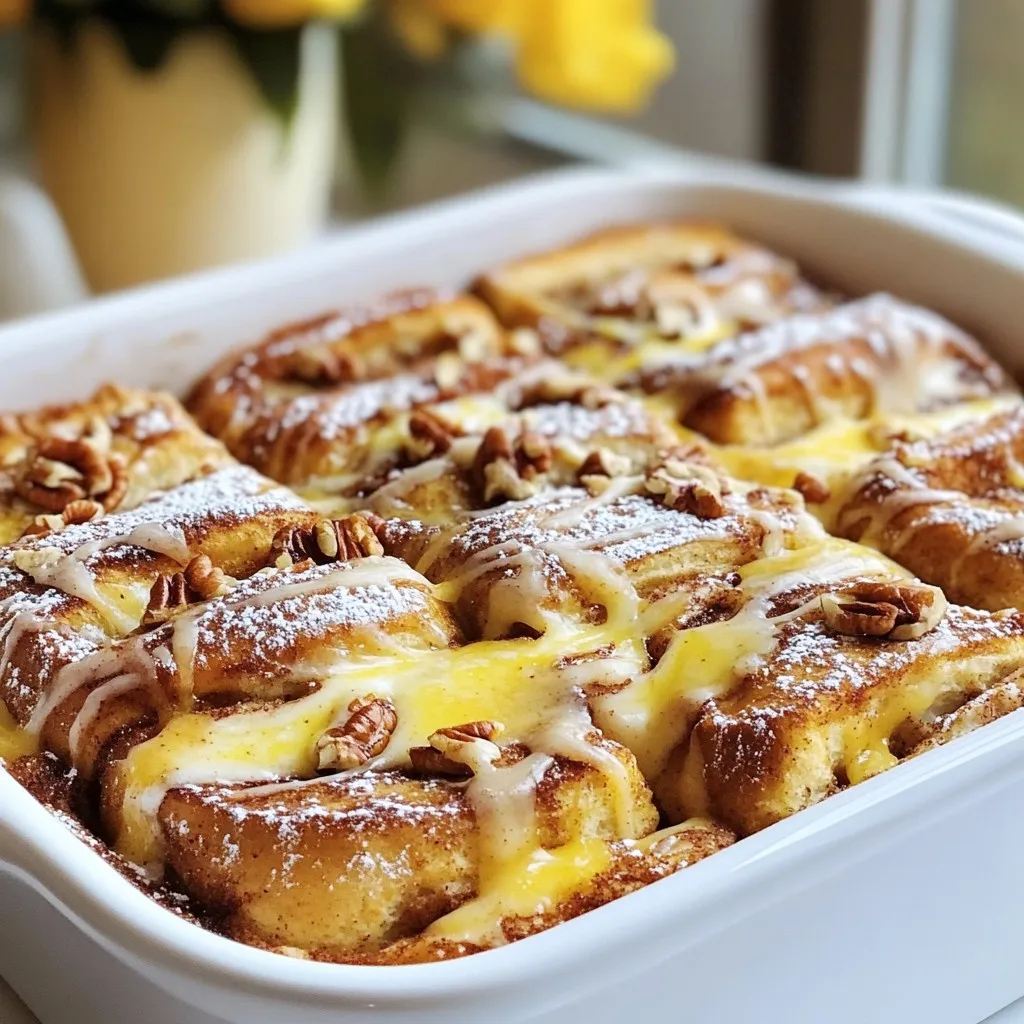 - 2 cans of refrigerated cinnamon roll dough (8 rolls each) - 6 large eggs - 1 cup whole milk - 1/2 cup heavy cream - 1/4 cup pure maple syrup - 1 teaspoon vanilla extract - 1 teaspoon ground cinnamon - 1/2 teaspoon ground nutmeg - 1/4 teaspoon salt - 1/2 cup pecans or walnuts, finely chopped (optional) - Powdered sugar, for dusting - Extra maple syrup, for drizzling To make this tasty dish, you need some easy-to-find ingredients. Start with two cans of cinnamon rolls. Each can has eight rolls. Then, grab six large eggs. You will also need one cup of whole milk and half a cup of heavy cream. For sweetness, use a quarter cup of pure maple syrup. Next, add one teaspoon of vanilla extract. Ground spices are key for flavor, so we need one teaspoon of ground cinnamon, half a teaspoon of ground nutmeg, and a pinch of salt (one-fourth teaspoon). If you like nuts, you can choose either pecans or walnuts. Finely chop half a cup of them and sprinkle on top. For the finishing touch, have some powdered sugar ready for dusting and extra maple syrup for drizzling. This simple list makes gathering ingredients fun and quick! {{ingredient_image_2}} First, preheat your oven to 375°F (190°C). This is the perfect temperature for baking. While the oven heats up, grab a 9x13 inch baking dish. Lightly grease it with non-stick spray or butter. This step helps prevent sticking and makes serving easier. Open the cans of cinnamon roll dough. You’ll find eight rolls in each can. Take a sharp knife and cut each roll into four pieces. This helps them soak up the egg mix. Arrange the dough pieces evenly in the bottom of the greased baking dish. In a large mixing bowl, crack six eggs. Whisk them well until they are frothy. Next, pour in one cup of whole milk and half a cup of heavy cream. Add the maple syrup, vanilla extract, ground cinnamon, nutmeg, and salt. Whisk everything together until it is smooth and combined. Now, carefully pour your egg and milk mixture over the cinnamon roll pieces in the dish. Make sure every piece gets soaked in the mixture. If you want some added crunch, sprinkle half a cup of chopped pecans or walnuts on top. Let the casserole rest for about 10 to 15 minutes. This allows the bread to absorb more of the egg mix. Then, place the baking dish in the oven. Bake for 25 to 30 minutes. You will know it's done when the top is golden brown and the egg mixture has set. After baking, remove the casserole from the oven. Let it sit for five minutes to cool slightly. Drizzle the icing that comes with the cinnamon rolls over the top. For a special touch, serve it warm, dusted with powdered sugar. Add extra maple syrup on the side for drizzling as desired. To ensure a perfect bake, follow these key steps: - Preheat your oven to 375°F (190°C). This helps the casserole cook evenly. - Use a 9x13 inch baking dish. It holds the mixture well. - Lightly grease the dish with non-stick spray or butter. This prevents sticking. - Let the casserole rest for 10-15 minutes before baking. This helps soak the rolls. - Check for doneness after 25 minutes. The top should be golden brown. You can add many fun twists to your casserole. Here are some ideas: - Nut Options: Use chopped pecans or walnuts for a crunchy texture. - Extra Spices: Try adding a pinch of ginger or allspice for more flavor. - Fruits: Toss in some fresh berries or sliced bananas for sweetness. Serving the casserole is part of the fun! Here are some ways to make it special: - Dust the top with powdered sugar for a pretty finish. - Serve it warm with extra maple syrup on the side. - Garnish with fresh fruit, like berries or banana slices, for a pop of color. - Pair with a dollop of whipped cream for added indulgence. Pro Tips Use Day-Old Bread: For a sturdier texture, consider using day-old cinnamon rolls or bread. This will help absorb the egg mixture without becoming too soggy. Add Flavor Variations: Experiment with different extracts, such as almond or maple, to enhance the flavor profile of your casserole. Customize Toppings: Feel free to add your favorite toppings like chocolate chips, dried fruit, or a sprinkle of toasted coconut for added texture and flavor. Make Ahead: Prepare the casserole the night before and refrigerate it. Just bake in the morning for a quick and easy breakfast option. {{image_4}} You can change the taste of your cinnamon roll casserole by adding fruits or syrups. Fresh fruits like berries or bananas brighten the dish. You can mix in apples or peaches for a sweet twist. Adding flavors like chocolate or butterscotch syrup gives a fun change too. Just drizzle these tasty syrups over the top before baking. These small changes can make your casserole special and unique. If you need a gluten-free version, use gluten-free cinnamon rolls. Many stores sell good options now. Check the labels to find ones that taste great. You can also make your own dough using gluten-free flour. This way, everyone can enjoy a delicious casserole without worry. Just follow the same steps as the original recipe for the best results. For a vegan version, swap the eggs and dairy. Use flax eggs instead of real eggs. Mix one tablespoon of ground flaxseed with three tablespoons of water. Let it sit for a few minutes to thicken. For milk, use almond, soy, or oat milk. Replace heavy cream with coconut cream for richness. You can even find vegan cinnamon rolls at some stores. With these easy swaps, you can create a tasty vegan casserole that everyone will love! To keep your Cinnamon Roll French Toast Casserole fresh, cool it first. Once cool, cover it well with plastic wrap or aluminum foil. You can also use an airtight container. Store it in the fridge for up to four days. If you want to keep it longer, freeze the casserole. Cut it into portions, wrap each piece in plastic, and place them in a freezer bag. This way, you can enjoy it later without losing taste. To reheat your casserole, you have two options. The first is using the oven. Preheat your oven to 350°F (175°C). Place the casserole in an oven-safe dish and cover it with foil. Heat for about 15-20 minutes or until warm. The second option is the microwave. Place a portion on a microwave-safe plate. Heat for one minute, then check it. If it needs more time, heat in 15-second intervals until warm. You can safely enjoy leftovers for up to four days in the fridge. If you freeze it, the casserole can last for about three months. However, for the best taste and texture, try to eat it within one month. Always check for any signs of spoilage before eating. If it looks or smells off, it’s best to toss it out. Yes, you can use homemade cinnamon rolls. Just make sure they are firm enough. Cut them into small pieces like you would with store-bought ones. Let them cool slightly before adding them to the dish. This helps them hold their shape better. You can prepare this casserole the night before. After you mix the egg and milk, pour it over the cinnamon rolls. Cover the dish with plastic wrap and place it in the fridge. In the morning, take it out and let it sit for about 15 minutes. Then, bake it as directed. If your casserole turns out soggy, it may be due to too much liquid. Try cutting back on the milk or cream next time. You can also bake it a bit longer, but keep an eye on it. Adding more cinnamon rolls can help soak up extra liquid, too. Absolutely! You can mix in fresh fruits like berries or bananas for extra flavor. Chopped apples or raisins also work well. For a crunch, add nuts like pecans or walnuts. Just sprinkle them on top before baking to keep them crispy. This cinnamon roll casserole is simple and fun to make. We covered all the key steps, from gathering ingredients to baking and serving the dish. You learned about tasty variations and helpful tips to make it just right. Remember, whether you stick to the classic recipe or try something new, enjoy the process. This dish is perfect for any gathering or just a cozy breakfast at home. Happy baking!