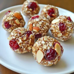 To make Cranberry Almond Energy Bites, you need simple, wholesome ingredients. Here’s what you’ll need: - 1 cup rolled oats - 1/2 cup almond butter - 1/3 cup honey or maple syrup (sweeten to taste) - 1/2 cup dried cranberries, finely chopped - 1/4 cup almond slices or chopped almonds - 1 tablespoon chia seeds - 1 teaspoon pure vanilla extract - A pinch of salt These ingredients combine to create a tasty snack that packs a punch of energy. You can customize your energy bites with optional add-ins. Here are some ideas: - Dark chocolate chips for a sweet touch - Flax seeds for extra fiber - Coconut flakes for a tropical twist - Pumpkin seeds for crunch and nutrition Feel free to mix and match these add-ins. They can make your bites even more exciting. Cranberry Almond Energy Bites offer great nutrition. Here’s a quick look: - Rolled oats provide fiber and keep you full. - Almond butter adds healthy fats and protein. - Dried cranberries give natural sweetness and antioxidants. - Chia seeds are high in omega-3 fatty acids. - Almonds contribute vitamins and minerals. In each bite, you get energy, nutrients, and flavor. Enjoy these bites as a healthy snack during your day! {{ingredient_image_2}} To start, gather your ingredients. You need rolled oats, almond butter, honey, dried cranberries, almond slices, chia seeds, vanilla extract, and salt. In a large mixing bowl, add 1 cup of rolled oats, 1/2 cup of almond butter, and 1/3 cup of honey or maple syrup. Use a sturdy spatula to mix them well. Keep mixing until the mixture is sticky and holds together. Next, chop your 1/2 cup of dried cranberries finely. Add them to the bowl, along with 1/4 cup of almond slices, 1 tablespoon of chia seeds, 1 teaspoon of pure vanilla extract, and a pinch of salt. Stir everything together until it is well combined. Once your mixture is ready, cover the bowl with plastic wrap or a clean kitchen towel. Place it in the refrigerator for about 30 minutes. Chilling helps the mixture firm up. This makes it easier to shape later. After chilling, take the mixture out of the fridge. Use a tablespoon or a cookie scoop to portion out small amounts, about 1 tablespoon each. With clean hands, roll each scoop into a tight ball. You should make about 12 to 15 energy bites. Arrange the energy bites on a parchment-lined baking sheet or a large plate. For extra crunch, you can roll some of them in additional almond slices. This adds a nice texture and makes them look great. Store your energy bites in an airtight container in the refrigerator. They will stay fresh for up to a week. If you want to keep them longer, freeze them for future snacks. To get the right texture for your energy bites, start with fresh ingredients. Rolled oats should be soft but not too fine. Almond butter must be creamy but not runny. If the mixture feels too dry, add a little more honey or almond butter. If it’s too wet, add a few more oats. Make sure to chill the mixture before shaping. This step helps the bites hold their shape better. When you mix the ingredients, use a large bowl. Combine the rolled oats, almond butter, and honey first. Stir until you see no dry oats. Then, add the cranberries, almonds, chia seeds, and vanilla. Mix well to ensure every bite has a little bit of everything. Don't rush this step; a good mix means a great taste. For a fun display, serve the energy bites in a small bowl or mason jar. You can sprinkle a few extra cranberries or almond slices around them. This adds color and makes the bites look more inviting. If you're sharing with friends, consider stacking them on a plate. It’s a simple way to make your snack look gourmet! Pro Tips Use Fresh Ingredients: Always opt for fresh, high-quality dried cranberries and almonds to enhance the flavor of your energy bites. Experiment with Sweeteners: Feel free to substitute honey with agave syrup or coconut nectar for a different flavor profile tailored to your taste. Customize Your Mix-ins: Add other ingredients like chocolate chips, flaxseeds, or shredded coconut to personalize your energy bites even more. Chill for Best Results: Allow the mixture to chill longer if you prefer firmer bites, as this makes them easier to handle and shape. {{image_4}} You can switch almond butter with other nut butters. Peanut butter gives a rich taste. Cashew butter adds a smooth texture. Sunflower seed butter works well for nut-free diets. Each nut butter brings its own flavor. This allows you to keep your energy bites interesting. Feel free to mix in different dried fruits. Dried cherries or apricots add a fun twist. Raisins or figs can also work well. Each fruit changes the taste and texture. Experiment to find your favorite combination. You can even try using a mix of dried fruits for a burst of flavor. Adjust the sweetness to your liking. Start with less honey or maple syrup. Taste the mixture and add more if needed. You can also use mashed bananas or unsweetened applesauce. These options can provide natural sweetness. This way, you can control how sweet your snacks are. To keep your cranberry almond energy bites fresh, use an airtight container. This will prevent air from drying them out. Place a piece of parchment paper between layers if you stack them. This helps keep them from sticking together. You can store energy bites in the fridge or freezer. In the fridge, they stay fresh for up to a week. If you want to keep them longer, freezing is best. Just make sure to wrap them well in plastic wrap or a freezer bag. They can last up to three months in the freezer. Check your energy bites before eating. If they smell off or look dry, it’s best to toss them. To keep them fresh, only take out what you need. Avoid leaving them at room temperature for long. This helps maintain their taste and texture. Yes, you can use other sweeteners. Agave syrup or brown rice syrup work well too. Just choose a sweetener that fits your taste and diet. Each option will change the flavor a bit, but they all blend nicely with the other ingredients in the recipe. These energy bites last up to a week in the fridge. If you want them to last longer, freeze them. They can stay fresh for about three months in the freezer. Just thaw them in the fridge before eating. Absolutely! These bites are perfect for meal prep. You can make a big batch and store them for quick snacks. They are easy to grab and pack for on-the-go lunches or after-school snacks. Enjoy them anytime you need a healthy boost! This blog post covered everything about making Cranberry Almond Energy Bites. We discussed key ingredients, step-by-step instructions, and useful tips. You learned how to customize flavors and store your treats for lasting freshness. In closing, making these bites is simple and fun. They are healthy snacks that fit your needs. I hope you feel inspired to try this recipe and share it with friends! Enjoy your tasty treats!