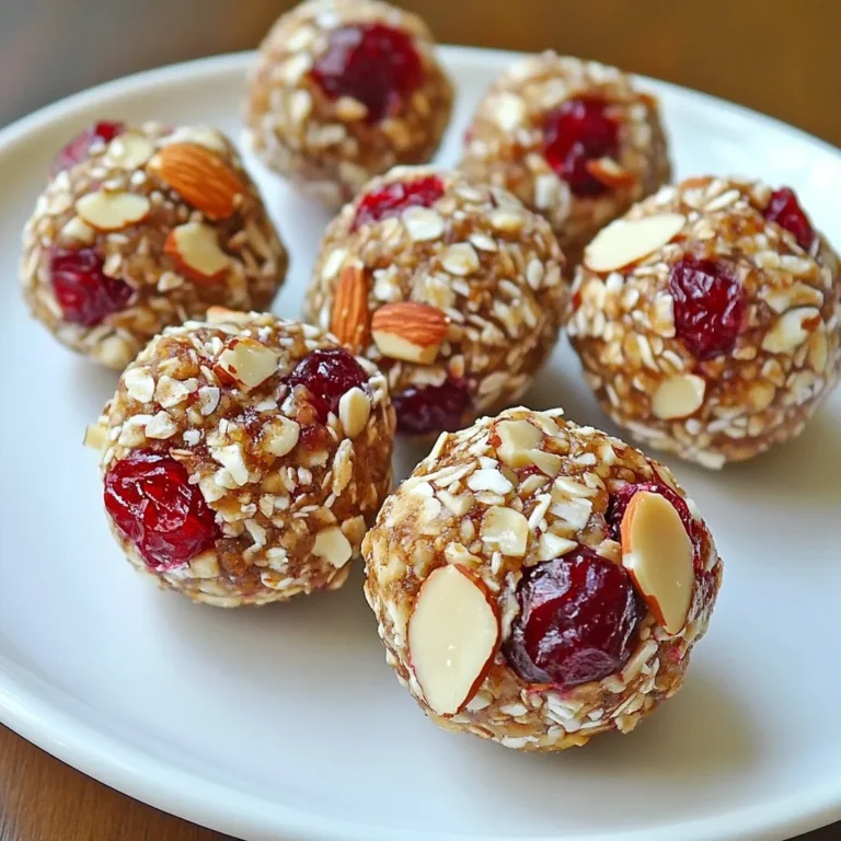 To make Cranberry Almond Energy Bites, you need simple, wholesome ingredients. Here’s what you’ll need: - 1 cup rolled oats - 1/2 cup almond butter - 1/3 cup honey or maple syrup (sweeten to taste) - 1/2 cup dried cranberries, finely chopped - 1/4 cup almond slices or chopped almonds - 1 tablespoon chia seeds - 1 teaspoon pure vanilla extract - A pinch of salt These ingredients combine to create a tasty snack that packs a punch of energy. You can customize your energy bites with optional add-ins. Here are some ideas: - Dark chocolate chips for a sweet touch - Flax seeds for extra fiber - Coconut flakes for a tropical twist - Pumpkin seeds for crunch and nutrition Feel free to mix and match these add-ins. They can make your bites even more exciting. Cranberry Almond Energy Bites offer great nutrition. Here’s a quick look: - Rolled oats provide fiber and keep you full. - Almond butter adds healthy fats and protein. - Dried cranberries give natural sweetness and antioxidants. - Chia seeds are high in omega-3 fatty acids. - Almonds contribute vitamins and minerals. In each bite, you get energy, nutrients, and flavor. Enjoy these bites as a healthy snack during your day! {{ingredient_image_2}} To start, gather your ingredients. You need rolled oats, almond butter, honey, dried cranberries, almond slices, chia seeds, vanilla extract, and salt. In a large mixing bowl, add 1 cup of rolled oats, 1/2 cup of almond butter, and 1/3 cup of honey or maple syrup. Use a sturdy spatula to mix them well. Keep mixing until the mixture is sticky and holds together. Next, chop your 1/2 cup of dried cranberries finely. Add them to the bowl, along with 1/4 cup of almond slices, 1 tablespoon of chia seeds, 1 teaspoon of pure vanilla extract, and a pinch of salt. Stir everything together until it is well combined. Once your mixture is ready, cover the bowl with plastic wrap or a clean kitchen towel. Place it in the refrigerator for about 30 minutes. Chilling helps the mixture firm up. This makes it easier to shape later. After chilling, take the mixture out of the fridge. Use a tablespoon or a cookie scoop to portion out small amounts, about 1 tablespoon each. With clean hands, roll each scoop into a tight ball. You should make about 12 to 15 energy bites. Arrange the energy bites on a parchment-lined baking sheet or a large plate. For extra crunch, you can roll some of them in additional almond slices. This adds a nice texture and makes them look great. Store your energy bites in an airtight container in the refrigerator. They will stay fresh for up to a week. If you want to keep them longer, freeze them for future snacks. To get the right texture for your energy bites, start with fresh ingredients. Rolled oats should be soft but not too fine. Almond butter must be creamy but not runny. If the mixture feels too dry, add a little more honey or almond butter. If it’s too wet, add a few more oats. Make sure to chill the mixture before shaping. This step helps the bites hold their shape better. When you mix the ingredients, use a large bowl. Combine the rolled oats, almond butter, and honey first. Stir until you see no dry oats. Then, add the cranberries, almonds, chia seeds, and vanilla. Mix well to ensure every bite has a little bit of everything. Don't rush this step; a good mix means a great taste. For a fun display, serve the energy bites in a small bowl or mason jar. You can sprinkle a few extra cranberries or almond slices around them. This adds color and makes the bites look more inviting. If you're sharing with friends, consider stacking them on a plate. It’s a simple way to make your snack look gourmet! Pro Tips Use Fresh Ingredients: Always opt for fresh, high-quality dried cranberries and almonds to enhance the flavor of your energy bites. Experiment with Sweeteners: Feel free to substitute honey with agave syrup or coconut nectar for a different flavor profile tailored to your taste. Customize Your Mix-ins: Add other ingredients like chocolate chips, flaxseeds, or shredded coconut to personalize your energy bites even more. Chill for Best Results: Allow the mixture to chill longer if you prefer firmer bites, as this makes them easier to handle and shape. {{image_4}} You can switch almond butter with other nut butters. Peanut butter gives a rich taste. Cashew butter adds a smooth texture. Sunflower seed butter works well for nut-free diets. Each nut butter brings its own flavor. This allows you to keep your energy bites interesting. Feel free to mix in different dried fruits. Dried cherries or apricots add a fun twist. Raisins or figs can also work well. Each fruit changes the taste and texture. Experiment to find your favorite combination. You can even try using a mix of dried fruits for a burst of flavor. Adjust the sweetness to your liking. Start with less honey or maple syrup. Taste the mixture and add more if needed. You can also use mashed bananas or unsweetened applesauce. These options can provide natural sweetness. This way, you can control how sweet your snacks are. To keep your cranberry almond energy bites fresh, use an airtight container. This will prevent air from drying them out. Place a piece of parchment paper between layers if you stack them. This helps keep them from sticking together. You can store energy bites in the fridge or freezer. In the fridge, they stay fresh for up to a week. If you want to keep them longer, freezing is best. Just make sure to wrap them well in plastic wrap or a freezer bag. They can last up to three months in the freezer. Check your energy bites before eating. If they smell off or look dry, it’s best to toss them. To keep them fresh, only take out what you need. Avoid leaving them at room temperature for long. This helps maintain their taste and texture. Yes, you can use other sweeteners. Agave syrup or brown rice syrup work well too. Just choose a sweetener that fits your taste and diet. Each option will change the flavor a bit, but they all blend nicely with the other ingredients in the recipe. These energy bites last up to a week in the fridge. If you want them to last longer, freeze them. They can stay fresh for about three months in the freezer. Just thaw them in the fridge before eating. Absolutely! These bites are perfect for meal prep. You can make a big batch and store them for quick snacks. They are easy to grab and pack for on-the-go lunches or after-school snacks. Enjoy them anytime you need a healthy boost! This blog post covered everything about making Cranberry Almond Energy Bites. We discussed key ingredients, step-by-step instructions, and useful tips. You learned how to customize flavors and store your treats for lasting freshness. In closing, making these bites is simple and fun. They are healthy snacks that fit your needs. I hope you feel inspired to try this recipe and share it with friends! Enjoy your tasty treats!