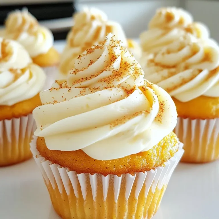 To make these delightful cupcakes, you will need: - 1 ½ cups all-purpose flour - 1 teaspoon baking powder - 1 teaspoon baking soda - ½ teaspoon salt - 1 tablespoon pumpkin pie spice - ½ cup unsalted butter, softened - 1 cup granulated sugar - 2 large eggs, at room temperature - 1 cup canned pumpkin puree - 1 teaspoon vanilla extract - ½ cup brewed espresso or strong coffee, cooled - ½ cup buttermilk, at room temperature These ingredients blend together to create a moist, flavorful cupcake with that cozy pumpkin spice taste. The combination of pumpkin puree and espresso gives the cupcakes a rich flavor, perfect for fall. If you want to add a sweet touch, consider this frosting: - 8 oz cream cheese, softened - ½ cup unsalted butter, softened - 3 cups powdered sugar - 1 tablespoon vanilla extract This creamy frosting is easy to make. Just beat the cream cheese and butter until smooth, then add the sugar and vanilla. It adds a delicious layer to your cupcakes. For a fun finish, try these toppings: - Mini chocolate-covered espresso beans - A drizzle of caramel sauce - A sprinkle of pumpkin pie spice or cinnamon These toppings can make your cupcakes pop. They add extra flavor and a festive look, making your treat even more special. Enjoy experimenting with these options! {{ingredient_image_2}} First, set your oven to 350°F (175°C). This is the perfect heat for baking. Grab a standard 12-cup muffin pan and line it with cupcake liners. Using liners helps with easy removal after baking. In a medium bowl, whisk together 1 ½ cups all-purpose flour, 1 teaspoon baking powder, 1 teaspoon baking soda, ½ teaspoon salt, and 1 tablespoon pumpkin pie spice. Make sure to mix these dry ingredients well. This step is key for even flavor in your cupcakes. In a large mixing bowl, use an electric mixer to cream ½ cup softened unsalted butter with 1 cup granulated sugar. Mix this on medium speed for about 3-4 minutes. The mixture should be light and fluffy. Then, add 2 large eggs, one at a time, mixing well after each addition. Stir in 1 cup canned pumpkin puree and 1 teaspoon vanilla extract until everything is smooth. Now, it's time to combine the dry and wet ingredients. Gradually fold the dry mixture from the first step into the wet mixture. Alternate by adding ½ cup brewed espresso and ½ cup buttermilk, starting and ending with the dry mix. Mix gently. Be careful not to overwork the batter; this keeps the cupcakes soft and tender. Spoon the batter into the lined muffin cups, filling each about ¾ full. Place the muffin pan in your preheated oven. Bake for 18-20 minutes. To check if they are done, insert a toothpick into the center. If it comes out clean, your cupcakes are ready. After baking, let the cupcakes cool in the pan for about 5 minutes. Then, move them to a wire rack to cool completely. This step ensures they stay light and fluffy, making them perfect for frosting later. To get soft and fluffy cupcakes, pay attention to mixing. Start by creaming the butter and sugar well. This step adds air to the batter. Mix for about 3-4 minutes. Next, add eggs one by one. Mix well after each addition. Finally, fold in the dry ingredients gently. Do not overmix. This keeps the cupcakes light. Make your cupcakes look as good as they taste. After they cool, frost them with cream cheese frosting. Use a piping bag for fun shapes. You can also sprinkle pumpkin pie spice on top. For a treat, add mini chocolate-covered espresso beans or a drizzle of caramel sauce. These touches will wow your friends! Avoid overmixing the batter. This can make your cupcakes dense. Also, ensure your oven is preheated. If it’s not hot enough, your cupcakes may not rise well. Lastly, let them cool completely before frosting. This stops the frosting from melting. Following these tips will help you bake perfect cupcakes every time! Pro Tips Use Room Temperature Ingredients: Ensure that your butter, eggs, and buttermilk are at room temperature before mixing. This helps create a smoother batter and results in fluffier cupcakes. Don’t Overmix the Batter: When combining the dry and wet ingredients, mix just until combined. Overmixing can lead to dense, tough cupcakes instead of light and airy ones. Test for Doneness: Use a toothpick to test the cupcakes about 2 minutes before the recommended baking time. If it comes out clean, they’re done; if not, bake a bit longer. Cool Completely Before Frosting: Allow the cupcakes to cool on a wire rack completely before frosting. This prevents the frosting from melting and ensures a beautiful finish. {{image_4}} You can change the frosting on your pumpkin spice latte cupcakes. Try chocolate ganache for a rich flavor. It’s easy! Just melt chocolate and mix it with cream. Whipped cream is another fun choice. You can pipe it on top for a light touch. Want to add more flavor? Toss in some chocolate chips. They melt and create a sweet surprise. Chopped nuts like pecans or walnuts add crunch and depth. You could even add a swirl of caramel into the batter for a sweet twist. You can make these cupcakes gluten-free. Use a gluten-free flour blend in place of regular flour. For a dairy-free option, swap buttermilk with almond milk mixed with a splash of vinegar. These changes let everyone enjoy this tasty treat without worry. To keep your pumpkin spice latte cupcakes fresh, store them in an airtight container. This helps retain moisture and prevents them from drying out. Keep the container at room temperature for up to two days. If you use cream cheese frosting, store them in the fridge. Just remember to let them sit out for a bit before serving. You can freeze these cupcakes for later enjoyment. First, make sure they are completely cool. Wrap each cupcake tightly in plastic wrap. Place the wrapped cupcakes in a freezer-safe bag or container. They can stay frozen for up to three months. When you are ready to eat them, simply thaw them in the fridge overnight. In a cool, dry place, your cupcakes last about two days. If stored in the fridge, they can last up to a week. For best taste, enjoy them fresh. However, freezing is a great option for long-term storage without losing flavor. Yes, you can use fresh pumpkin. To do this, cook a small pumpkin until soft. Remove the skin and seeds, then mash the flesh to make puree. This gives a fresher taste. However, canned pumpkin is easier and saves time. To frost cupcakes, use a piping bag. A round tip works well for smooth tops. Start from the edge and swirl to the center. For a simple method, use a knife to spread frosting. Both methods look great and taste good. You can bake the cupcakes a day in advance. Let them cool completely and store them in an airtight container. Frost them on the day you plan to serve. This keeps them fresh and tasty. These cupcakes pair well with coffee or tea. For a fun twist, serve them with hot cocoa. You can also add whipped cream or ice cream on the side. Both options make for a cozy treat. Check for doneness by inserting a toothpick into the center of a cupcake. If it comes out clean, the cupcakes are ready. If it has batter on it, bake them for a few more minutes. You learned how to make delicious pumpkin spice latte cupcakes. We covered main ingredients, optional frosting, and fun toppings. I provided step-by-step instructions, tips for texture, and mistakes to avoid. We explored variations and storage tips too. Now, it’s your turn. Try this recipe to enjoy fall flavors in cupcake form. With these cupcakes, you will impress your friends and family. Happy baking!
