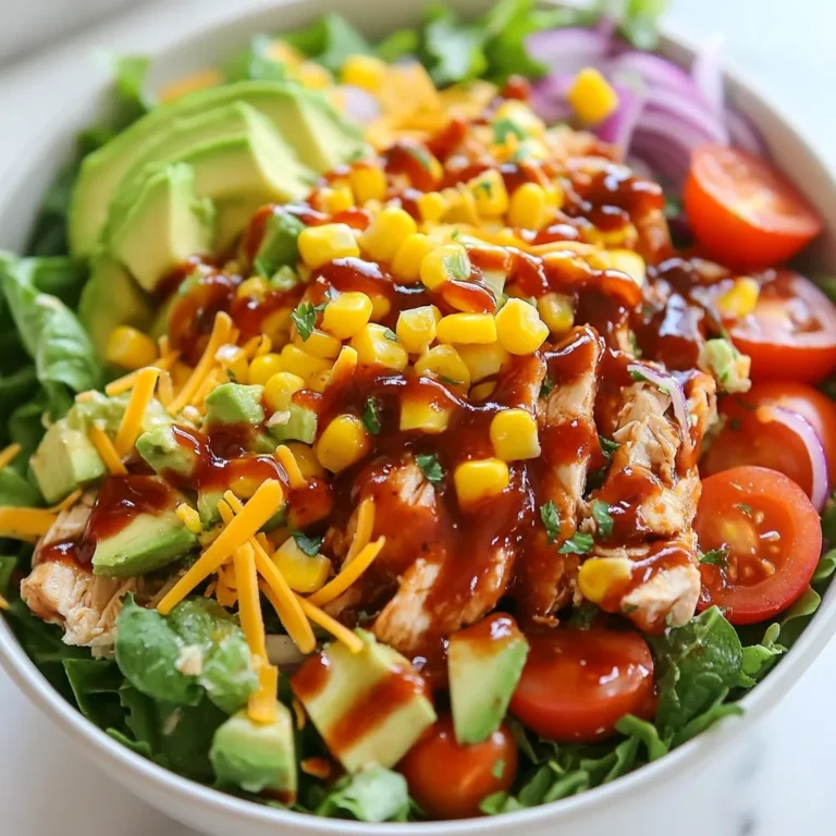 - 2 cups cooked chicken breast, shredded - 4 cups mixed greens (a blend of lettuce, spinach, and arugula) - 1 cup cherry tomatoes, halved - 1 cup corn kernels (fresh, frozen, or roasted) - 1/2 cup shredded cheddar cheese - 1/2 cup ranch dressing - 1/4 cup BBQ sauce (plus extra for drizzling) - 1/2 red onion, thinly sliced - 1 avocado, diced - Salt and pepper to taste - Optional: tortilla chips for an extra crunch Choose fresh ingredients for the best taste. Look for vibrant greens and ripe tomatoes. Using high-quality ranch dressing and BBQ sauce makes a big difference. When selecting chicken, go for organic or free-range for a better flavor. If using frozen corn, thaw it fully before adding to the salad. If you want a lighter option, swap ranch dressing with Greek yogurt. For a cheese alternative, try feta or goat cheese. You can use any cooked protein, like turkey or tofu, instead of chicken. For a gluten-free option, leave out the tortilla chips or use gluten-free chips. If you don’t have red onion, yellow or green onion will work too. {{ingredient_image_2}} To start, take your cooked chicken breast and shred it into bite-sized pieces. You can use leftover chicken or cook some fresh. I like to use BBQ sauce to bring flavor. In a large bowl, mix the shredded chicken with 1/4 cup of BBQ sauce. Add a pinch of salt and pepper to taste. Toss until the chicken is well-coated. This step makes the chicken tasty and ready to shine in your salad. Now, grab a big bowl and lay down 4 cups of mixed greens. This can be a mix of lettuce, spinach, and arugula. Next, arrange 1 cup of halved cherry tomatoes, 1 cup of corn kernels, and 1/2 of a thinly sliced red onion over the greens. Each layer adds bright colors and fresh flavors. Once you have your veggies set, layer the BBQ chicken right in the center. This not only makes it hearty but also looks great. The chicken will be the star of your salad. Next, it’s time for the dressings. Drizzle 1/2 cup of ranch dressing all over the salad. This will add a creamy texture and rich taste. After that, gently add 1 diced avocado and sprinkle 1/2 cup of shredded cheddar cheese on top. These ingredients give the salad a nice creaminess. If you like extra crunch, crush some tortilla chips and sprinkle them on top. Finally, for a sweet and smoky kick, drizzle a bit more BBQ sauce over everything. Toss the salad gently or serve it as is with the dressing on the side. Enjoy every bite of your BBQ Ranch Chicken Salad! To get the best taste, start with fresh ingredients. Fresh greens and ripe tomatoes make a big difference. Use cooked chicken that is juicy and tender. Mix it well with BBQ sauce and season it with salt and pepper. This adds depth to the flavor. Balance the richness of ranch dressing with the sweetness of corn and the zest of red onion. Each bite should burst with flavor. A beautiful salad is all about how you serve it. Use large, shallow bowls to show off the colorful layers. Start with the greens at the bottom. Then, add the colorful toppings like cherry tomatoes and corn. Layer the BBQ chicken in the center for a hearty look. Finish with avocado and cheese on top. For a fun crunch, sprinkle crushed tortilla chips before serving. A drizzle of BBQ sauce adds a nice touch. Using the right tools makes cooking simple. A sharp knife helps to chop the veggies evenly. A large bowl is great for mixing the ingredients. Use a spatula to coat the chicken well in BBQ sauce. A salad spinner can help dry greens quickly. If you want extra crunch, a rolling pin can crush the tortilla chips easily. With these tools, you can cut prep time and enjoy making this salad! Pro Tips Use Rotisserie Chicken: For a quicker prep time, consider using store-bought rotisserie chicken. It’s convenient and adds a wonderful flavor to your salad. Customize Your Greens: Feel free to mix and match your greens! Kale, chard, or even baby spinach can elevate the taste and nutrition of your salad. Fresh versus Frozen Corn: If using frozen corn, make sure to thaw it beforehand for the best texture. Fresh corn provides a crisp bite and vibrant sweetness. Add Some Heat: If you enjoy a kick, toss in some sliced jalapeños or a dash of hot sauce to your BBQ chicken for added flavor and spice. {{image_4}} You can easily make a tasty vegetarian BBQ ranch salad. Start with a mix of greens, like romaine and baby kale. Replace the chicken with grilled portobello mushrooms. The mushrooms add a great texture and flavor. You can also toss in some black beans for protein. Don't forget the cherry tomatoes and corn for sweetness. Top it off with ranch dressing and BBQ sauce. This version is filling and full of taste. If you love heat, try a spicy BBQ ranch chicken salad. Add diced jalapeños to the chicken before mixing in the BBQ sauce. You can also switch the ranch dressing for spicy ranch or add hot sauce. For a kick, sprinkle on some crushed red pepper flakes. This brings a nice zing to each bite. The spicy version is perfect for those who enjoy bold flavors. You can change your BBQ ranch chicken salad with seasonal ingredients. In spring, add fresh peas or asparagus for a crisp bite. In summer, mix in ripe peaches or strawberries for a sweet twist. During fall, try roasted butternut squash for warmth. In winter, pomegranate seeds add a pop of color and flavor. Seasonal ingredients keep your salad fresh and exciting all year long. Store your BBQ Ranch Chicken Salad in an airtight container. This keeps the salad fresh. It’s best to eat it within three days. If you add dressing, it can make the greens soggy. To avoid this, keep the dressing on the side until serving. If you have extra cooked chicken, freeze it for later. Place it in a freezer bag. Remove as much air as possible before sealing. You can freeze it for up to three months. When you’re ready to use it, thaw it overnight in the fridge. This helps keep the chicken juicy. To keep your salad fresh, store the mixed greens separate from other ingredients. Place the greens in a dry container. Add a paper towel to absorb moisture. This prevents wilting. You can also prep the salad ingredients and store them in bags. Assemble the salad just before eating for the best taste. You can use several tasty options instead of ranch dressing. Try blue cheese dressing for a bold flavor. You can also use Greek yogurt mixed with herbs for a creamy touch. If you want a lighter option, try vinaigrette. This adds a tangy twist. Another fun choice is a creamy avocado dressing. It pairs well with the BBQ flavor. Yes, you can make this salad ahead of time. Prepare all the ingredients and store them separately. Keep the BBQ chicken, greens, and toppings in their own containers. This way, they stay fresh. Just combine everything right before serving. If you store it correctly, the salad will taste great. BBQ Ranch Chicken Salad lasts about three days in the fridge. Make sure to keep it in an airtight container. To keep it fresh, avoid mixing the dressing in until you are ready to eat. This helps the greens stay crisp and the flavors stay bright. Enjoy it within this time for the best taste! This post explored the key ingredients for your BBQ Ranch Chicken Salad. I shared tips on quality, substitutes, and step-by-step instructions for perfect preparation. You learned how to enhance flavor, present well, and utilize useful tools. We also discussed tasty variations and smart storage methods. In summary, making this salad can be simple and fun. With a few steps, you can enjoy great meals all week!