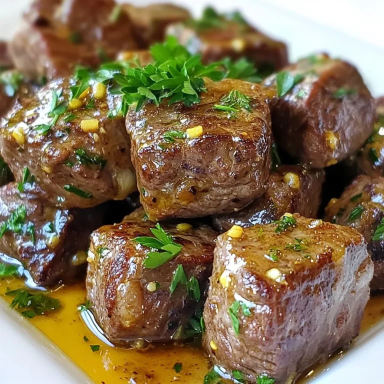 - 1 lb beef sirloin, cut into 1-inch cubes - 4 tablespoons unsalted butter - 4 cloves garlic, finely minced - 2 teaspoons fresh rosemary, finely chopped - 2 teaspoons fresh thyme, finely chopped - 1 teaspoon smoked paprika - Salt and freshly cracked black pepper, to taste - 1 tablespoon olive oil - Chopped fresh parsley, for garnishing Gather these simple ingredients for your garlic butter steak bites. The beef sirloin gives a rich flavor that pairs well with the garlic and herbs. I love using fresh rosemary and thyme; they add a lovely aroma. Smoked paprika brings a touch of warmth. Make sure to use unsalted butter to control the saltiness. Fresh parsley makes a great garnish and adds a pop of color. You can find these ingredients at any grocery store. When you have everything ready, you’ll be set to create a meal that impresses. The combination of garlic, butter, and herbs creates a delightful sauce. This dish is not just easy to make; it’s also full of flavor. Enjoy every bite! {{ingredient_image_2}} Start by patting the beef sirloin cubes dry with paper towels. This step is key. A dry surface helps create a nice crust when cooking. Next, season the beef with salt, freshly cracked black pepper, and smoked paprika. Don’t be shy; coat it well! After seasoning, let the meat rest for about 10 minutes. This allows the flavors to soak in and makes the bites more tasty. For searing, use a large, heavy skillet. I recommend a cast iron skillet for the best results. Heat olive oil over medium-high heat until it shimmers. Place the steak bites in a single layer. Avoid overcrowding the pan. This way, they sear well without steaming. Sear for 2-3 minutes without moving them. You want that rich brown color. After 2-3 minutes, it’s time to flip the steak bites. Use tongs for a gentle turn. Cook for another 2 minutes if you like your steak medium-rare. If you prefer it more done, adjust the time. Remember, timing is key for the perfect doneness. Once your steak bites are seared, lower the heat to medium. Add the unsalted butter, minced garlic, chopped rosemary, and thyme to the skillet. Stir gently as the butter melts. This step is crucial; you want the garlic to be fragrant but not burnt. Cook for about one minute until the aroma fills your kitchen. Now, it’s time to coat the steak bites. Carefully toss them in the garlic butter mixture. Make sure each piece is well-coated and shiny. This adds flavor and richness. Cook for an extra minute so the flavors meld together beautifully. Finally, remove the skillet from heat. Transfer the steak bites to a serving platter. For a nice touch, garnish with freshly chopped parsley. This adds a pop of color and freshness. Serve the steak bites warm to enjoy the best flavor. For garlic butter steak bites, beef sirloin shines. It offers great tenderness and flavor. You can also use ribeye or tenderloin for more richness. Thickness plays a big role in cooking time. Keep your steak cubes at about one inch thick. This size helps them cook evenly and quickly. Marinating makes a big impact on flavor. You can mix olive oil, garlic, and herbs for a simple marinade. Let the steak marinate for at least 30 minutes. This time allows the flavors to soak in deeply. If you can, marinate for a few hours. This extra time will enhance your steak bites even more. Getting the right doneness is key for steak bites. The ideal temperature for medium-rare is 135°F. Use a meat thermometer for best results. Insert it into the center of a steak piece to check. For medium, aim for 145°F. Remember, steak will continue to cook after you take it off the heat. Let it rest for a few minutes to keep it juicy. Pro Tips Rest the Meat: Allow the steak bites to rest for a few minutes after cooking. This helps the juices redistribute, ensuring a more tender and flavorful bite. Use a Cast Iron Skillet: A cast iron skillet retains heat well and creates a perfect sear. If you have one, it’s the best choice for cooking steak bites. Experiment with Herbs: While rosemary and thyme are delicious, feel free to swap in other fresh herbs like oregano or basil to personalize the flavor of your garlic butter sauce. Adjust Seasoning: Taste your garlic butter sauce before coating the steak bites. You can always add more salt, pepper, or even a pinch of red pepper flakes for extra heat! {{image_4}} You can easily change the taste of garlic butter steak bites. Try adding fresh herbs like basil or dill. They give a nice twist. A pinch of crushed red pepper adds some heat. You might enjoy a bit of lemon zest for brightness. For a richer flavor, use garlic herb compound butter instead of plain butter. This makes your dish even more special. If you want to switch up the meat, consider using chicken thighs or shrimp. Both cook well in garlic butter. For a vegetarian option, try using hearty mushrooms. Portobello or cremini mushrooms work great. You can cut them into bite-sized pieces for a similar texture. Pair your steak bites with creamy mashed potatoes or crispy fries. A fresh salad can balance the richness of the butter. For a fun appetizer, serve the steak bites in small cups. Add toothpicks for easy eating. Drizzle extra garlic butter on top for a nice touch. You can also garnish with fresh parsley for color. To keep your garlic butter steak bites fresh, use these steps: - Refrigeration: Store leftover steak bites in an airtight container. This keeps them moist and tasty. The fridge is great for two to three days. - Sealing: Wrap individual portions tightly in plastic wrap. This helps seal in flavor and moisture. When it's time to enjoy your leftovers, follow these tips: - Retaining Flavor: Use low heat to warm the steak bites. This keeps the meat tender and juicy. - Microwave: Place bites in a microwave-safe dish, cover them, and heat for 30 seconds. Check and repeat as needed. - Skillet: Heat a skillet on low, add a bit of butter, and warm the bites for a few minutes. This method adds flavor. You can freeze steak bites for later use: - Cooked vs. Uncooked: Cooked steak bites freeze well. Uncooked bites can also be frozen, but they may lose texture. - Thawing: For best results, thaw in the fridge overnight. This keeps the meat safe and tasty. - Reheating Safely: Reheat thawed steak bites in a skillet or oven to ensure even heating. To make steak bites tender, start with the right cut. I recommend using beef sirloin. This cut is lean yet tender. Next, you can marinate the beef in olive oil and herbs. This helps to break down the meat fibers. Another trick is to pound the meat with a mallet. This method gently breaks the fibers. Finally, always let the beef rest after cooking. This allows the juices to redistribute, giving you a more tender bite. Yes, you can use pre-seasoned steak. This saves time and adds flavor. However, check the salt content. Sometimes pre-seasoned cuts can be too salty. I suggest tasting a small piece before adding more salt. If it tastes good, you’re ready to cook. Just remember to adjust your spices as needed. Garlic butter steak bites go well with many sides. I love serving them with roasted vegetables, like carrots or broccoli. A fresh salad with mixed greens is also a great choice. You can add a light vinaigrette for a nice touch. Mashed potatoes or garlic bread also make excellent pairings. They soak up the delicious garlic butter sauce! You can tell if steak bites are done by their color and firmness. For medium-rare, look for a warm red center. For medium, the center should be pink. Press the steak with your finger. If it feels soft, it is rare. If it feels firm, it is well-done. Cooking time also helps. Aim for about 4-5 minutes total for perfect bites. Yes, you can make garlic butter steak bites in advance. Cook the steak bites and let them cool. After that, store them in an airtight container. They will last in the fridge for about 3 days. When you’re ready to eat, just reheat them in a skillet. Add a little extra butter and garlic for that fresh flavor! This blog post outlined how to create mouthwatering garlic butter steak bites. We discussed essential ingredients, step-by-step instructions, and useful tips. I shared ways to achieve perfect doneness and suggested flavor variations. Remember to choose the right steak cut for the best results. With the right techniques, you can impress anyone with this dish. Enjoy crafting these tasty bites and make them your own. Happy cooking!