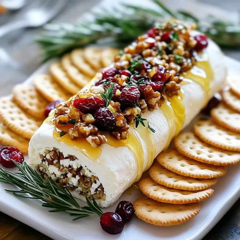 - 8 oz goat cheese, softened to room temperature - 1/2 cup dried cranberries, roughly chopped - 1/2 cup walnuts, finely chopped - 2 tablespoons honey - 1 tablespoon fresh rosemary, finely minced - 1/4 teaspoon sea salt - 1/4 teaspoon freshly ground black pepper - Assorted crackers or sliced baguette, for serving You can add a few more ingredients to make this dish even better. Consider using: - 1 tablespoon orange zest for a bright flavor - A pinch of cayenne pepper for a bit of heat - Chopped fresh thyme for a different herb note These optional items can transform your cheese log into something special. Cranberry Walnut Goat Cheese Log pairs well with many items. Here are some great choices: - Crisp crackers for a nice crunch - Fresh baguette slices to soak up flavors - Sliced apples or pears for a sweet touch - A drizzle of balsamic glaze for added depth I love to present this log with a garnish of rosemary and whole walnuts. It adds a lovely touch and makes it even more inviting. {{ingredient_image_2}} To start, gather your ingredients. You need 8 ounces of goat cheese. Make sure it is soft, as this helps with mixing. Add 2 tablespoons of honey, 1 tablespoon of fresh rosemary, and a pinch of sea salt and black pepper. Use a fork to mix everything in a medium bowl. Keep mixing until it is smooth. Next, take a large piece of plastic wrap. Lay it flat on your counter. Spoon the cheese mixture into the center of the wrap. Carefully lift the edges of the wrap to form a log. Twist the ends of the plastic wrap to keep the shape tight. This helps the log hold together well. Now, place the wrapped log in the fridge. Let it chill for at least 30 minutes. This makes it firm and easier to handle later. While it chills, prepare the coating. In a shallow dish, mix together 1/2 cup of chopped cranberries and 1/2 cup of finely chopped walnuts. Stir them well to combine. After 30 minutes, take the cheese log out of the fridge. Carefully unwrap it from the plastic. Roll the log in the cranberry and walnut mixture. Press gently to make sure the coating sticks. Once coated, place the log on a serving platter. Let it sit for about 10 minutes at room temperature. This helps the flavors blend nicely. Serve your Cranberry Walnut Goat Cheese Log with assorted crackers or sliced baguette. Enjoy the delicious mix of flavors! To get the best texture for your cheese log, start with soft goat cheese. Let it sit at room temperature for about 15 minutes. This makes it easy to mix. Use a fork or spatula to blend in honey, rosemary, salt, and pepper. Mix until smooth. If your log feels too soft, chill it for another 15 minutes. This will help it hold its shape better. Avoid using cold goat cheese. It will not mix well and stay lumpy. Another mistake is not chilling the log long enough. If it is too soft, it will lose its shape when coating. Make sure you coat it evenly. Press the cranberry and walnut mixture gently to help it stick. If you skip this step, the coating may fall off. For a great presentation, place your cheese log on a nice platter. Add some extra rosemary sprigs or whole walnuts around it. This adds color and makes it look fancy. Let the log sit at room temperature for 10 minutes before serving. This helps the flavors mix and makes it easier to slice. Serve it with assorted crackers or sliced baguette for a tasty treat. Pro Tips Use Fresh Ingredients: Opt for fresh rosemary and high-quality goat cheese to elevate the flavors of your cheese log. Customize the Coating: Feel free to experiment with different nuts or dried fruits, such as pecans or apricots, for a unique twist. Chill for Best Results: Ensure your cheese log is properly chilled before serving for a firmer texture that holds its shape better. Presentation Matters: Add colorful garnishes like pomegranate seeds or edible flowers to make your serving platter visually appealing. {{image_4}} You can change the outside of your cheese log to mix things up. Instead of walnuts, try pecans or almonds. Both add a sweet crunch. For dried fruits, use apricots or figs. They give a different taste that pairs well with goat cheese. You can even mix different nuts and fruits for a fun twist. The options are endless, so get creative! Herbs and spices can change the flavor of your cheese log. Fresh thyme or chives give a fresh taste. You could also add a pinch of garlic powder for a savory kick. If you like heat, a dash of cayenne pepper adds a nice warmth. Experiment with these flavors. Adjust them to fit your taste buds, and watch your cheese log become a star at any gathering. The way you serve your cheese log can make it even better! Instead of just crackers or baguette, try fresh veggies like cucumber or bell peppers. They add a crisp bite. You can also serve it with fruit slices, like apples or pears. They bring a sweet balance to the tangy cheese. Don't forget to include some honey or a fruit spread for added flavor. These simple changes can elevate your cheese log experience. To keep your Cranberry Walnut Goat Cheese Log fresh, wrap it tightly in plastic wrap. You can also place it in an airtight container. This helps prevent it from drying out. Store it in the fridge for up to five days. If you want to enjoy it later, freezing is a great option. You can freeze the cheese log for up to three months. First, wrap it well in plastic wrap, then place it in a freezer-safe bag. Make sure to remove as much air as possible to prevent freezer burn. When you're ready to eat it, transfer it to the fridge for 24 hours to thaw slowly. This keeps the texture nice. The cheese log should last up to five days in the fridge if stored properly. If you notice any mold or off smells, it’s best to throw it away. When serving, let it sit at room temperature for about ten minutes. This brings out the flavor and makes it easier to slice. Proper handling will keep your cheese log delicious and safe to eat. You can use cream cheese if you want a milder taste. It gives a creamy texture. Another good choice is feta cheese. Feta adds a salty kick that contrasts with sweet cranberries. Neufchâtel cheese works too. It's similar to cream cheese but has less fat. Each option will change the flavor, so choose what you like best. The cheese log lasts about five days in the fridge. It stays fresh if you wrap it well. Use plastic wrap or an airtight container. After a few days, the flavors mix more, which can be nice. Just check for any mold or off smells before you eat it. Yes, you can make this cheese log ahead of time. It’s perfect for parties or gatherings. You can prepare it a day or two in advance. Just keep it in the fridge until you are ready to serve. Take it out about ten minutes before serving. This lets the flavors shine more. In this blog post, we explored how to make a delicious Cranberry Walnut Goat Cheese Log. We discussed key ingredients and shared tips for mixing, shaping, and serving. You learned about flavor variations and storing leftovers properly. This easy recipe adds fun to any gathering. With a few simple steps, you can impress your guests. So, gather your ingredients and get started. Enjoy every tasty bite!