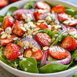 - 4 cups fresh baby spinach leaves - 2 cups juicy strawberries, hulled and elegantly sliced - 1/2 cup red onion, thinly sliced for a delightful crunch - 1/2 cup slivered almonds, toasted to perfection - 1/4 cup feta cheese, crumbled (optional for a creamy touch) - 1/4 cup high-quality olive oil - 2 tablespoons apple cider vinegar for a tangy kick - 1 tablespoon honey to balance flavors - 1 teaspoon Dijon mustard for depth - 1 tablespoon poppy seeds to add a delightful texture - Salt and pepper to taste for seasoning This salad is all about freshness and flavor. I love using fresh baby spinach. It gives the salad a vibrant base. Juicy strawberries add a pop of color and sweetness. The red onion provides a nice crunch and sharpness. For a nutty twist, I use slivered almonds. They should be toasted lightly for the best flavor. If you want a creamy touch, sprinkle in some feta cheese. For the dressing, I keep it simple yet tasty. High-quality olive oil makes a huge difference. Apple cider vinegar adds a tangy note that brightens the salad. Honey brings in sweetness, balancing out the flavors. Dijon mustard adds warmth and depth. Poppy seeds give a delightful crunch. Don’t forget to season with salt and pepper! These ingredients work together to create a refreshing dish that is full of life. Plus, this salad is quick to make, perfect for busy days! {{ingredient_image_2}} - First, grab a large bowl. Add 4 cups of fresh baby spinach leaves. - Next, layer 2 cups of sliced strawberries on top of the spinach. - Add 1/2 cup of thinly sliced red onion for a crunchy bite. - Take 1/2 cup of slivered almonds and place them in a small skillet. - Heat the skillet on medium. Stir the almonds often for about 3-4 minutes. - Watch them closely to avoid burning. They should turn golden brown when done. - In a separate bowl, whisk together 1/4 cup of olive oil and 2 tablespoons of apple cider vinegar. - Add 1 tablespoon of honey and 1 teaspoon of Dijon mustard for flavor. - Toss in 1 tablespoon of poppy seeds, plus salt and pepper to taste. - Blend everything until smooth and the flavors mix well. - Once the almonds cool, sprinkle them over the salad. - If you like, add 1/4 cup of crumbled feta cheese for creaminess. - Drizzle the poppyseed dressing over the top. - Toss the salad gently to coat all the ingredients without bruising them. - Use a large, shallow bowl for a beautiful display. - Garnish with strawberry halves for a pop of color. - Sprinkle extra poppy seeds on top for a nice touch. - Consider adding goat cheese for creaminess. - Top with crispy bacon for a savory twist. - Adjust sweetness by adding more honey if needed. - Add more apple cider vinegar for a tangy kick. - Serve this salad at summer picnics or barbecues. - Great as a light lunch on warm days. - Pair with grilled chicken for a complete meal. - Enjoy with fish for a fresh seafood feast. Pro Tips Use Fresh Ingredients: For the best flavor, always opt for the freshest spinach and strawberries available. Locally sourced or in-season produce will make your salad taste even better. Customize Your Nuts: Feel free to experiment with different types of nuts such as walnuts or pecans to add a unique flavor profile to your salad. Make Ahead Tips: If preparing in advance, store the dressing separately and add it just before serving to keep the spinach crisp and fresh. Dress for Success: When tossing the salad, start with a small amount of dressing and add more as needed. This prevents overdressing and allows you to control the flavor intensity. {{image_4}} You can change this salad with fresh fruits all year long. In spring, try adding sliced peaches or cherries. In summer, blueberries or raspberries work well. Fall brings apples or pears, while winter can feature citrus fruits like oranges. You can also switch the greens in this salad. Try kale or arugula for a different taste. Both add a nice texture and flavor. If you want a vegan version, skip the feta cheese. Use maple syrup instead of honey to keep it plant-based. For a gluten-free option, ensure the Dijon mustard and any other ingredients you use are gluten-free. If you have nut allergies, you can replace almonds with sunflower seeds or pumpkin seeds. These still give a nice crunch. You can play with different nuts in this salad. Walnuts or pecans add a rich taste. If you want to change the cheese, try goat cheese or skip it entirely for a lighter salad. Infusing the dressing with herbs can elevate the flavor. Fresh basil or mint adds a unique spin. Just chop them finely and mix them in. This small change can make your salad feel new and exciting. To keep your Strawberry Spinach Salad fresh, store it in an airtight container. This prevents air from making the salad soggy. If you have leftover dressing, store it separately. This helps keep the salad crisp. Glass or plastic containers work well. Make sure they seal tightly to avoid spills. In the fridge, your salad will stay fresh for about 1-2 days. After that, the spinach can wilt and the strawberries might spoil. Look for signs of spoilage like brown leaves or mushy strawberries. If you see these signs, it’s best to toss the salad. Always check before eating leftovers for safety. Yes, you can prepare this salad ahead of time. I suggest making it no more than a few hours in advance. This helps keep the spinach crisp. You can mix all the ingredients, except for the dressing. Store the salad in the fridge until you're ready to serve. Add the dressing just before serving to keep it fresh. If you don't have poppy seeds, you can try using sesame seeds. They add a nice crunch and flavor. Chopped nuts like walnuts or sunflower seeds also work well. These options keep your salad tasty and interesting. Absolutely! You can add protein to your salad. Grilled chicken, chickpeas, or even hard-boiled eggs are great choices. These additions make the salad heartier and can turn it into a full meal. You can easily tweak the dressing to fit your taste. If you want it sweeter, add more honey. For more tang, increase the apple cider vinegar. Taste as you mix to find the perfect balance. This way, your dressing will match your preference perfectly. This salad recipe brings fresh ingredients and vibrant flavors together. You learned how to prepare the base, toast almonds, and create a delicious poppyseed dressing. I shared tips for serving and ways to customize the dish. Remember, you can adapt this salad by adding seasonal fruits or dietary options. Enjoy making it your own! This salad can brighten any meal and is fun to serve. Keep it fresh and tasty with proper storage, and dig into this delightful dish anytime you want a healthy treat!